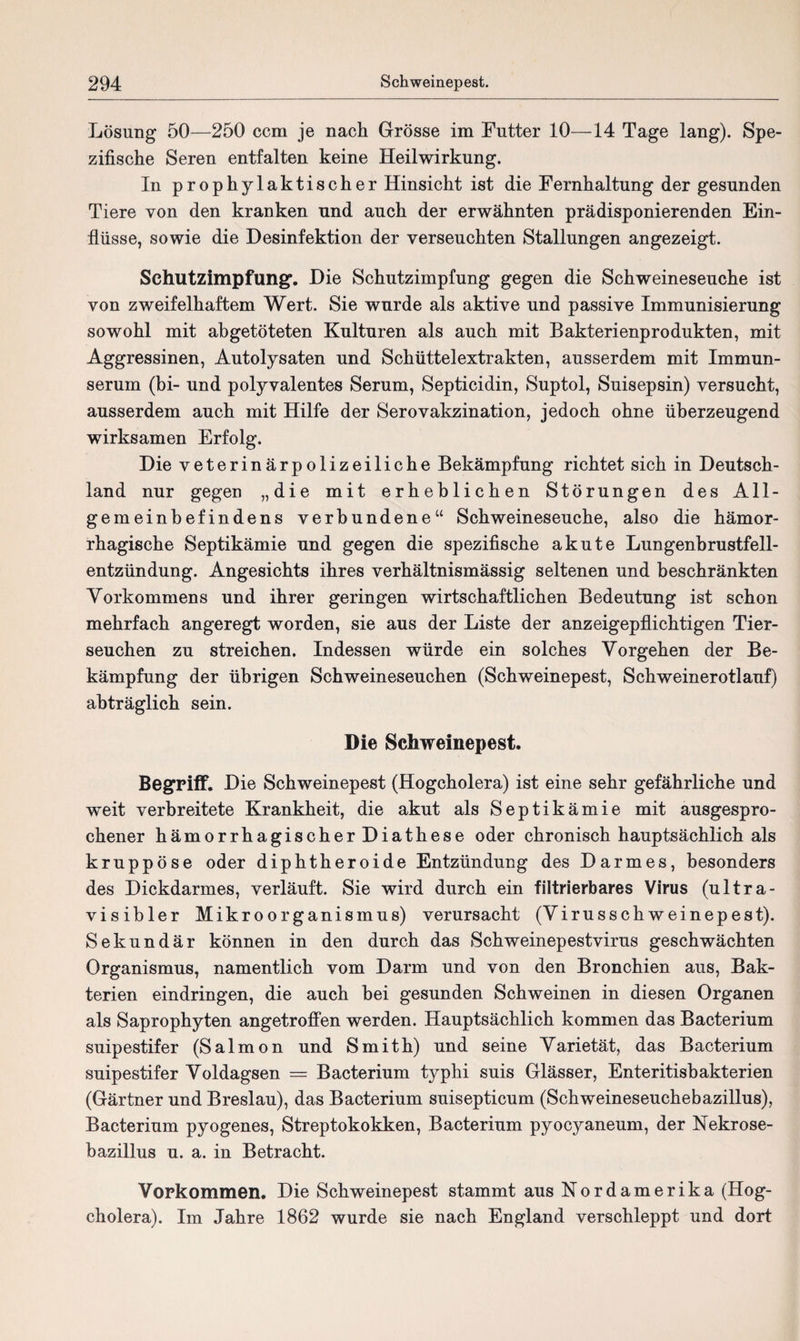 Lösung 50—250 ccm je nach Grösse im Futter 10—14 Tage lang). Spe¬ zifische Seren entfalten keine Heilwirkung. In prophylaktischer Hinsicht ist die Fernhaltung der gesunden Tiere von den kranken und auch der erwähnten prädisponierenden Ein¬ flüsse, sowie die Desinfektion der verseuchten Stallungen angezeigt. Schutzimpfung’. Die Schutzimpfung gegen die Schweineseuche ist von zweifelhaftem Wert. Sie wurde als aktive und passive Immunisierung sowohl mit abgetöteten Kulturen als auch mit Bakterienprodukten, mit Aggressinen, Autolysaten und Schüttelextrakten, ausserdem mit Immun¬ serum (bi- und polyvalentes Serum, Septicidin, Suptol, Suisepsin) versucht, ausserdem auch mit Hilfe der Serovakzination, jedoch ohne überzeugend wirksamen Erfolg. Die veterinärpolizeiliche Bekämpfung richtet sich in Deutsch¬ land nur gegen „die mit erheblichen Störungen des All¬ gemeinbefindens verbundene“ Schweineseuche, also die hämor¬ rhagische Septikämie und gegen die spezifische akute Lungenbrustfell¬ entzündung. Angesichts ihres verhältnismässig seltenen und beschränkten Vorkommens und ihrer geringen wirtschaftlichen Bedeutung ist schon mehrfach angeregt worden, sie aus der Liste der anzeigepflichtigen Tier¬ seuchen zu streichen. Indessen würde ein solches Vorgehen der Be¬ kämpfung der übrigen Schweineseuchen (Schweinepest, Schweinerotlauf) abträglich sein. Die Schweinepest. Begriff. Die Schweinepest (Hogcholera) ist eine sehr gefährliche und weit verbreitete Krankheit, die akut als Septikämie mit ausgespro¬ chener hämorrhagischerDiathese oder chronisch hauptsächlich als kruppöse oder diphtheroide Entzündung des Darmes, besonders des Dickdarmes, verläuft. Sie wird durch ein filtrierbares Virus (ultra- visibler Mikroorganismus) verursacht (Virusschweinepest). Sekundär können in den durch das Schweinepestvirus geschwächten Organismus, namentlich vom Darm und von den Bronchien aus, Bak¬ terien eindringen, die auch hei gesunden Schweinen in diesen Organen als Saprophyten angetroffen werden. Hauptsächlich kommen das Bacterium suipestifer (Salmon und Smith) und seine Varietät, das Bacterium suipestifer Voldagsen = Bacterium typhi suis Glässer, Enteritisbakterien (Gärtner und Breslau), das Bacterium suisepticum (Schweineseuchebazillus), Bacterium pyogenes, Streptokokken, Bacterium pyocyaneum, der Nekrose¬ bazillus u. a. in Betracht. Vorkommen. Die Schweinepest stammt aus Nordamerika (Hog¬ cholera). Im Jahre 1862 wurde sie nach England verschleppt und dort