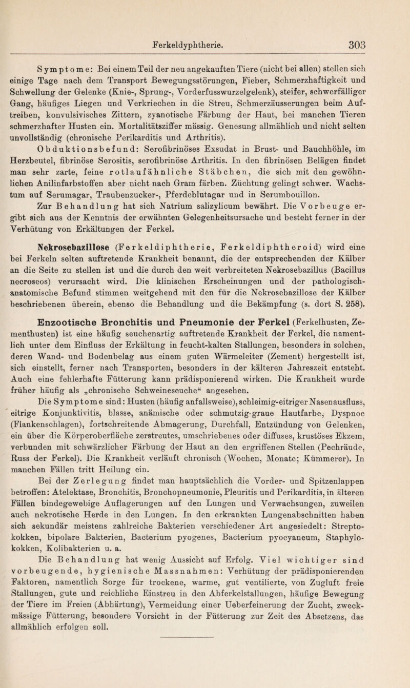 Symptome: Bei einem Teil der neu angekauften Tiere (nicht bei allen) stellen sich einige Tage nach dem Transport Bewegungsstörungen, Fieber, Schmerzhaftigkeit und Schwellung der Gelenke (Knie-, Sprung-, Vorderfusswurzelgelenk), steifer, schwerfälliger Gang, häufiges Liegen und Verkriechen in die Streu, Schmerzäusserungen beim Auf¬ treiben, konvulsivisches Zittern, zyanotische Färbung der Haut, bei manchen Tieren schmerzhafter Husten ein. Mortalitätsziffer mässig. Genesung allmählich und nicht selten unvollständig (chronische Perikarditis und Arthritis). Obduktionsbefund: Serofibrinöses Exsudat in Brust- und Bauchhöhle, im Herzbeutel, fibrinöse Serositis, serofibrinöse Arthritis. In den fibrinösen Belägen findet man sehr zarte, feine rotlaufähnliche Stäbchen, die sich mit den gewöhn¬ lichen Anilinfarbstoffen aber nicht nach Gram färben. Züchtung gelingt schwer. Wachs¬ tum auf Serumagar, Traubenzucker-, Pferdeblutagar und in Serumbouillon. Zur Behandlung hat sich Natrium salizylicum bewährt. Die Vorbeuge er¬ gibt sich aus der Kenntnis der erwähnten Gelegenheitsursache und besteht ferner in der Verhütung von Erkältungen der Ferkel. Nekrosebazillose (Ferkeldiphtherie, Ferkeldiphtheroid) wird eine bei Ferkeln selten auftretende Krankheit benannt, die der entsprechenden der Kälber an die Seite zu stellen ist und die durch den weit verbreiteten Nekrosebazillus (Bacillus necroseos) verursacht wird. Die klinischen Erscheinungen und der pathologisch¬ anatomische Befund stimmen weitgehend mit den für die Nekrosebazillose der Kälber beschriebenen überein, ebenso die Behandlung und die Bekämpfung (s. dort S. 258). Enzootische Bronchitis und Pneumonie der Ferkel (Ferkelhusten, Ze¬ menthusten) ist eine häufig seuchenartig auftretende Krankheit der Ferkel, die nament¬ lich unter dem Einfluss der Erkältung in feucht-kalten Stallungen, besonders in solcher, deren Wand- und Bodenbelag aus einem guten Wärmeleiter (Zement) hergestellt ist, sich einstellt, ferner nach Transporten, besonders in der kälteren Jahreszeit entsteht. Auch eine fehlerhafte Fütterung kann prädisponierend wirken. Die Krankheit wurde früher häufig als „chronische Schweineseuche“ angesehen. Die Symptome sind: Husten (häufig anfallsweise), schleimig-eitriger Nasenausfluss, eitrige Konjunktivitis, blasse, anämische oder schmutzig-graue Hautfarbe, Dyspnoe (Flankenschlagen), fortschreitende Abmagerung, Durchfall, Entzündung von Gelenken, ein über die Körperoberfläche zerstreutes, umschriebenes oder diffuses, krustÖses Ekzem, verbunden mit schwärzlicher Färbung der Haut an den ergriffenen Stellen (Pechräude, Kuss der Ferkel). Die Krankheit verläuft chronisch (Wochen, Monate; Kümmerer). In manchen Fällen tritt Heilung ein. Bei der Zerlegung findet man hauptsächlich die Vorder- und Spitzenlappen betroffen: Atelektase, Bronchitis, Bronchopneumonie, Pleuritis und Perikarditis, in älteren Fällen bindegewebige Auflagerungen auf den Lungen und Verwachsungen, zuweilen auch nekrotische Herde in den Lungen. In den erkrankten Lungenabschnitten haben sich sekundär meistens zahlreiche Bakterien verschiedener Art angesiedelt: Strepto¬ kokken, bipolare Bakterien, Bacterium pyogenes, Bacterium pyocyaneum, Staphylo¬ kokken, Kolibakterien u. a. Die Behandlung hat wenig Aussicht auf Erfolg. Viel wichtiger sind vorbeugende, hygienische Massnahmen: Verhütung der prädisponierenden Faktoren, namentlich Sorge für trockene, warme, gut ventilierte, von Zugluft freie Stallungen, gute und reichliche Einstreu in den Abferkelstallungen, häufige Bewegung der Tiere im Freien (Abhärtung), Vermeidung einer Ueberfeinerung der Zucht, zweck¬ mässige Fütterung, besondere Vorsicht in der Fütterung zur Zeit des Absetzens, das allmählich erfolgen soll.