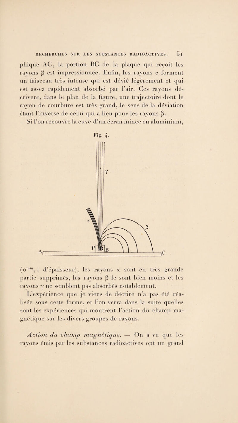 phique AC, la portion BC de la plaque qui reçoit les rayons [3 est impressionnée. Enfin, les rayons a forment un faisceau très intense qui est dévié légèrement et qui est assez rapidement absorbé par l’air. Ces rayons dé¬ crivent, dans le plan de la figure, une trajectoire dont le rayon de courbure est très grand, le sens de la déviation étant J'inverse de celui qui a lieu pour les rayons [3. Si l’on recouvre la cuve d’un écran mince en aluminium, Fig. 4. (olnni, i d’épaisseur), les rayons a sont en très grande partie supprimés, les rayons [3 le sont bien moins et les rayons y ne semblent pas absorbés notablement. L’expérience que je viens de décrire n’a pas été réa¬ lisée sous cette forme, et l’on verra dans la suite quelles sont les expériences qui montrent l’action du champ ma¬ gnétique sur les divers groupes de rayons. Action cia champ magnétique. — On a vu que les rayons émis par les substances radioactives ont un grand