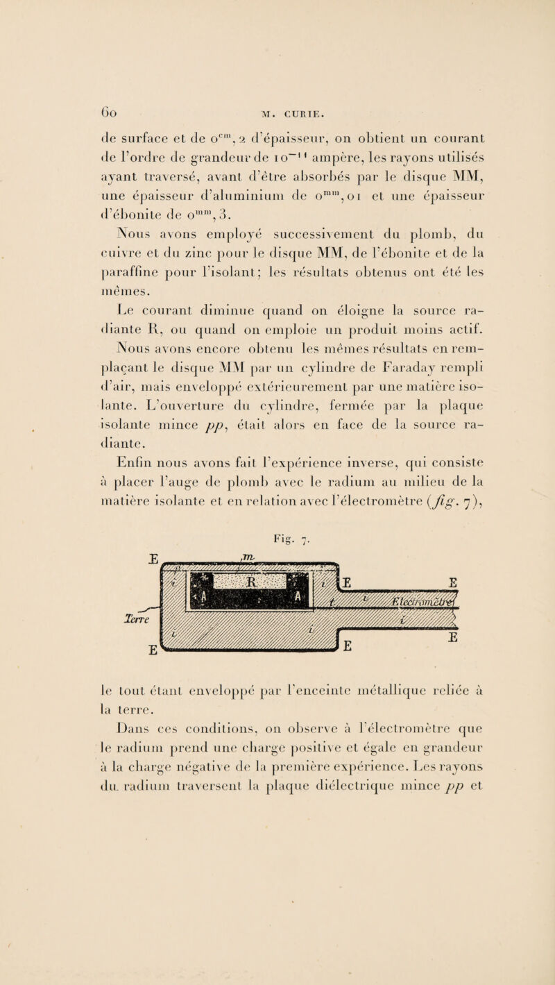 de surface et de ocl,2 d’épaisseur, on obtient un courant de l’ordre de grandeur de io-1 ’ ampère, les rayons utilisés ayant traversé, avant d’être absorbés par le disque MM, une épaisseur d’aluminium de omm,oi et une épaisseur d’ébonite de omnî,3. Nous avons employé successivement du plomb, du cuivre et du zinc pour le disque MM, de l’ébonite et de la paraffine pour l’isolant; les résultats obtenus ont été les mêmes. Le courant diminue quand on éloigne la source ra¬ diante R, ou quand on emploie un produit moins actif. Nous avons encore obtenu les mêmes résultats en rem¬ plaçant le disque MM par un cylindre de Faraday rempli d’air, mais enveloppé extérieurement par une matière iso¬ lante. L’ouverture du cylindre, fermée par la plaque isolante mince pp, était alors en face de la source ra¬ diante. Enfin nous avons fait l’expérience inverse, qui consiste à placer l’auge de plomb avec le radium au milieu de la matière isolante et en relation avec l’électromètre (fig* 7), la terre. Dans ces conditions, on observe à l’électromètre que le radium prend une charge positive et égale en grandeur à la charge négative de la première expérience. Les rayons du. radium traversent la plaque diélectrique mince pp et