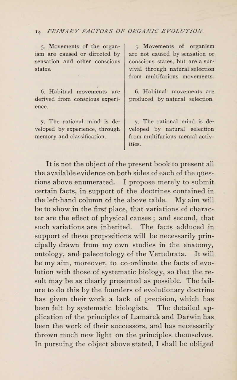 5. Movements of the organ¬ ism are caused or directed by sensation and other conscious states. 6. Habitual movements are derived from conscious experi¬ ence. 7. The rational mind is de¬ veloped by experience, through memory and classification. 5. Movements of organism are not caused by sensation or conscious states, but are a sur¬ vival through natural selection from multifarious movements. 6. Habitual movements are produced by natural selection. 7. The rational mind is de¬ veloped by natural selection from multifarious mental activ¬ ities. It is not the object of the present book to present all the available evidence on both sides of each of the ques¬ tions above enumerated. I propose merely to submit certain facts, in support of the doctrines contained in the left-hand column of the above table. My aim will be to show in the first place, that variations of charac¬ ter are the effect of physical causes ; and second, that such variations are inherited. The facts adduced in support of these propositions will be necessarily prin¬ cipally drawn from my own studies in the anatomy, ontology, and paleontology of the Vertebrata. It will be my aim, moreover, to co-ordinate the facts of evo¬ lution with those of systematic biology, so that the re¬ sult may be as clearly presented as possible. The fail¬ ure to do this by the founders of evolutionary doctrine has given their work a lack of precision, which has been felt by systematic biologists. The detailed ap¬ plication of the principles of Lamarck and Darwin has been the work of their successors, and has necessarily thrown much new light on the principles themselves. In pursuing the object above stated, I shall be obliged