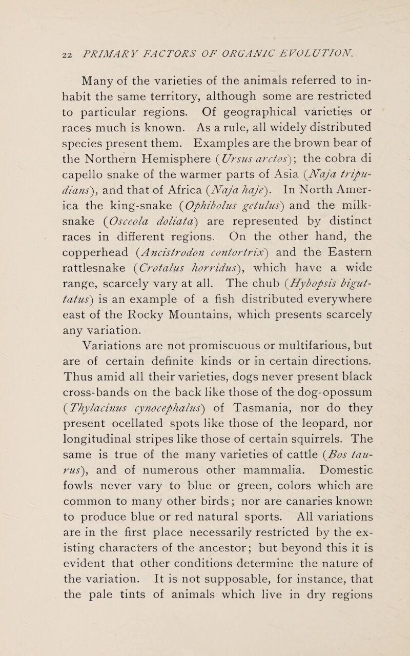 Many of the varieties of the animals referred to in¬ habit the same territory, although some are restricted to particular regions. Of geographical varieties or races much is known. As a rule, all widely distributed species present them. Examples are the brown bear of the Northern Hemisphere (Ursus arctos); the cobra di capello snake of the warmer parts of Asia i^Naja tripu- dians), and that of Africa (Naja haje). In North Amer¬ ica the king-snake (Ophibolus get ulus') and the milk- snake (Osceola doliata) are represented by distinct races in different regions. On the other hand, the copperhead (Ancistrodon contortrix) and the Eastern rattlesnake (Crotalus horridus), which have a wide range, scarcely vary at all. The chub (Hybopsis bigut- tatus) is an example of a fish distributed everywhere east of the Rocky Mountains, which presents scarcely any variation. Variations are not promiscuous or multifarious, but are of certain definite kinds or in certain directions. Thus amid all their varieties, dogs never present black cross-bands on the back like those of the dog-opossum (.Thylacinus cynocephalus) of Tasmania, nor do they present ocellated spots like those of the leopard, nor longitudinal stripes like those of certain squirrels. The same is true of the many varieties of cattle {Bos tau- rus), and of numerous other mammalia. Domestic fowls never vary to blue or green, colors which are common to many other birds; nor are canaries known to produce blue or red natural sports. All variations are in the first place necessarily restricted by the ex¬ isting characters of the ancestor; but beyond this it is evident that other conditions determine the nature of the variation. It is not supposable, for instance, that the pale tints of animals which live in dry regions