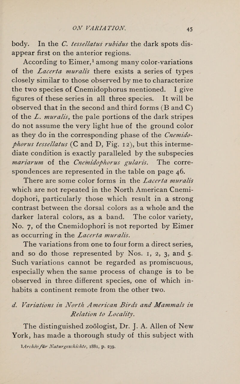 body. In the C. tessellatus rubidus the dark spots dis¬ appear first on the anterior regions. According to Eimer,1 among many color-variations of the Lacerta muralis there exists a series of types closely similar to those observed by me to characterize the two species of Cnemidophorus mentioned. I give figures of these series in all three species. It will be observed that in the second and third forms (B and C) of the L. muralis, the pale portions of the dark stripes do not assume the very light hue of the ground color as they do in the corresponding phase of the Cnemido¬ phorus tessellatus (C and D, Fig. 12), but this interme¬ diate condition is exactly paralleled by the subspecies mariarum of the Cnemidophorus gularis. The corre¬ spondences are represented in the table on page 46. There are some color forms in the Lacerta muralis which are not repeated in the North American Cnemi- dophori, particularly those which result in a strong contrast between the dorsal colors as a whole and the darker lateral colors, as a band. The color variety, No. 7, of the Cnemidophori is not reported by Eimer as occurring in the Lacerta muralis. The variations from one to four form a direct series, and so do those represented by Nos. 1, 2, 3, and 5. Such variations cannot be regarded as promiscuous, especially when the same process of change is to be observed in three different species, one of which in¬ habits a continent remote from the other two. d. Variations in North American Birds and Mammals in Relation to Locality. The distinguished zoologist, Dr. J. A. Allen of New York, has made a thorough study of this subject with \Archiv fur Naturgeschichte, 1881, p. 239.