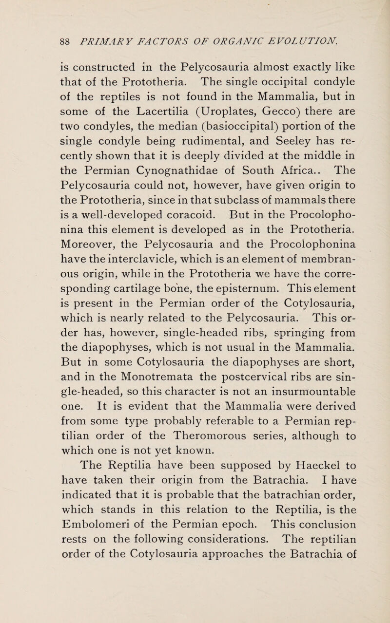 is constructed in the Pelycosauria almost exactly like that of the Prototheria. The single occipital condyle of the reptiles is not found in the Mammalia, but in some of the Lacertilia (Uroplates, Gecco) there are two condyles, the median (basioccipital) portion of the single condyle being rudimental, and Seeley has re¬ cently shown that it is deeply divided at the middle in the Permian Cynognathidae of South Africa.. The Pelycosauria could not, however, have given origin to the Prototheria, since in that subclass of mammals there is a well-developed coracoid. But in the Procolopho- nina this element is developed as in the Prototheria. Moreover, the Pelycosauria and the Procolophonina have the interclavicle, which is an element of membran¬ ous origin, while in the Prototheria we have the corre¬ sponding cartilage bone, the episternum. This element is present in the Permian order of the Cotylosauria, which is nearly related to the Pelycosauria. This or¬ der has, however, single-headed ribs, springing from the diapophyses, which is not usual in the Mammalia. But in some Cotylosauria the diapophyses are short, and in the Monotremata the postcervical ribs are sin¬ gle-headed, so this character is not an insurmountable one. It is evident that the Mammalia were derived from some type probably referable to a Permian rep¬ tilian order of the Theromorous series, although to which one is not yet known. The Reptilia have been supposed by Haeckel to have taken their origin from the Batrachia. I have indicated that it is probable that the batrachian order, which stands in this relation to the Reptilia, is the Embolomeri of the Permian epoch. This conclusion rests on the following considerations. The reptilian order of the Cotylosauria approaches the Batrachia of