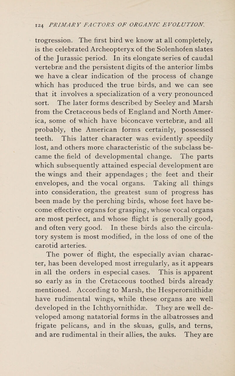 trogression. The first bird we know at all completely, is the celebrated Archeopteryx of the Solenhofen slates of the Jurassic period. In its elongate series of caudal vertebrae and the persistent digits of the anterior limbs we have a clear indication of the process of change which has produced the true birds, and we can see that it involves a specialization of a very pronounced sort. The later forms described by Seeley and Marsh from the Cretaceous beds of England and North Amer¬ ica, some of which have biconcave vertebrae, and all probably, the American forms certainly, possessed teeth. This latter character was evidently speedily lost, and others more characteristic of the subclass be¬ came the field of developmental change. The parts which subsequently attained especial development are the wings and their appendages; the feet and their envelopes, and the vocal organs. Taking all things into consideration, the greatest sum of progress has been made by the perching birds, whose feet have be¬ come effective organs for grasping, whose vocal organs are most perfect, and whose flight is generally good, and often very good. In these birds also the circula¬ tory system is most modified, in the loss of one of the carotid arteries. The power of flight, the especially avian charac¬ ter, has been developed most irregularly, as it appears in all the orders in especial cases. This is apparent so early as in the Cretaceous toothed birds already mentioned. According to Marsh, the Hesperornithidae have rudimental wings, while these organs are well developed in the Ichthyornithidae. They are well de¬ veloped among natatorial forms in the albatrosses and frigate pelicans, and in the skuas, gulls, and terns, and are rudimental in their allies, the auks. They are