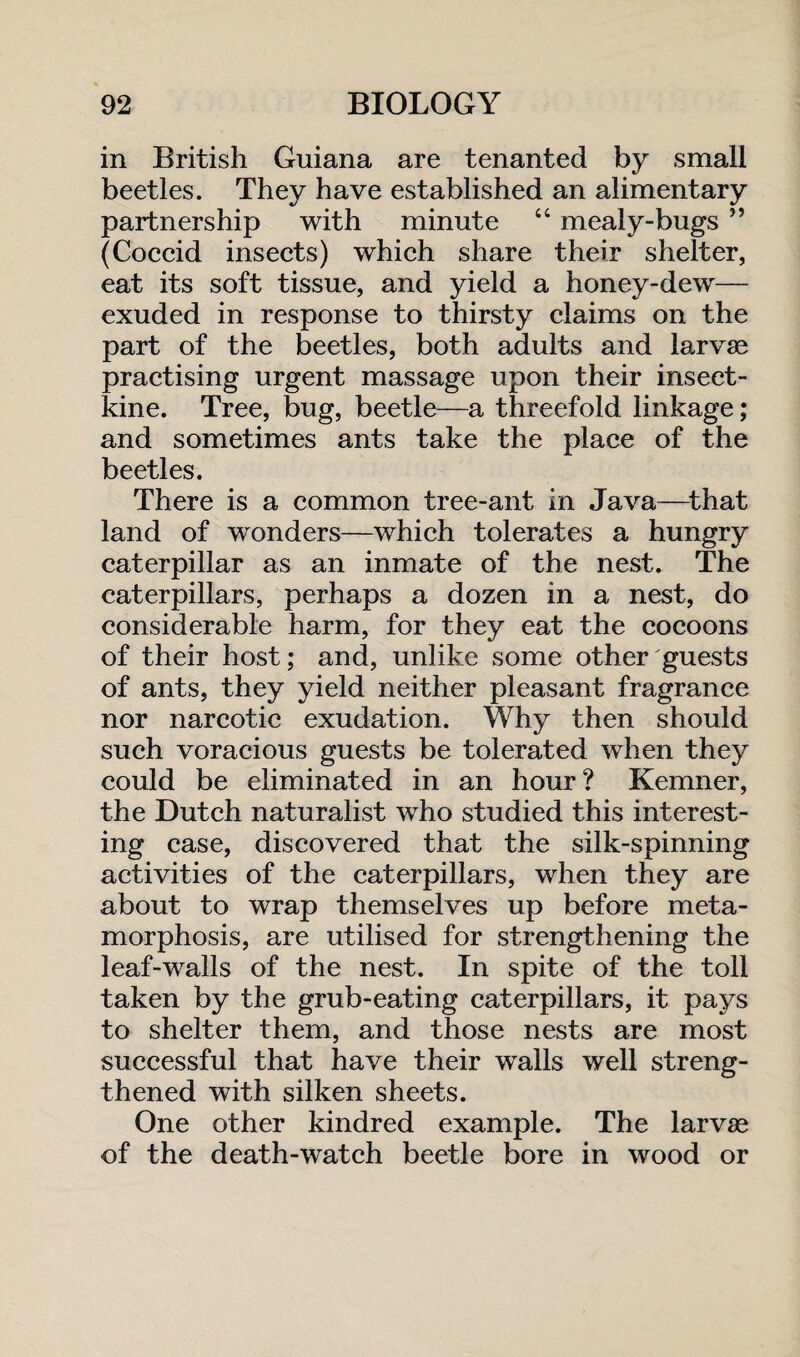in British Guiana are tenanted by small beetles. They have established an alimentary partnership with minute “ mealy-bugs ” (Coccid insects) which share their shelter, eat its soft tissue, and yield a honey-dew— exuded in response to thirsty claims on the part of the beetles, both adults and larvae practising urgent massage upon their insect- kine. Tree, bug, beetle—a threefold linkage; and sometimes ants take the place of the beetles. There is a common tree-ant in Java—that land of wonders—which tolerates a hungry caterpillar as an inmate of the nest. The caterpillars, perhaps a dozen in a nest, do considerable harm, for they eat the cocoons of their host; and, unlike some other guests of ants, they yield neither pleasant fragrance nor narcotic exudation. Why then should such voracious guests be tolerated when they could be eliminated in an hour? Kemner, the Dutch naturalist who studied this interest¬ ing case, discovered that the silk-spinning activities of the caterpillars, when they are about to wrap themselves up before meta¬ morphosis, are utilised for strengthening the leaf-walls of the nest. In spite of the toll taken by the grub-eating caterpillars, it pays to shelter them, and those nests are most successful that have their walls well streng¬ thened with silken sheets. One other kindred example. The larvae of the death-watch beetle bore in wood or