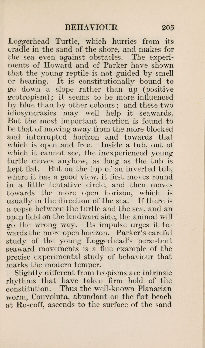 Loggerhead Turtle, which hurries from its cradle in the sand of the shore, and makes for the sea even against obstacles. The experi¬ ments of Howard and of Parker have shown that the young reptile is not guided by smell or hearing. It is constitutionally bound to go down a slope rather than up (positive geotropism); it seems to be more influenced by blue than by other colours; and these two idiosyncrasies may well help it seawards. But the most important reaction is found to be that of moving away from the more blocked and interrupted horizon and towards that which is open and free. Inside a tub, out of which it cannot see, the inexperienced young turtle moves anyhow, as long as the tub is kept flat. But on the top of an inverted tub, where it has a good view, it first moves round in a little tentative circle, and then moves towards the more open horizon, which is usually in the direction of the sea. If there is a copse between the turtle and the sea, and an open field on the landward side, the animal will go the wrong way. Its impulse urges it to¬ wards the more open horizon. Parker’s careful study of the young Loggerhead’s persistent seaward movements is a fine example of the precise experimental study of behaviour that marks the modern temper. Slightly different from tropisms are intrinsic rhythms that have taken firm hold of the constitution. Thus the well-known Planarian worm, Convoluta, abundant on the flat beach at Roscoff, ascends to the surface of the sand
