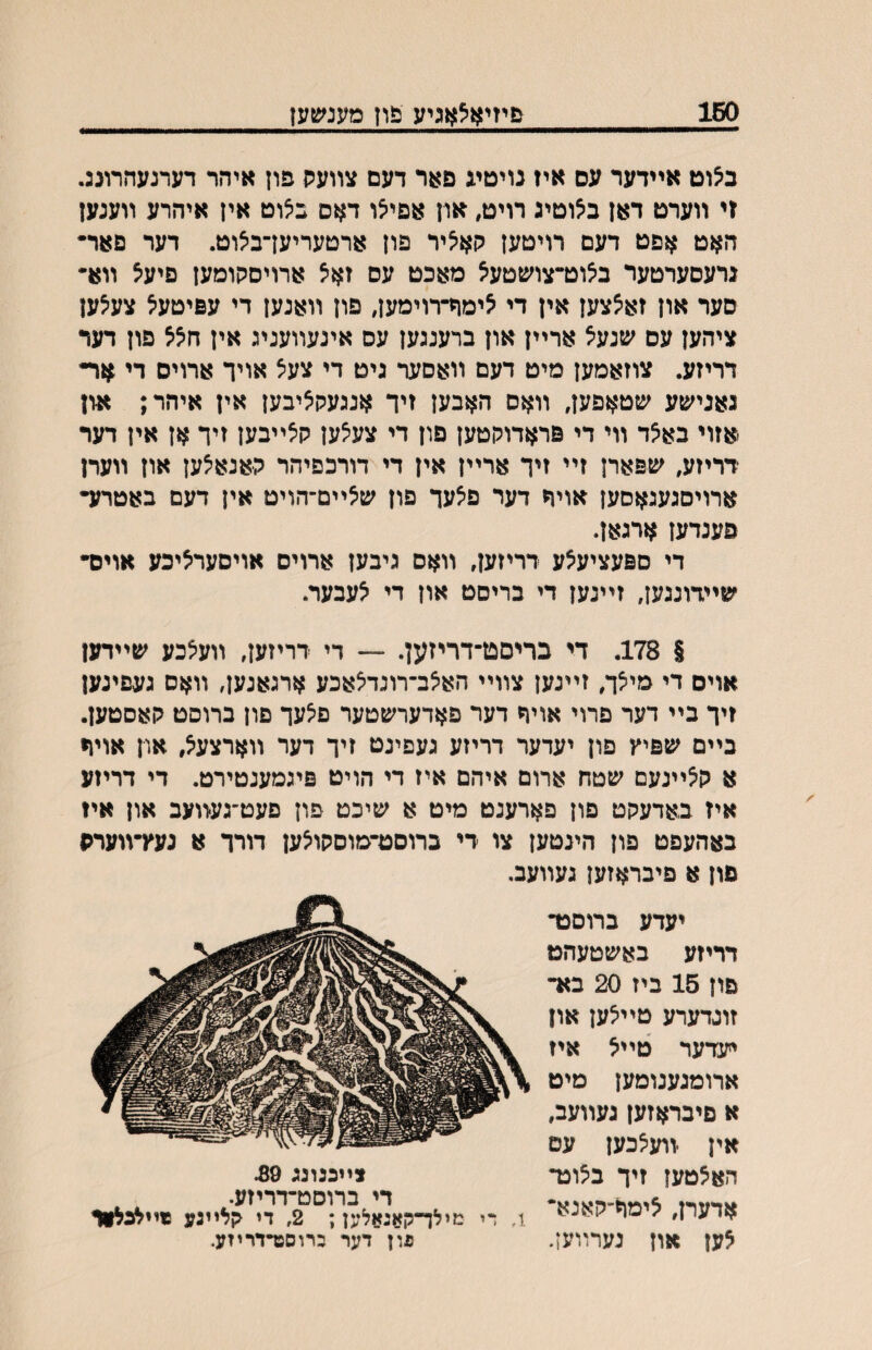 160 פיזיא״צאגיע פון מעגשעז בצוט אײדער עס איז נויטיג פאר דעם צװערן פון איהר דערנעהרוננ. זי װערט דאז ב^וטיג דויט״ אוז אםייצו דאס ב^וט איז איהרע װענעז האט אפט דעם רויטעז קא^יר פוז ארטעריעךביצוט. דער םאר• גרעסערטער בצוט־צושטעא מאכט עס זאיצ ארויסקומעז םיעצ װא• םער אוז זאצצעז איז די ^ימר־רוימעז, פוז װאנעז די עפיטעיצ צעיצעז ציהעז עם שנעיצ ארײז און ברענגעז עם אינעװעניג אין פוז דעד דריזע. צוזאמעז מיט דעם װאםער גיט די צעיצ אויך ארויס די גאנישע שטאפען, װאס האבעז זיך אנגעק^יבעז אין איהר; >זון אזוי בא^ד װי די פראדוקטעז פון די צע^עז קצײבעז זיד אז איז דער דריזע, שפארן זײ זיד ארײז איז די דורכפיהר קאנאיצען אוז װעח ארויםגעגאםעז אויח דער פיצעך פון שאײם־הויט אין דעם באטרע• פענדעז ארגאן. די םפעציע^ע דריזען, װאס גיבעז ארויס אויסערציכע אויס• שײדונגען, זײנען די בריםט און די ^עבער. § 178. די כריםט־דריזען. ־־־־ די דריזען, װעיצכע שײדען אוים די מי^ך, זײנעז צװײ הא^ב־רונדיצאכע ארגאנעז, װאס געםיגען זיך בײ דער פרוי אויף דער פאדערשטער םיצעך פון ברוסט קאסטען. בײם שפיץ פון יעדער דריזע געפיגט זיך דער װארצע^, און אויזי א קצײנעם שטח ארום איהם איז די הויט פיגמענטירט. די דריזע איז באדעקט פון פארענט מיט א שיכט פון פעט־געװעב און איז באהעפט פון הינטען צו די ברוםט־מוסקויצען דורך א נעץ־װערס םון א פיבראזען געװעב. יעדע ברוםט־ דריזע באשטעהט פון 15 ביז 20 בא־ זונדערע טײיצעז און ײעדער טײ^ איז ארומנענומעז מיט א פיבראזעז נעװעב, אין זועיצכעז עם האצטעז זיך ביצוכר אדערך ^ימך־קאנא־ אען און נערװע;. צײכנונג 89. די ברוסט־דריזע. 1, די םילד״קאגאלען; 2, די קלײנע *ײלנלאר עון דער כרוספדדריזע.