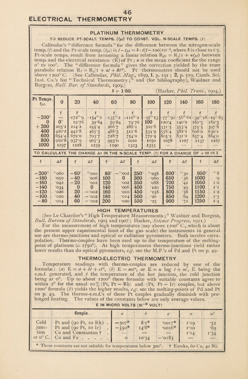 ELECTRICAL THERMOMETRY PLATINUM THERMOMETRY TO REDUCE PT-SCALE TEMPS, {tpt) TO CONST. VOL. N-SCALE TEMPS. («) Callendar’s “difference formula” for the difference between the nitrogen-scale temp. (/) and the Pt-scale temp. (tpt) is t—tpt = 8 ■ t(t— ioo)io~4, where 8 is close to 1*5. Pt-scale temps, result from assuming a linear relation Rpt — R0(i + a-lpt) between temp, and the electrical resistance (R) of Pt ; a is the mean coefficient for the range o° to roo°. The “difference formula” gives the correction yielded by the truer parabolic relation R^ — R0(i + at + j8/2). Pt thermometers should not be used above i2oo°C. (See Callendar, Phil. Mag., 1899, 1, p. 191 ; 2, p. 519, Camb. Sci. Inst. Co.’s list “Technical Thermometry;” and (for bibliography), Waidner and Burgess, Bull. Bur. of Standards, 1909.) 8 = 1 •50. (Harker, Phil. Trans., 1904.) Pt Temps. tpt. 0 20 40 60 80 100 120 140 160 180 t t t t t t t t t t -200° — -i72°*9 -i35°*2 — 116° 2 -97°-i3 -77°-92 -5S°-6i -39°: ■18 -i9°*65 0 0° 19-76 39*64 59*64 79*76 100 120*4 140-9 161-5 182-3 + 200 203-1 224-2 245*4 266-7 288-1 309*8 33i*5 353*4 375*5 397*8 400 420-2 442-8 465*5 488-5 511*6 534*9 558*4 582-1 6o6*o 630-1 600 654*4 679-0 703*7 728-7 754*o 779*4 805-2 831*2 857*4 884-0 800 910-8 937*9 965*3 993*o 1021 1050 1078 1107 ii37 1167 1000 1197 1228 1259 1290 1323 1355 — — — TO CALCULATE THE CHANGE At IN THE N-SCALE TEMP. (£) FOR A CHANGE OF +'01 IN 5 t At t At t At | * At t At t At -200° °-o6o -60° °'OIO 80° — °‘002 250° °-o38 600° °*3° 950° °-8 -180 *050 -40 '006 100 0 300 •060 650 •36 1000 *9 -160 •042 -20 002 120 •002 350 •088 700 •42 1050 I -O -140 •034 0 0 140 •006 400 •120 750 *49 1100 II -120 -026 20 — -002 160 “OIO 450 •158 800 *56 1150 12 -100 020 40 — 002 180 •014 500 •20 850 ■64 1200 i*3 -80 *014 60 — 002 200 •020 550 •25 900 -72 1250 i*4 HIGH TEMPERATURES (See Le Chatelier’s “ High Temperature Measurements Waidner and Burgess, Bull. Bureau of Standards, 1905 and 1907 ; Harker, Science Progress, 1911.) For the measurement of high temperatures (say above 1200° C., which is about the present upper experimental limit of the gas scale) the instruments in general use are thermo-junctions and optical or radiation pyrometers. Both involve extra¬ polation. Thermo-couples have been used up to the temperature of the melting- point of platinum (r:. 1750°). At high temperatures thermo-junctions yield rather lower results than do optical pyrometers, e.g. see the M.P.’s of Pd and Pt on p. 49. THERMO-ELECTRIC THERMOMETRY Temperature readings with thermo-couples are reduced by one of the formulae : {a) E = a + bt + ct2, (b) E = mtn, or E = n log t + m!, E being the e.m.f. generated, and t the temperature of the hot junction, the cold junction being at o°. Up to about 1200° these formulae with suitable constants agree to within 20 for the usual 10% (Pt, Pt - Rh) and (Pt, Pt - Ir) couples, but above 1200° formula if) yields the higher results, e.g. see the melting-points of Pd and Pt on p. 49. The thermo-e.m.f.’s of these Pt couples gradually diminish with pro¬ longed heating. The values of the constants below are only average values. E IN MICRO VOLTS (10~6 VOLT) Couple. a b c n in' Cold Pt and (90 Pt, 10 Rh) . — 307* 8-i# •0017* 1*19 •52 junc- Pt and (90 Pt, 10 Ir) — 550* I48# •0016# no •89 tion Cu and Constantan f — — — 1*14 i*34 at o° C. Cu and Fe. 0 10-34 -•0183 - * These constants are not suitable for temperatures below 300°. f Eureka, 60 Cu, 40 Ni.