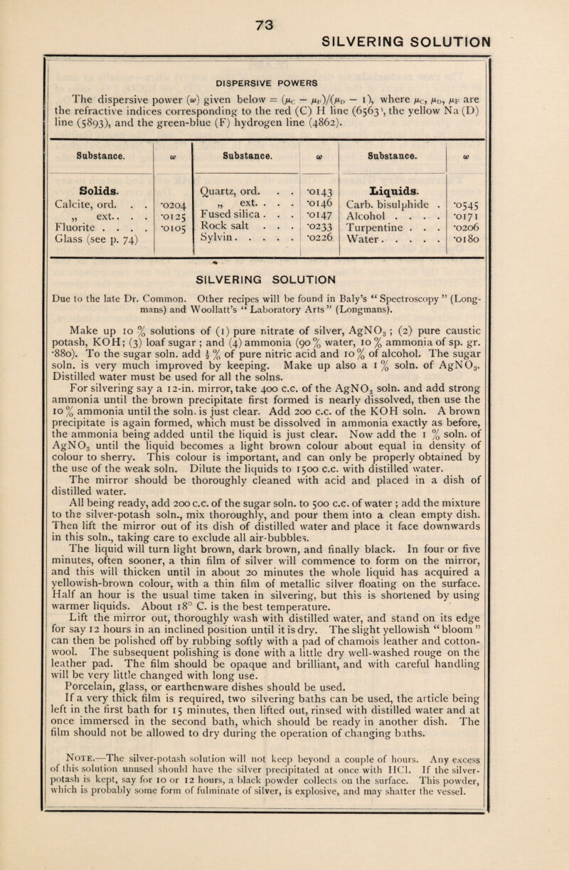 SILVERING SOLUTION DISPERSIVE POWERS The dispersive power (a>) given below = (juc — ,uF)/(yitD — i), where /nc, Md, mf are I the refractive indices corresponding to the red (C) H line (6563', the yellow Na (D) line (5893), and the green-blue (F) hydrogen line (4862). Substance. CO Substance. CO Substance. CO Solids. Calcite, ord. „ ext.. . . Fluorite .... Glass (see p. 74) '0204 •0125 •0105 Quartz, ord. . . „ ext. . . . Fused silica. . . Rock salt . . . Svlvin..... •0143 •0146 •0147 •0233 •0226 Liquids. Carb. bisulphide . Alcohol .... Turpentine . . . Water. •0545 '0171 •0206 •0180 SILVERING SOLUTION Due to the late Dr. Common. Other recipes will be found in Baly’s “ Spectroscopy ” (Long¬ mans) and Woollatt’s “ Laboratory Arts” (Longmans). Make up 10 % solutions of (1) pure nitrate of silver, AgN03; (2) pure caustic potash, KOH; (3) loaf sugar ; and (4) ammonia (90% water, 10 % ammonia of sp. gr. •880). To the sugar soln. add \ % of pure nitric acid and 10% of alcohol. The sugar soln. is very much improved by keeping. Make up also a 1% soln. of AgN03. Distilled water must be used for all the solns. For silvering say a 12-in. mirror, take 400 c.c. of the AgN03 soln. and add strong ammonia until the brown precipitate first formed is nearly dissolved, then use the 10 % ammonia until the soln. is just clear. Add 200 c.c. of the KOH soln. A brown precipitate is again formed, which must be dissolved in ammonia exactly as before, the ammonia being added until the liquid is just clear. Now add the 1 % soln. of AgN03 until the liquid becomes a light brown colour about equal in density of colour to sherry. This colour is important, and can only be properly obtained by the use of the weak soln. Dilute the liquids to 1500 c.c. with distilled water. The mirror should be thoroughly cleaned with acid and placed in a dish of distilled water. All being ready, add 200 c.c. of the sugar soln. to 500 c.c. of water ; add the mixture to the silver-potash soln., mix thoroughly, and pour them into a clean empty dish. Then lift the mirror out of its dish of distilled water and place it face downwards in this soln., taking care to exclude all air-bubbles. The liquid will turn light brown, dark brown, and finally black. In four or five minutes, often sooner, a thin film of silver will commence to form on the mirror, and this will thicken until in about 20 minutes the whole liquid has acquired a yellowish-brown colour, with a thin film of metallic silver floating on the surface. Half an hour is the usual time taken in silvering, but this is shortened by using warmer liquids. About 180 C. is the best temperature. Lift the mirror out, thoroughly wash with distilled water, and stand on its edge for say 12 hours in an inclined position until it is dry. The slight yellowish “ bloom ” can then be polished off by rubbing softly with a pad of chamois leather and cotton¬ wool. The subsequent polishing is done with a little dry well-washed rouge on the leather pad. The film should be opaque and brilliant, and with careful handling will be very little changed with long use. Porcelain, glass, or earthenware dishes should be used. If a very thick film is required, two silvering baths can be used, the article being left in the first bath for 15 minutes, then lifted out, rinsed with distilled water and at once immersed in the second bath, which should be ready in another dish. The film should not be allowed to dry during the operation of changing baths. Note.—The silver-potash solution will not keep beyond a couple of hours. Any excess of this solution unused should have the silver precipitated at once with IICl. If the silver- potash is kept, say for 10 or 12 hours, a black powder collects on the surface. This powder, which is probably some form of fulminate of silver, is explosive, and may shatter the vessel.
