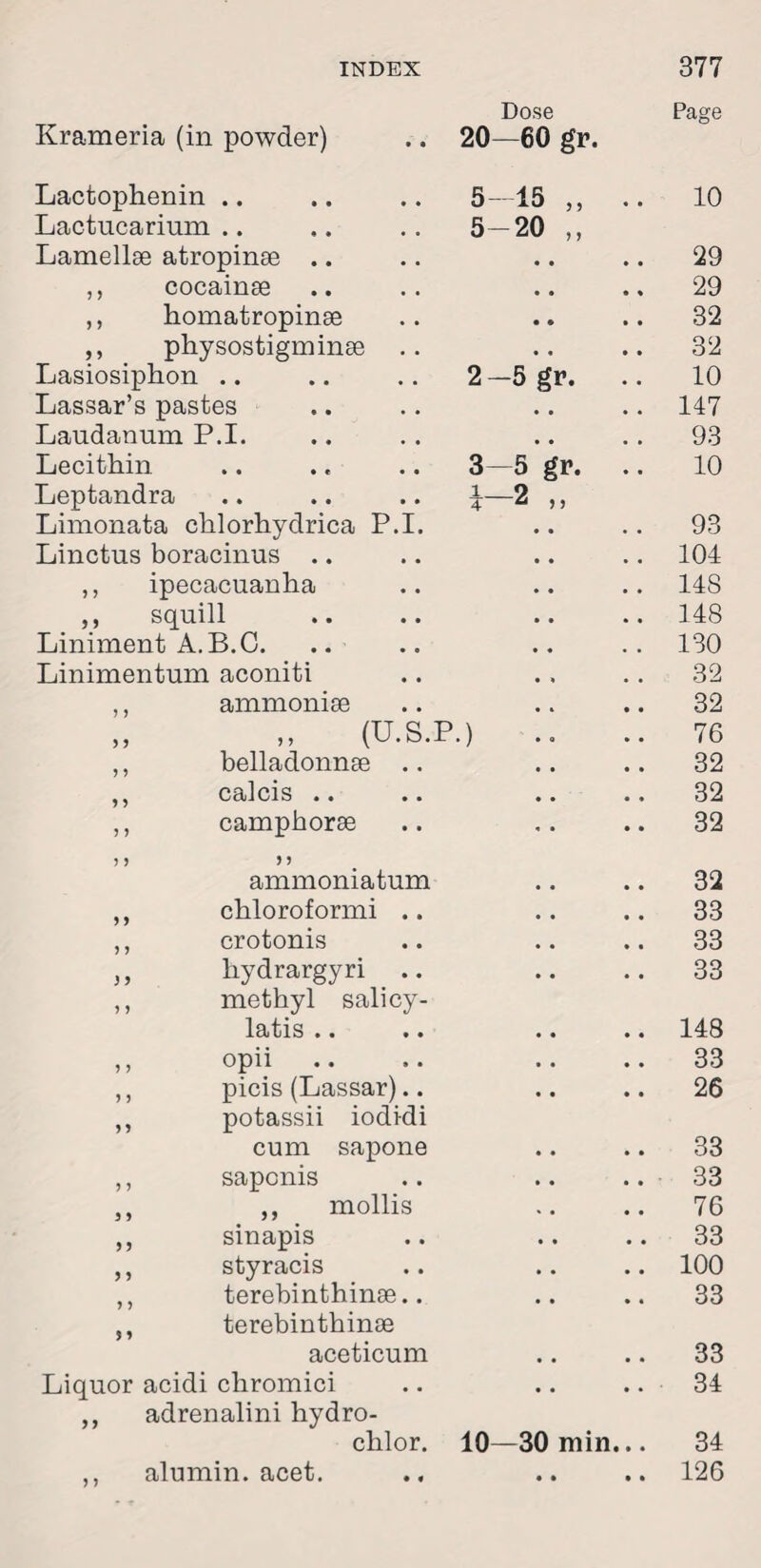 Dose Page Krameria (in powder) 20—60 gr. Lactophenin .. 5—15 ,, 10 Lactucarium 5-20 ,, Lamellse atropinge .. • • • • 29 ,, cocainee • • • • 29 ,, homatropinge • « • • 32 ,, physostigminse • • • • 32 Lasiosiphon 2-5 gr. .. 10 Lassar’s pastes • • • • 147 Laudanum P.I. • • • • 93 Lecithin 3-5 gr. .. 10 Leptandra l o 4  n Limonata chlorhydrica P.I. 93 Linctus boracinus .. 104 ,, ipecacuanha 14S ,, squill 148 Liniment A. B.G. 130 Linimentum aconiti 32 ,, ammonise 32 „ „ (U.S.P.) .. 76 ,, belladonnse .. 32 ,, calcis .. 32 ,, camphorse 32 5 > ” ammonia turn 32 ,, chloroformi .. 33 ,, crotonis 33 „ hydrargyri .. ,, methyl salicy- 33 latis .. 148 ,, opii 33 ,, picis (Lassar).. ,, potassii iodi-di 26 cum sapone 33 ,, saponis 33 ,, ,, mollis 76 ,, sinapis 33 ,, styracis 100 ,, terebinthinse.. ,, terebinthinse 33 aceticum 33 Liquor acidi chromici ,, adrenalini hydro- 34 chlor. 10—30 min... 34 ,, alumin. acet. 126