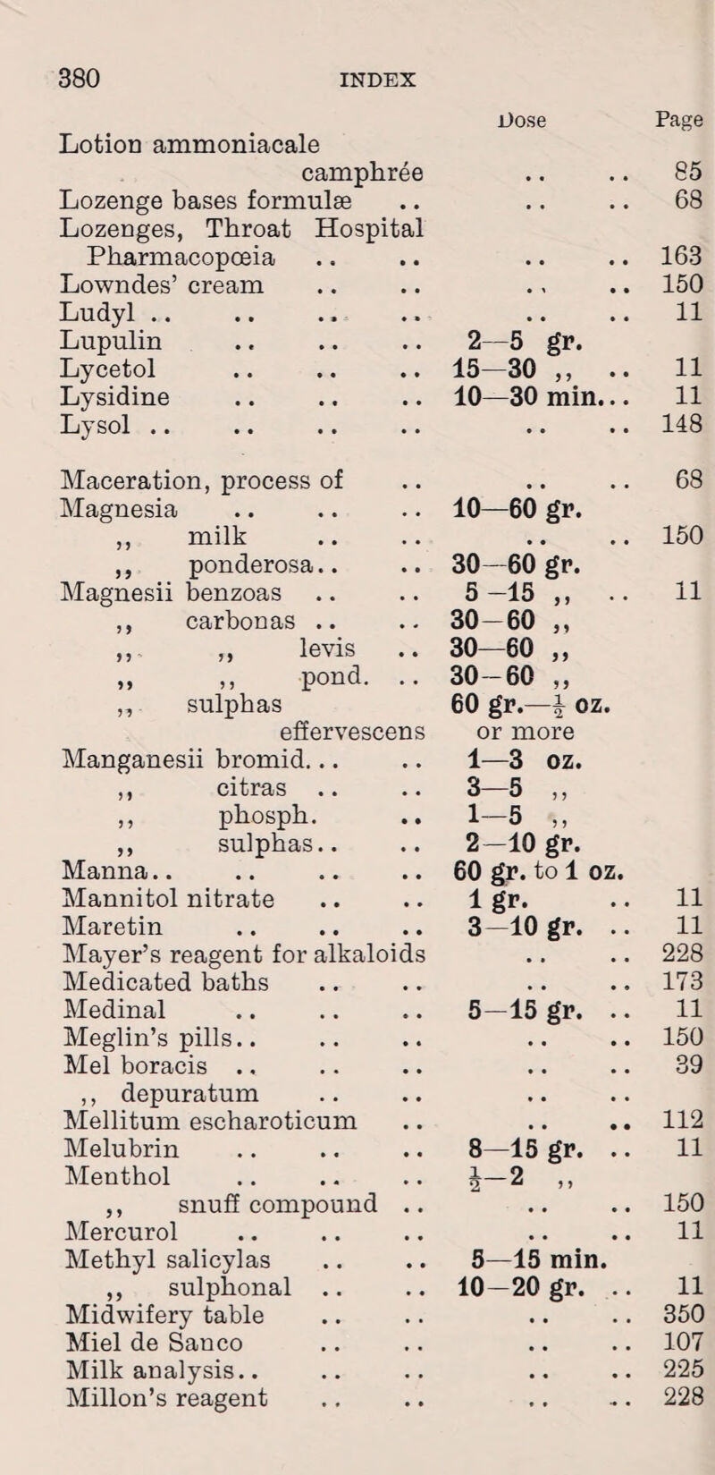 Dose Page Lotion ammoniacale camphree • • • • 85 Lozenge bases formulae • • • • 68 Lozenges, Throat Hospital Pharmacopoeia Lowndes’ cream • • • • 163 • > • • 150 Ludyl • • • • 11 Lupulin 2-5 gr. Lycetol 15—30 ,, .. 11 Lysidine 10—30 min... 11 Lysol • • • • 148 Maceration, process of • • • • 68 Magnesia 10—60 gr. ,, milk • • • • 150 ,, ponderosa.. 30—60 gr. Magnesii benzoas 5-15 ,, .. 11 ,, carbonas .. 30-60 ,, ,, „ levis .. 30—60 „ „ ,, pond. .. 30-60 „ „ sulphas 60 gr.—i oz. effervescens or more Manganesii bromid... 1—3 oz. ,, citras 3—5 „ ,, phosph. 1-5 ,, ,, sulphas.. 2—10 gr. Manna.. 60 gr. to 1 oz. Mannitol nitrate 1 gr. 11 Maretin 3-10 gr. .. 11 Mayer’s reagent for alkaloids • • • • 228 Medicated baths • • • • 173 Medinal 5—15 gr. .. 11 Meglin’s pills.. • • • • 150 Mel boracis .. • • • • 39 ,, depuratum • • • • Mellitum escharoticum • • • • 112 Melubrin 8—15 gr. .. 11 Menthol i-2 ,, ,, snuff compound .. 150 Mercurol • • • • 11 Methyl salicylas 5—15 min. ,, sulphonal 10-20 gr. .. 11 Midwifery table • • • • 350 Miel de Sanco • • • • 107 Milk analysis.. Millon’s reagent • • • • 225 • • •* • 228