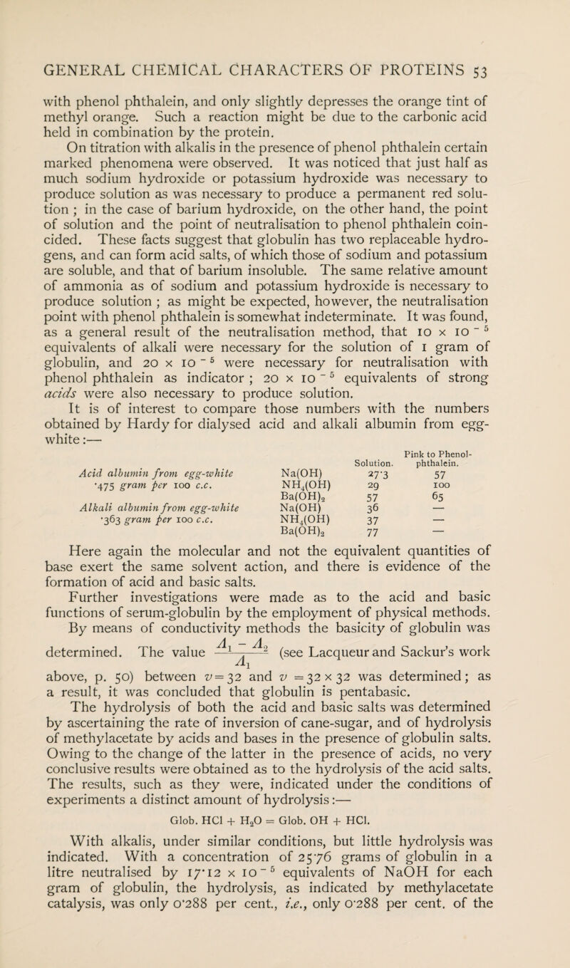 with phenol phthalein, and only slightly depresses the orange tint of methyl orange. Such a reaction might be due to the carbonic acid held in combination by the protein. On titration with alkalis in the presence of phenol phthalein certain marked phenomena were observed. It was noticed that just half as much sodium hydroxide or potassium hydroxide was necessary to produce solution as was necessary to produce a permanent red solu¬ tion ; in the case of barium hydroxide, on the other hand, the point of solution and the point of neutralisation to phenol phthalein coin¬ cided. These facts suggest that globulin has two replaceable hydro¬ gens, and can form acid salts, of which those of sodium and potassium are soluble, and that of barium insoluble. The same relative amount of ammonia as of sodium and potassium hydroxide is necessary to produce solution ; as might be expected, however, the neutralisation point with phenol phthalein is somewhat indeterminate. It was found, as a general result of the neutralisation method, that 10 x 10  5 equivalents of alkali were necessary for the solution of 1 gram of globulin, and 20 x 10 ~5 were necessary for neutralisation with phenol phthalein as indicator ; 20 x 10  5 equivalents of strong acids were also necessary to produce solution. It is of interest to compare those numbers with the numbers obtained by Hardy for dialysed acid and alkali albumin from egg- white :— Acid albumin from egg-white Na(OH) Solution. 27*3 Pink to Phenol- phthalein. 57 *475 Sram Per 100 cx' NH4(OH) 29 IOO Ba(OH)2 57 65 Alkali albumin from egg-white Na(OH) 36 — •363 gram per ioo c.c. NH4(OH) 37 — Ba(OH)2 77 — Here again the molecular and not the equivalent quantities of base exert the same solvent action, and there is evidence of the formation of acid and basic salts. Further investigations were made as to the acid and basic functions of serum-globulin by the employment of physical methods. By means of conductivity methods the basicity of globulin was determined. The value (see Lacqueur and Sackur’s work above, p. 50) between ^=32 and v =32x32 was determined; as a result, it was concluded that globulin is pentabasic. The hydrolysis of both the acid and basic salts was determined by ascertaining the rate of inversion of cane-sugar, and of hydrolysis of methylacetate by acids and bases in the presence of globulin salts. Owing to the change of the latter in the presence of acids, no very conclusive results were obtained as to the hydrolysis of the acid salts. The results, such as they were, indicated under the conditions of experiments a distinct amount of hydrolysis :— Glob. HC1 + H20 = Glob. OH + HC1. With alkalis, under similar conditions, but little hydrolysis was indicated. With a concentration of 2576 grams of globulin in a litre neutralised by 17*12 x io-5 equivalents of NaOH for each gram of globulin, the hydrolysis, as indicated by methylacetate catalysis, was only 0*288 per cent., i,e,f only 0*288 per cent, of the