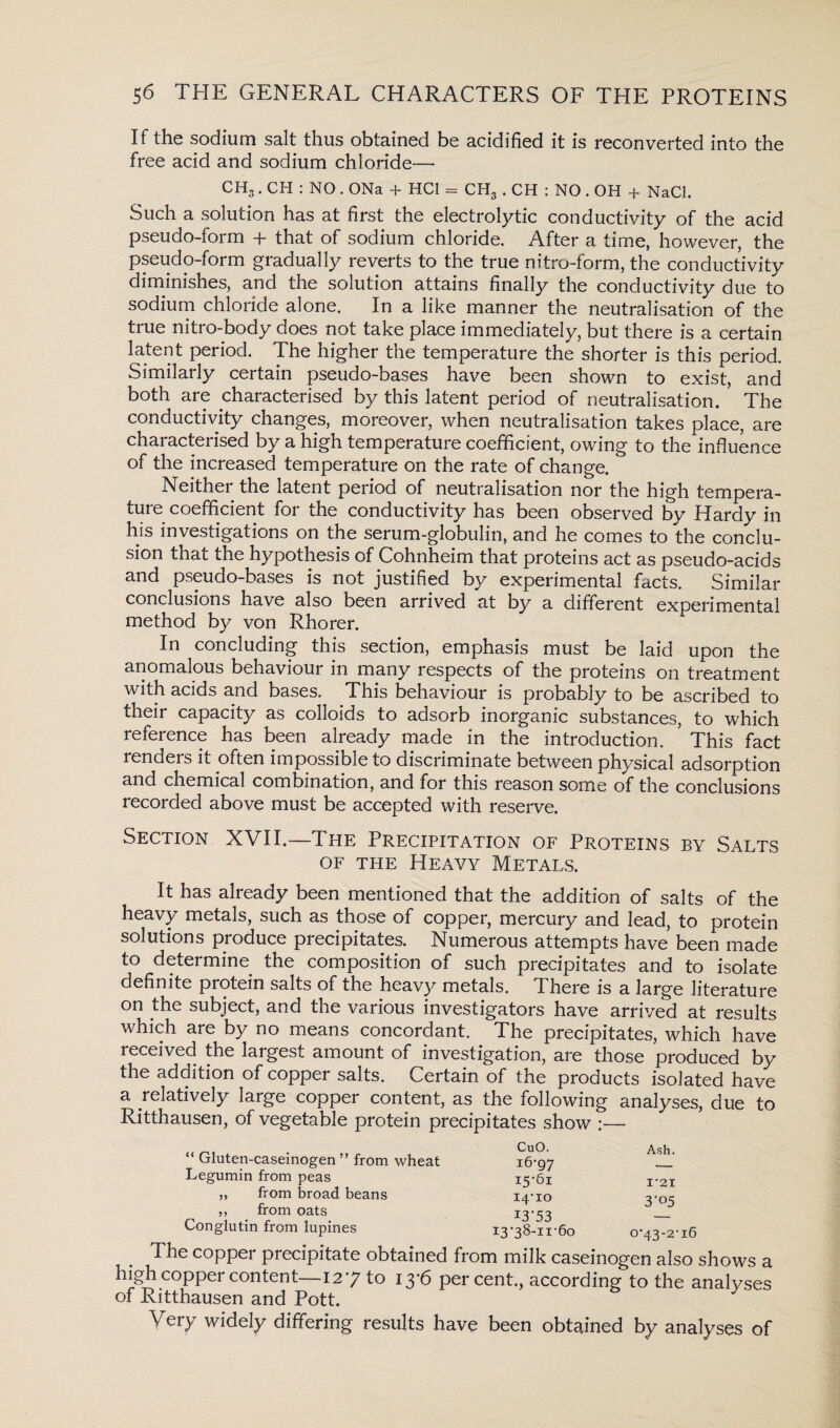 If the sodium salt thus obtained be acidified it is reconverted into the free acid and sodium chloride—• CH3. CH : NO . ONa + HC1 = CHS .CH:NO.OH + NaCl. Such a solution has at first the electrolytic conductivity of the acid pseudo-form + that of sodium chloride. After a time, however, the pseudo-form gradually reverts to the true nitro-form, the conductivity diminishes, and the solution attains finally the conductivity due to sodium chloride alone. In a like manner the neutralisation of the true nitro-body does not take place immediately, but there is a certain latent period. The higher the temperature the shorter is this period. Similarly certain pseudo-bases have been shown to exist, and both are characterised by this latent period of neutralisation. The conductivity changes, moreover, when neutralisation takes place, are characterised by a high temperature coefficient, owing to the influence of the increased temperature on the rate of change. Neither the latent period of neutralisation nor the high tempera¬ ture coefficient for the conductivity has been observed by Hardy in his investigations on the serum-globulin, and he comes to the conclu¬ sion that the hypothesis of Cohnheim that proteins act as pseudo-acids and pseudo-bases is not justified by experimental facts. Similar conclusions have also been arrived at by a different experimental method by von Rhorer. In concluding this section, emphasis must be laid upon the anomalous behaviour in many respects of the proteins on treatment with acids and bases. This behaviour is probably to be ascribed to their capacity as colloids to adsorb inorganic substances, to which reference has been already made in the introduction. This fact lenders it often impossible to discriminate between physical adsorption and chemical combination, and for this reason some of the conclusions recorded above must be accepted with reserve. Section XVII.—The Precipitation of Proteins by Salts of the Heavy Metals. It has already been mentioned that the addition of salts of the heavy metals, such as those of copper, mercury and lead, to protein solutions produce precipitates. Numerous attempts have been made to determine the composition of such precipitates and to isolate definite protein salts of the heavy metals. There is a large literature on the subject, and the various investigators have arrived at results which are by no means concordant. The precipitates, which have received the largest amount of investigation, are those produced by the addition of copper salts. Certain of the products isolated have a relatively large copper content, as the following analyses, due to Ritthausen, of vegetable protein precipitates show :— t< ni , . „ . , cuO. Ash. Cjluten-casemogen from wheat 16-97 _ Legumin from peas 15-61 14-10 I3'53 13-38-11-60 from broad beans from oats Conglutin from lupines The copper precipitate obtained from milk caseinogen also shows a high copper content—127 to 13-6 percent., according to the analyses of Ritthausen and Pott. Very widely differing results have been obtained by analyses of