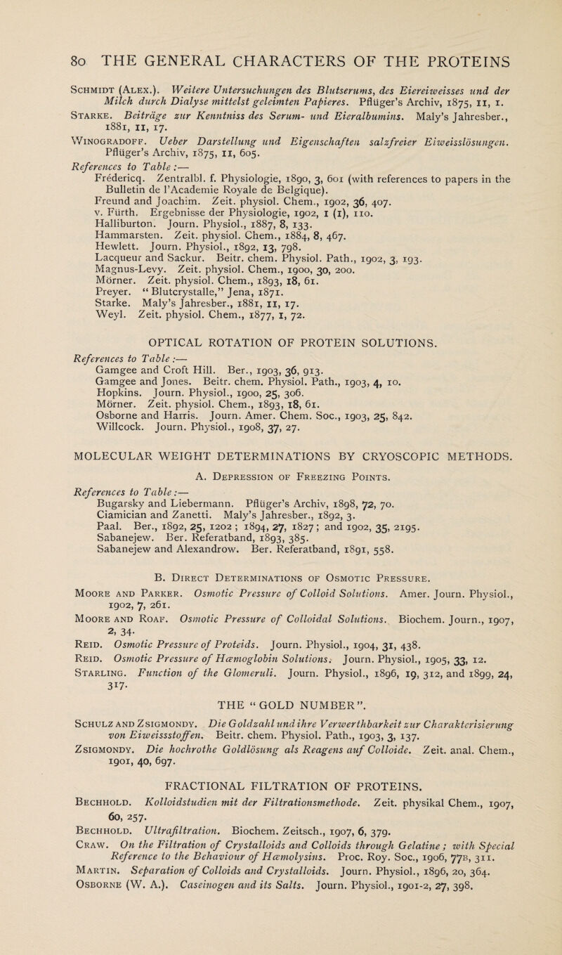 Schmidt (Alex.). Weitere Untersuchungen des Blutserums, des Eiereiweisses und der Milch durch Dialyse mittelst geleimten Papieres. Pfltiger’s Archiv, 1875, 11, 1. Starke. Beitrdge zur Kenntniss des Serum- und Bier albumins. Maly’s Jahresber., 1881, 11, 17. Winogradoff. Ueber Darstellung und Eigenschaften salzfreier Eiweisslosungen. Pfliiger’s Archiv, 1875, 11, 605. References to Table:— Fredericq. Zentralbl. f. Physiologic, 1890, 3, 601 (with references to papers in the Bulletin de l’Academie Royale de Belgique). Freund and Joachim. Zeit. physiol. Chem., 1902, 36, 407. v. Filrth. Ergebnisse der Physiologie, igo2, 1 (1), no. Halliburton. Journ. Physiol., 1887, 8, 133. Hammarsten. Zeit. physiol. Chem., 1884, 8, 467. Hewlett. Journ. Physiol., 1892, 13, 798. Lacqueur and Sackur. Beitr. chem. Physiol. Path., 1902, 3, 193. Magnus-Levy. Zeit. physiol. Chem., igoo, 30, 200. Morner. Zeit. physiol. Chem., 1893, 18, 61. Preyer. “ Blutcrystalle,” Jena, 1871. Starke. Maly’s Jahresber., 1881, 11, 17. Weyl. Zeit. physiol. Chem., 1877, 1, 72. OPTICAL ROTATION OF PROTEIN SOLUTIONS. References to Table:— Gamgee and Croft Hill. Ber., 1903, 36, 913. Gamgee and Jones. Beitr. chem. Physiol. Path., 1903, 4, 10. Hopkins. Journ. Physiol., igoo, 25, 306. Morner. Zeit. physiol. Chem., 1893, 18, 61. Osborne and Harris. Journ. Amer. Chem. Soc., 1903, 25, 842. Willcock. Journ. Physiol., 1908, 37, 27. MOLECULAR WEIGHT DETERMINATIONS BY CRYOSCOPIC METHODS. A. Depression of Freezing Points. References to Table:— Bugarsky and Liebermann. Pflilger’s Archiv, 1898, 72, 70. Ciamician and Zanetti. Maly’s Jahresber., 1892, 3. Paal. Ber., 1892, 25, 1202 ; 1894, 27, 1827; and 1902, 35, 2195. Sabanejew. Ber. Referatband, 1893, 385. Sabanejew and Alexandrow. Ber. Referatband, 1891, 558. B. Direct Determinations of Osmotic Pressure. Moore and Parker. Osmotic Pressure of Colloid Solutions. Amer. Journ. Physiol., 1902, 7, 261. Moore and Roaf. Osmotic Pressure of Colloidal Solutions. Biochem. Journ., 1907, 34* Reid. Osmotic Pressure of Proteids. Journ. Physiol., 1904, 31, 438. Reid. Osmotic Pressure of Hcemoglobin Solutions. Journ. Physiol., 1905, 33, 12. Starling. Function of the Glomeruli. Journ. Physiol., 1896, 19, 312, and 1899, 24, 31?- THE “GOLD NUMBER”. Schulz and Zsigmondy. Die Goldzahl und ihre Verwerthbarkeit zur Charakterisierung von Eiweissstoffen. Beitr. chem. Physiol. Path., 1903, 3, 137. Zsigmondy. Die hochrothe Goldlosung als Reagens auf Colloide. Zeit. anal. Chem., 1901, 40, 697. FRACTIONAL FILTRATION OF PROTEINS. Bechhold. Kolloidstudien mit der Filtrationsmethode. Zeit. physikal Chem., 1907, 60, 257. Bechhold. Ultrafiltration. Biochem. Zeitsch., 1907, 6, 379. Craw. On the Filtration of Crystalloids and Colloids through Gelatine ; with Special Reference to the Behaviour of Hcemolysins. Proc. Roy. Soc., 1906, 77s, 311. Martin. Separation of Colloids and Crystalloids. Journ. Physiol., 1896, 20, 364. Osborne (W. A.). Caseinogen and its Salts. Journ. Physiol., 1901-2, 27, 398.