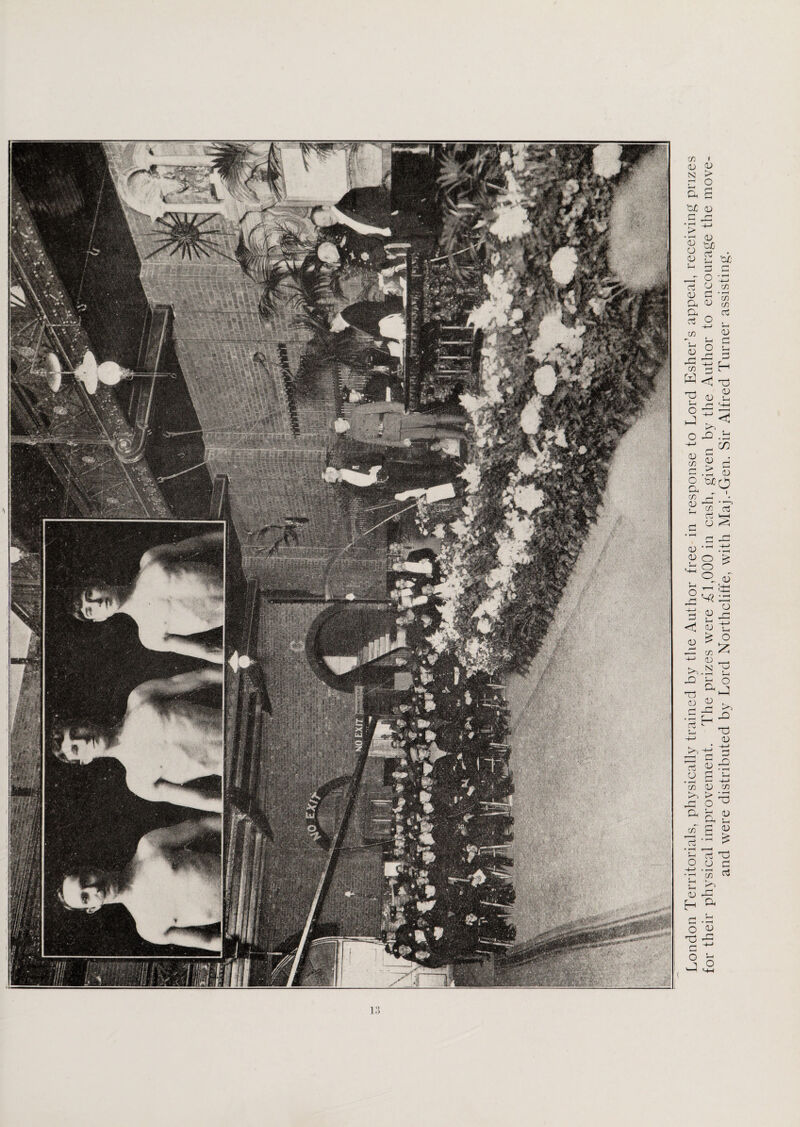 London Territorials, physically trained by the Author free in response to Lord Esher’s appeal, receiving prizes for their physical improvement. The prizes were £1,000 in cash, given by the Author to encourage the move- and were distributed by Lord Northcliffe, with Maj.-Gen. Sir Alfred Turner assisting.