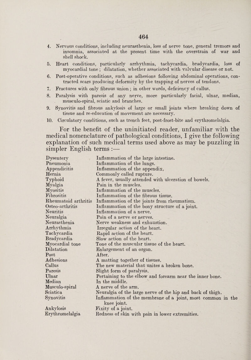 4. Nervous conditions, including neurasthenia, loss of nerve tone, general tremors and insomnia, associated at the present time with the overstrain of war and shell shock. 5. Heart conditions, particularly arrhythmia, tachycardia, bradycardia, loss of myocardial tone ; dilatation, whether associated with valvular disease or not. 6. Post-operative conditions, such as adhesions following abdominal operations, con¬ tracted scars producing deformity by the trapping of nerves of tendons. 7. Fractures with only fibrous union; in other words, deficiency of callus. 8. Paralysis with paresis of any nerve, more particularly facial, ulnar, median, musculo-spiral, sciatic and branches. 9. Synovitis and fibrous ankylosis of large or small joints where breaking down of tissue and re-education of movement are necessary. 10. Circulatory conditions, such as trench feet, post-frost-bite and erythromelalgia. For the benefit of the uninitiated reader, unfamiliar with the medical nomenclature of pathological conditions, I give the following explanation of such medical terms used above as may be puzzling in simpler English terms :— Dysentery Pneumonia Appendicitis Hernia Typhoid Myalgia Myositis Fibrositis Rheumatoid arthritis Osteo-arthritis Neuritis Neuralgia Neurasthenia Arrhvthmia Tachvcardia Bradycardia Myocardial tone Dilatation Post Adhesions Callus Paresis Ulnar Median Musculo-spiral Sciatica Synovitis Ankylosis Erythromelalgia Inflammation of the large intestine. Inflammation of the lungs. Inflammation of the appendix, Commonly called rupture. A fever, usually attended with ulceration of bowels. Pain in the muscles. Inflammation of the muscles. Inflammation of the fibrous tissue. Inflammation of the joints from rheumatism. Inflammation of the bony structure of a joint. Inflammation of a nerve. Pain of a nerve or nerves. Nerve weakness and exhaustion. Irregular action of the heart. Rapid action of the heart. Slow action of the heart. Tone of the muscular tissue of the heart. Enlargement of an organ. After. A matting together of tissues. The new material that unites a broken bone. Slight form of paralysis. Pertaining to the elbow and forearm near the inner bone. In the middle. A nerve of the arm. Neuralgia of the large nerve of the hip and back of thigh. Inflammation of the membrane of a joint, most common in the knee joint. Fixity of a joint. Redness of skin with pain in lower extremities.