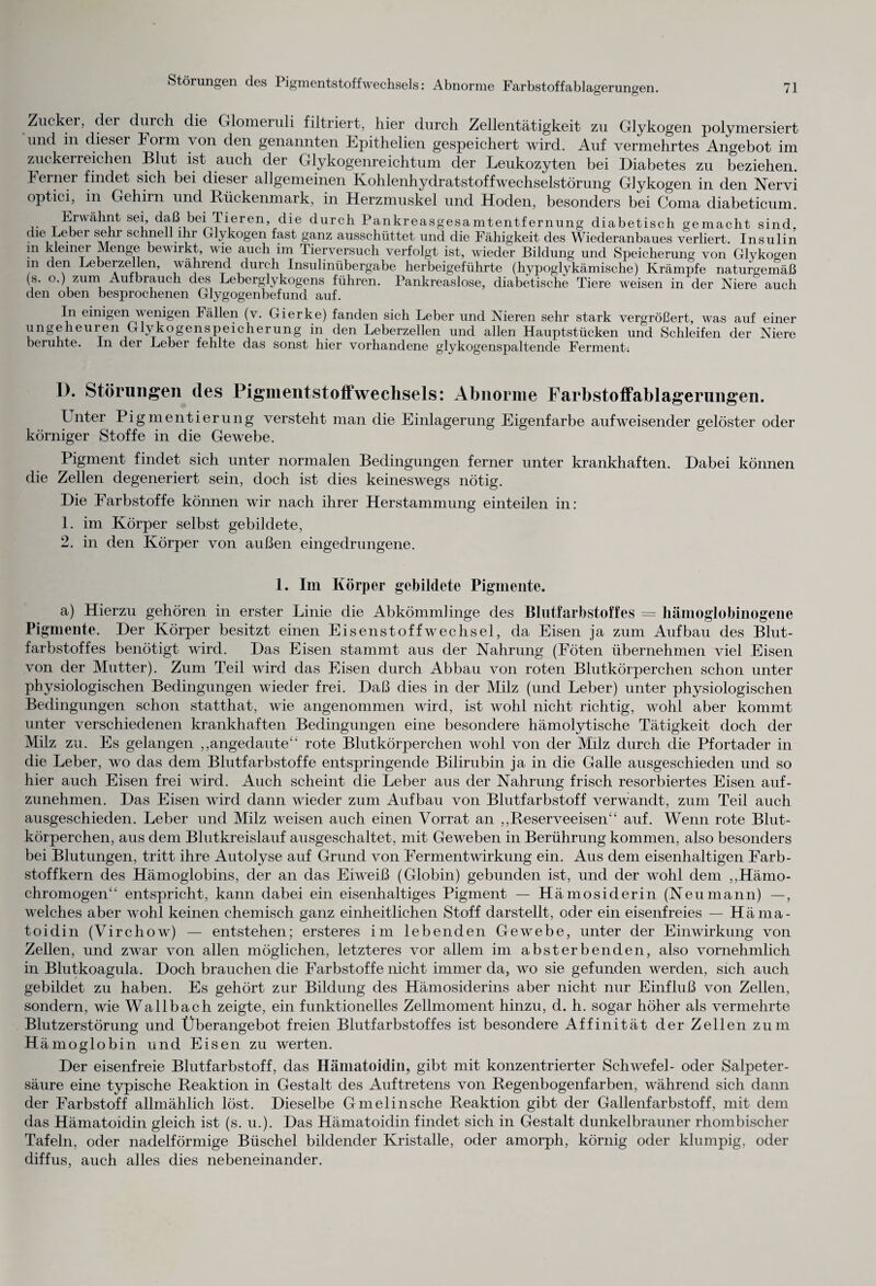 Störungen des Pigmentstoffwechsels: Abnorme Farbstoffablagerungen. Zucker, der durch die Glomeruli filtriert, hier durch Zellentätigkeit zu Glykogen polymersiert und in dieser Form von den genannten Epithelien gespeichert wird. Auf vermehrtes Angebot im zuckerreichen Blut ist auch der Glykogenreichtum der Leukozyten bei Diabetes zu beziehen. Ferner findet sich bei dieser allgemeinen Kohlenhydratstoffwechselstörung Glykogen in den Nervi optici, in Gehirn und Rückenmark, in Herzmuskel und Hoden, besonders bei Coma diabeticum. ,. Erwähnt sei, daß bei Tieren, die durch Pankreasgesamtentfernung diabetisch gemacht sind, die Lebe! sehr schnell ihr Glykogen fast ganz ausschüttet und die Fähigkeit des Wiederanbaues verliert. Insulin m kleiner Menge bewirkt, wie auch im Tierversuch verfolgt ist, wieder Bildung und Speicherung von Glykogen m den Leberzellen, während durch Insulinübergabe herbeigeführte (hypoglykämische) Krämpfe naturgemäß (s. o.) zum Auf brauch des Leberglykogens führen. Pankreaslose, diabetische Tiere weisen in der Niere auch den oben besprochenen Glygogenbefund auf. E1 einigen wenigen Fällen (v. Gierke) fanden sich Leber und Nieren sehr stark vergrößert, was auf einer ungeheuren Glykogenspeicherung in den Leberzellen und allen Hauptstücken und Schleifen der Niere beruhte. In der Leber fehlte das sonst hier vorhandene glykogenspaltende Ferment; 1). Störungen des Piginentstoffweclisels: Abnorme Farbstoffablagerungen. Puter Pigmentierung versteht man die Einlagerung Eigenfarbe aufweisender gelöster oder körniger Stoffe in die Gewebe. Pigment findet sich unter normalen Bedingungen ferner unter krankhaften. Dabei können die Zellen degeneriert sein, doch ist dies keineswegs nötig. Die Farbstoffe können wir nach ihrer Herstammung einteilen in: 1. im Körper selbst gebildete, 2. in den Körper von außen eingedrungene. 1. Im Körper gebildete Pigmente. a) Hierzu gehören in erster Linie die Abkömmlinge des Blutfarbstoffes = liämoglobinogene Pigmente. Der Körper besitzt einen Eisenstoffwechsel, da Eisen ja zum Aufbau des Blut¬ farbstoffes benötigt wird. Das Eisen stammt aus der Nahrung (Föten übernehmen viel Eisen von der Mutter). Zum Teil wird das Eisen durch Abbau von roten Blutkörperchen schon unter physiologischen Bedingungen wieder frei. Daß dies in der Milz (und Leber) unter physiologischen Bedingungen schon statthat, wie angenommen wird, ist wohl nicht richtig, wohl aber kommt unter verschiedenen krankhaften Bedingungen eine besondere hämolytische Tätigkeit doch der Milz zu. Es gelangen ,,angedaute“ rote Blutkörperchen wohl von der Milz durch die Pfortader in die Leber, wo das dem Blutfarbstoffe entspringende Bilirubin ja in die Galle ausgeschieden und so hier auch Eisen frei wird. Auch scheint die Leber aus der Nahrung frisch resorbiertes Eisen auf¬ zunehmen. Das Eisen wird dann wieder zum Aufbau von Blutfarbstoff verwandt, zum Teil auch ausgeschieden. Leber und Milz weisen auch einen Vorrat an ,,Reserveeisen“ auf. Wenn rote Blut¬ körperchen, aus dem Blutkreislauf ausgeschaltet, mit Geweben in Berührung kommen, also besonders bei Blutungen, tritt ihre Autolyse auf Grund von Fermentwirkung ein. Aus dem eisenhaltigen Farb¬ stoff kern des Hämoglobins, der an das Eiweiß (Globin) gebunden ist, und der wohl dem „Hämo- chromogen“ entspricht, kann dabei ein eisenhaltiges Pigment — Hämosiderin (Neumann) —, welches aber wohl keinen chemisch ganz einheitlichen Stoff darstellt, oder ein eisenfreies — Häma¬ toidin (Virchow) — entstehen; ersteres im lebenden Gewebe, unter der Einwirkung von Zellen, und zwar von allen möglichen, letzteres vor allem im absterbenden, also vornehmlich in Blutkoagula. Doch brauchen die Farbstoffe nicht immer da, wo sie gefunden werden, sich auch gebildet zu haben. Es gehört zur Bildung des Hämosiderins aber nicht nur Einfluß von Zellen, sondern, wie Wallbach zeigte, ein funktionelles Zellmoment hinzu, d. h. sogar höher als vermehrte Blutzerstörung und Überangebot freien Blutfarbstoffes ist besondere Affinität der Zellen zum H ämoglobin und Eisen zu werten. Der eisenfreie Blutfarbstoff, das Hämatoidin, gibt mit konzentrierter Schwefel- oder Salpeter¬ säure eine typische Reaktion in Gestalt des Auftretens von Regenbogenfarben, während sich dann der Farbstoff allmählich löst. Dieselbe Gmelinsche Reaktion gibt der Gallenfarbstoff, mit dem das Hämatoidin gleich ist (s. u.). Das Hämatoidin findet sich in Gestalt dunkelbrauner rhombischer Tafeln, oder nadelförmige Büschel bildender Kristalle, oder amorph, körnig oder klumpig, oder diffus, auch alles dies nebeneinander.