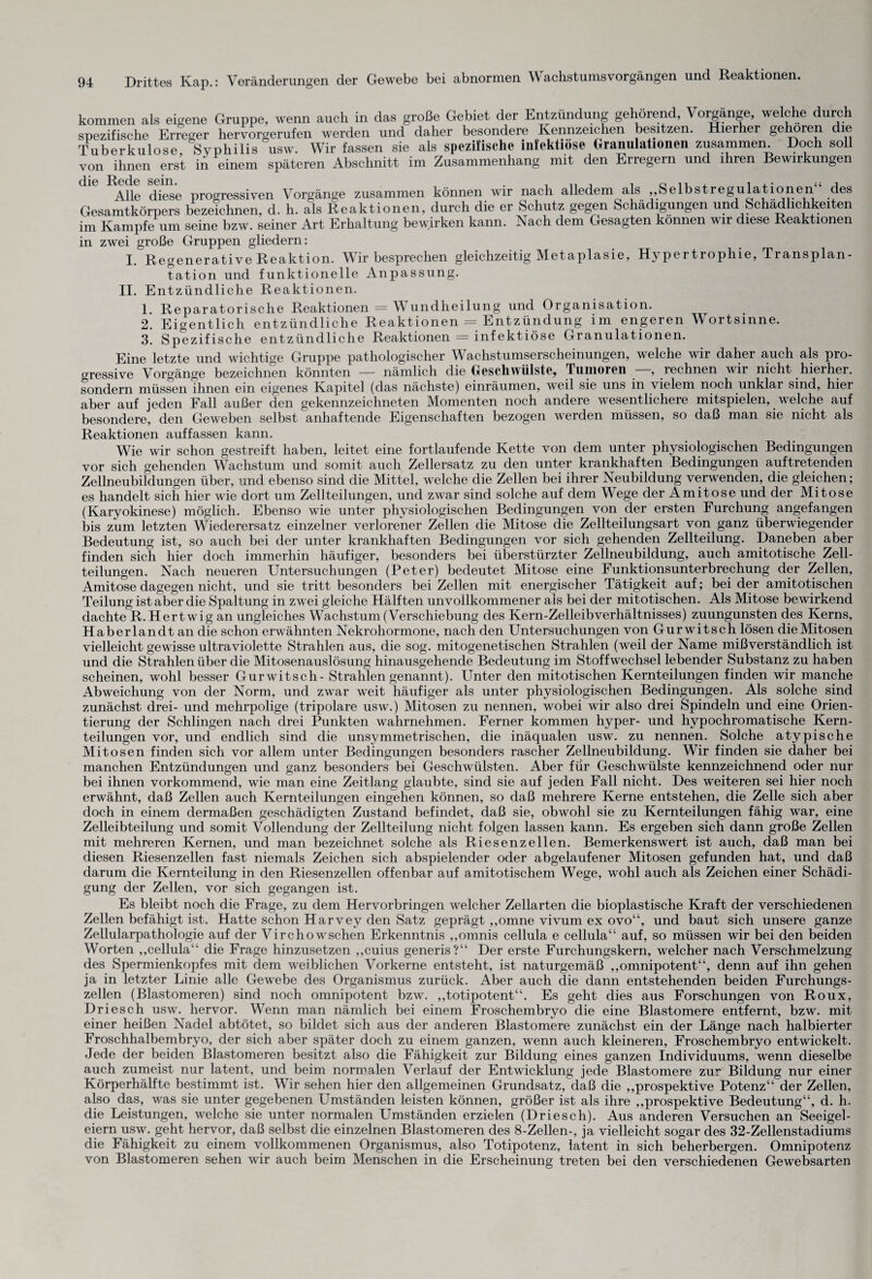 kommen als eigene Gruppe, wenn auch in das große Gebiet der Entzündung gehörend, \ orgänge, welche durch spezifische Erreger hervorgerufen werden und daher besondere Kennzeichen besitzen. Hieihei gehören die Tuberkulose Syphilis usw. Wir fassen sie als spezifische infektiöse Granulationen zusammen. Doch soll von ihnen erst in einem späteren Abschnitt im Zusammenhang mit den Erregern und lhien Bewirkungen Alle diese progressiven Vorgänge zusammen können wir nach alledem als ,,Selbstregulationen des Gesamtkörpers bezeichnen, d. h. als Reaktionen, durch die er Schutz gegen Schädigungen und Schädlichkeiten im Kampfe um seine bzw. seiner Art Erhaltung bewirken kann. Nach dem Gesagten können wir diese Reaktionen in zwei große Gruppen gliedern: I. Regenerative Reaktion. Wir besprechen gleichzeitig Metaplasie, Hvpertiophie, Transplan¬ tation und funktionelle Anpassung. II. Entzündliche Reaktionen. 1. Reparatorische Reaktionen = Wundheilung und Organisation. 2. Eigentlich entzündliche Reaktionen = Entzündung im engeren Wortsinne. 3. Spezifische entzündliche Reaktionen = infektiöse Granulationen. Eine letzte und wichtige Gruppe pathologischer Wachstumserscheinungen, welche wir daher auch als pro¬ gressive Vorgänge bezeichnen könnten — nämlich die Geschwülste, Tumoren , rechnen wir nicht hierher, sondern müssen ihnen ein eigenes Kapitel (das nächste) einräumen, weil sie uns in vielem noch unklar sind, hier aber auf jeden Fall außer den gekennzeichneten Momenten noch andere wesentlichere mitspielen, welche auf besondere, den Geweben selbst anhaftende Eigenschaften bezogen werden müssen, so daß man sie nicht als Reaktionen auf fassen kann. Wie wir schon gestreift haben, leitet eine fortlaufende Kette von dem unter physiologischen Bedingungen vor sich gehenden Wachstum und somit auch Zellersatz zu den unter krankhaften Bedingungen auftretenden Zellneubildungen über, und ebenso sind die Mittel, welche die Zellen bei ihrer Neubildung verwenden, die gleichen; es handelt sich hier wie dort um Zellteilungen, und zwar sind solche auf dem Wege der Amitose und der Mitose (Karyokinese) möglich. Ebenso wrie unter physiologischen Bedingungen von der ersten Furchung angefangen bis zum letzten Wiederersatz einzelner verlorener Zellen die Mitose die Zellteilungsart von ganz überwiegender Bedeutung ist, so auch bei der unter krankhaften Bedingungen vor sich gehenden Zellteilung. Daneben aber finden sich hier doch immerhin häufiger, besonders bei überstürzter Zellneubildung, auch amitotische Zell¬ teilungen. Nach neueren Untersuchungen (Peter) bedeutet Mitose eine Funktionsunterbrechung der Zellen, Amitose dagegen nicht, und sie tritt besonders bei Zellen mit energischer Tätigkeit auf; bei der amitotischen Teilung ist aber die Spaltung in zwei gleiche Hälften unvollkommener als bei der mitotischen. Als Mitose bewirkend dachte R. Hertwig an ungleiches Wachstum (Verschiebung des Kern-Zelleibverhältnisses) zuungunsten des Kerns, Haberlandt an die schon erwähnten Nekrohormone, nach den Untersuchungen von Gur witsch lösen die Mitosen vielleicht gewisse ultraviolette Strahlen aus, die sog. mitogenetischen Strahlen (weil der Name mißverständlich ist und die Strahlen über die Mitosenauslösung hinausgehende Bedeutung im Stoffwechsel lebender Substanz zu haben scheinen, wohl besser Gur witsch- Strahlen genannt). Unter den mitotischen Kernteilungen finden wir manche Abweichung von der Norm, und zwar weit häufiger als unter physiologischen Bedingungen. Als solche sind zunächst drei- und mehrpolige (tripolare usw.) Mitosen zu nennen, wobei wir also drei Spindeln und eine Orien¬ tierung der Schlingen nach drei Punkten wahrnehmen. Ferner kommen hyper- und hypochromatische Kern¬ teilungen vor, und endlich sind die unsymmetrischen, die inäqualen usw. zu nennen. Solche atypische Mitosen finden sich vor allem unter Bedingungen besonders rascher Zellneubildung. Wir finden sie daher bei manchen Entzündungen und ganz besonders bei Geschwülsten. Aber für Geschwülste kennzeichnend oder nur bei ihnen vorkommend, wie man eine Zeitlang glaubte, sind sie auf jeden Fall nicht. Des weiteren sei hier noch erwähnt, daß Zellen auch Kernteilungen eingehen können, so daß mehrere Kerne entstehen, die Zelle sich aber doch in einem dermaßen geschädigten Zustand befindet, daß sie, obwohl sie zu Kernteilungen fähig war, eine Zelleibteilung und somit Vollendung der Zellteilung nicht folgen lassen kann. Es ergeben sich dann große Zellen mit mehreren Kernen, und man bezeichnet solche als Riesenzellen. Bemerkenswert ist auch, daß man bei diesen Riesenzellen fast niemals Zeichen sich abspielender oder abgelaufener Mitosen gefunden hat, und daß darum die Kernteilung in den Riesenzellen offenbar auf amitotischem Wege, wohl auch als Zeichen einer Schädi¬ gung der Zellen, vor sich gegangen ist. Es bleibt noch die Frage, zu dem Hervorbringen welcher Zellarten die bioplastische Kraft der verschiedenen Zellen befähigt ist. Hatte schon Harvey den Satz geprägt „omne vivum ex ovo“, und baut sich unsere ganze Zellularpathologie auf der Virchowschen Erkenntnis ,,omnis cellula e cellula“ auf, so müssen wir bei den beiden Worten „cellula“ die Frage hinzusetzen „cuius generis?“ Der erste Furchungskern, welcher nach Verschmelzung des Spermienkopfes mit dem weiblichen Vorkerne entsteht, ist naturgemäß „omnipotent“, denn auf ihn gehen ja in letzter Linie alle Gewebe des Organismus zurück. Aber auch die dann entstehenden beiden Furchungs¬ zellen (Blastomeren) sind noch omnipotent bzw. „totipotent“. Es geht dies aus Forschungen von Roux, Driesch usw. hervor. Wenn man nämlich bei einem Froschembryo die eine Blastomere entfernt, bzw. mit einer heißen Nadel abtötet, so bildet sich aus der anderen Blastomere zunächst ein der Länge nach halbierter Froschhalbembryo, der sich aber später doch zu einem ganzen, wenn auch kleineren, Froschembryo entwickelt. Jede der beiden Blastomeren besitzt also die Fähigkeit zur Bildung eines ganzen Individuums, wenn dieselbe auch zumeist nur latent, und beim normalen Verlauf der Entwicklung jede Blastomere zur Bildung nur einer Körperhälfte bestimmt ist. Wir sehen hier den allgemeinen Grundsatz, daß die „prospektive Potenz“ der Zellen, also das, was sie unter gegebenen Umständen leisten können, größer ist als ihre „prospektive Bedeutung“, d. h. die Leistungen, welche sie unter normalen Umständen erzielen (Driesch). Aus anderen Versuchen an Seeigel¬ eiern usw. geht hervor, daß selbst die einzelnen Blastomeren des 8-Zellen-, ja vielleicht sogar des 32-Zellenstadiums die Fähigkeit zu einem vollkommenen Organismus, also Totipotenz, latent in sich beherbergen. Omnipotenz von Blastomeren sehen wir auch beim Menschen in die Erscheinung treten bei den verschiedenen Gewebsarten