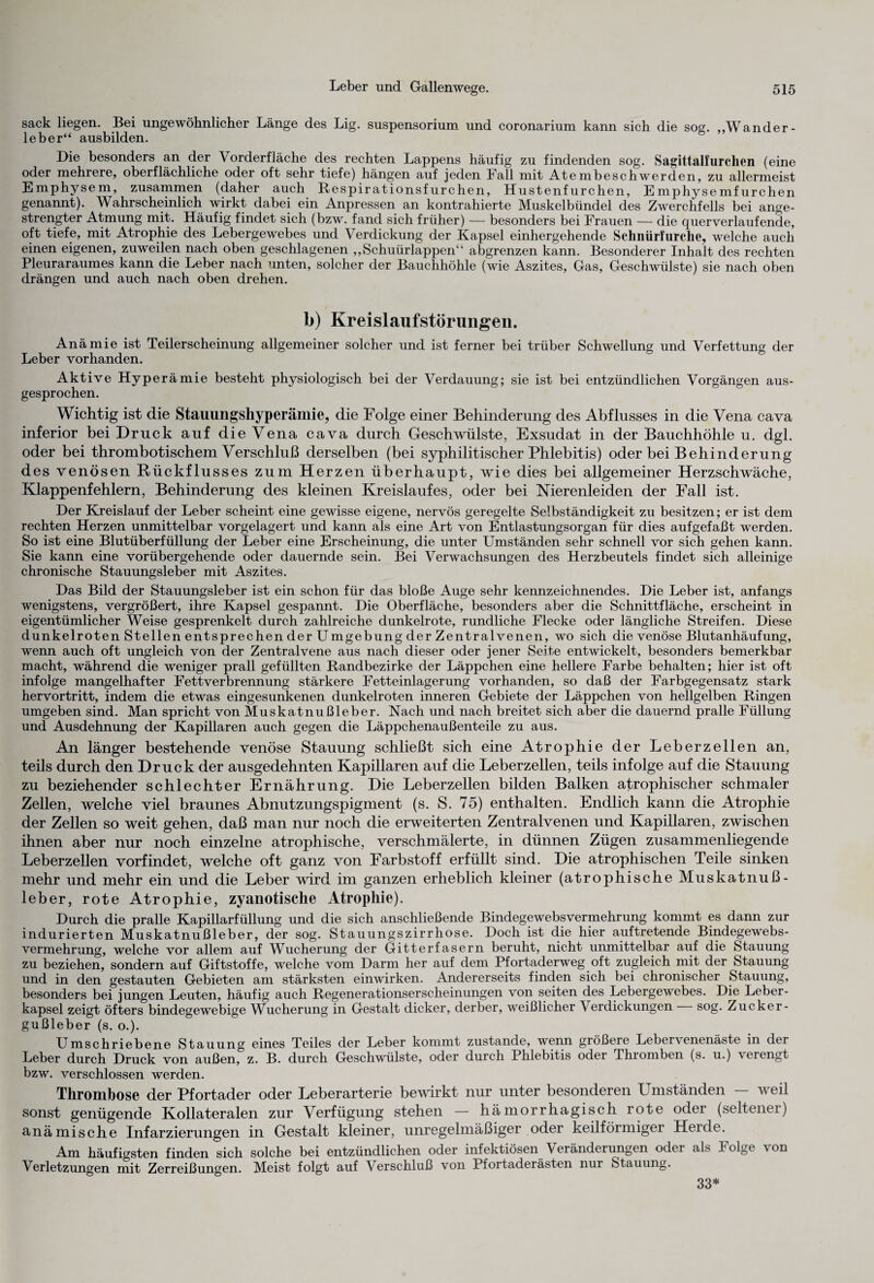 sack liegen. Bei ungewöhnlicher Länge des Lig. Suspensorium und coronarium kann sich die sog. „Wander¬ leber“ ausbilden. Die besonders an der Vorderfläche des rechten Lappens häufig zu findenden sog. Sagittalfurchen (eine oder mehrere, oberflächliche oder oft sehr tiefe) hängen auf jeden Fall mit Atembeschwerden, zu allermeist Emphysem, zusammen (daher auch Respirationsfurchen, Hustenfurchen, Emphysemfurchen genannt). Wahrscheinlich wirkt dabei ein Anpressen an kontrahierte Muskelbündel des Zwerchfells bei ange¬ strengter Atmung mit. Häufig findet sich (bzw. fand sich früher) — besonders bei Frauen — die quer verlauf ende, oft tiefe, mit Atrophie des Lebergewebes und Verdickung der Kapsel einhergehende Schnürfurche, welche auch einen eigenen, zuweilen nach oben geschlagenen „Schuürlappen“ abgrenzen kann. Besonderer Inhalt des rechten Pleuraraumes kann die Leber nach unten, solcher der Bauchhöhle (wie Aszites, Gas, Geschwülste) sie nach oben drängen und auch nach oben drehen. l>) Kreislaufstörungen. Anämie ist Teilerscheinung allgemeiner solcher und ist ferner bei trüber Schwellung und Verfettung der Leber vorhanden. Aktive Hyperämie besteht physiologisch bei der Verdauung; sie ist bei entzündlichen Vorgängen aus¬ gesprochen. Wichtig ist die Stauungshyperämie, die Folge einer Behinderung des Abflusses in die Vena cava inferior bei Druck auf die Vena cava durch Geschwülste, Exsudat in der Bauchhöhle u. dgl. oder bei thrombotischem Verschluß derselben (bei syphilitischer Phlebitis) oder bei Behinderung des venösen Bückflusses zum Herzen überhaupt, wie dies bei allgemeiner Herzschwäche, Klappenfehlern, Behinderung des kleinen Kreislaufes, oder bei Nierenleiden der Fall ist. Der Kreislauf der Leber scheint eine gewisse eigene, nervös geregelte Selbständigkeit zu besitzen; er ist dem rechten Herzen unmittelbar vorgelagert und kann als eine Art von Entlastungsorgan für dies aufgefaßt werden. So ist eine Blutüberfüllung der Leber eine Erscheinung, die unter Umständen sehr schnell vor sich gehen kann. Sie kann eine vorübergehende oder dauernde sein. Bei Verwachsungen des Herzbeutels findet sich alleinige chronische Stauungsleber mit Aszites. Das Bild der Stauungsleber ist ein schon für das bloße Auge sehr kennzeichnendes. Die Leber ist, anfangs wenigstens, vergrößert, ihre Kapsel gespannt. Die Oberfläche, besonders aber die Schnittfläche, erscheint in eigentümlicher Weise gesprenkelt durch zahlreiche dunkelrote, rundliche Flecke oder längliche Streifen. Diese dunkelroten Stellen entsprechen der Umgebung der Zentralvenen, wo sich die venöse Blutanhäufung, wenn auch oft ungleich von der Zentralvene aus nach dieser oder jener Seite entwickelt, besonders bemerkbar macht, während die weniger prall gefüllten Randbezirke der Läppchen eine hellere Farbe behalten; hier ist oft infolge mangelhafter Fettverbrennung stärkere Fetteinlagerung vorhanden, so daß der Farbgegensatz stark hervortritt, indem die etwas eingesunkenen dunkelroten inneren Gebiete der Läppchen von hellgelben Ringen umgeben sind. Man spricht von Muskatnußleber. Nach und nach breitet sich aber die dauernd pralle Füllung und Ausdehnung der Kapillaren auch gegen die Läppchenaußenteile zu aus. An länger bestehende venöse Stauung schließt sich eine Atrophie der Leberzellen an, teils durch den Druck der ausgedehnten Kapillaren auf die Leberzellen, teils infolge auf die Stauung zu beziehender schlechter Ernährung. Die Leberzellen bilden Balken atrophischer schmaler Zellen, welche viel braunes Abnutzungspigment (s. S. 75) enthalten. Endlich kann die Atrophie der Zellen so weit gehen, daß man nur noch die erweiterten Zentralvenen und Kapillaren, zwischen ihnen aber nur noch einzelne atrophische, verschmälerte, in dünnen Zügen zusammenliegende Leberzellen vorfindet, welche oft ganz von Farbstoff erfüllt sind. Die atrophischen Teile sinken mehr und mehr ein und die Leber wird im ganzen erheblich kleiner (atrophische Muskatnuß- leber, rote Atrophie, zyanotische Atrophie). Durch die pralle Kapillarfüllung und die sich anschließende Bindegewebsvermehrung kommt es dann zur indurierten Muskatnußleber, der sog. Stauungszirrhose. Doch ist die hier auftretende Bindegewebs¬ vermehrung, welche vor allem auf Wucherung der Gitterfasern beruht, nicht unmittelbar auf die Stauung zu beziehen, sondern auf Giftstoffe, welche vom Darm her auf dem Pfortaderweg oft zugleich mit der Stauung und in den gestauten Gebieten am stärksten einwirken. Andererseits finden sich bei chronischer Stauung, besonders bei jungen Leuten, häufig auch Regenerationserscheinungen von seiten des Lebergewebes. Die Leber¬ kapsel zeigt öfters bindegewebige Wucherung in Gestalt dicker, derber, weißlicher Verdickungen sog. Zucker¬ gußleber (s. o.). Umschriebene Stauung eines Teiles der Leber kommt zustande, wenn größere Lebervenenäste in der Leber durch Druck von außen, z. B. durch Geschwülste, oder durch Phlebitis oder Thromben (s. u.) verengt bzw. verschlossen werden. Thrombose der Pfortader oder Leberarterie bewirkt nur unter besonderen Umständen weil sonst genügende Kollateralen zur Verfügung stehen — hämorrhagisch rote odei (seltener) anämische Infarzierungen in Gestalt kleiner, unregelmäßiger oder keilförmigei Heide. Am häufigsten finden sich solche bei entzündlichen oder infektiösen Veränderungen oder als Folge von Verletzungen mit, Zerreißungen. Meist folgt auf Verschluß von Pfortaderästen nur Stauung. 33*
