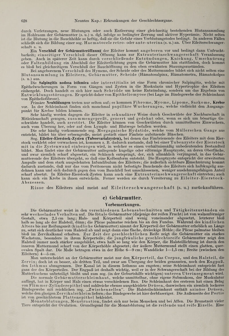 durch Verletzungen, neue Blutungen oder auch Entleerung einer gleichzeitig bestehenden Blutansammlung im Hohlraum der Gebärmutter (s. u.) u. dgl. infolge so bedingter Zerrung und aktiver Hyperämie. Nicht selten ist die Blutung in die Bauchhöhle so heftig, daß sie die Gefahr eines Verblutungstodes bedingt. In anderen Fällen schließt sich die Bildung einer sog. Haematocele retro- oder ante-uterina (s. u.) an. Über Eileiterschwanger¬ schaft s. u. Ein Verschluß der Gebärmutteröffnung der Eileiter kommt angeboren vor und bedingt dann Unfrucht¬ barkeit; einseitiger Verschluß dieser Öffnung kann zur Extrauterinschwangerschaft Veranlassung geben. Auch in späterer Zeit kann durch verschließende Entzündungen, Knickung, Umschnürung oder Faltenbildung ein Abschluß der Eileiterlichtung gegen die Gebärmutter hin stattfinden, doch kommt es bloß bei gleichzeitigem Verschluß der Bauchöffnung zu den oben erwähnten Stauungszuständen. Bei angeborenem Verschluß des Hymens, der Scheide oder des Muttermundes bildet sich nicht selten eine Blutansammlung in Eileitern, Gebärmutter, Scheide (Hämatosalpinx, Hämatometra, Hämatokolpos (s. u.) aus. Die Salpingitis nodosa isthmica oder interstitialis ist eine Form chronischer Salpingitis, welche mit Epithelwucherungen in Form von Gängen und Zysten in die Muskularis und Hypertrophie des Eileiters einhergeht. Doch handelt es sich hier nach Schridde um keine Entzündung, sondern um das Ergebnis von Entwicklungsstörungen. Er spricht daher von Epithelio myose (bei Lage im Bindegewebe der Schleimhaut von Epitheliofibrose). Primäre Neubildungen treten nur selten auf; es kommen Fibrome, Myome, Lipome, Sarkome, Krebse vor. In der Schleimhaut finden sich manchmal papilläre Wucherungen, welche vielleicht den Ausgangs¬ punkt für Krebse bilden können. Sehr häufig werden dagegen die Eileiter in sekundärer Weise durch Geschwülste der Nachbarschaft in Mitleidenschaft gezogen, zusammengepreßt, gezerrt und gedehnt oder, wenn es sich um bösartige Ge¬ schwülste handelt, auch zerstört. Die Eileiter können von Geschwülsten durch unmittelbares Einwuchern, auch vom Überzug her, oder auf dem Lymph- und Blutwege befallen werden. Die sehr häufig vorkommende sog. Morgagnische Hydatide, welche vom Müllerschen Gange aus entsteht, bildet bis über erbsengroße, meist gestielt einer Fimbrie aufsitzende Bläschen. Sog. Eileiter-Eierstock-Zysten (Tuboovarialzysten), bei denen das Fimbrienende des Eileiters mit dem Eier¬ stock verklebt oder verwachsen ist, kommen z. B. dadurch zustande, daß bei einer Tubenzyste der Eierstock mit in die Zystenwand einbezogen wird, in welcher es einen verhältnismäßig unbedeutenden Bestandteil bildet. Man findet eine der Gebärmutter anliegende kugelige oder eiförmige Hauptzyste, an deren Oberfläche, und zwar ziemlich scharf abgesetzt, ein Schlauch entspringt, der, sich allmählich verjüngend, in das Gebär¬ mutterende des Eileiters übergeht, so daß eine Kolbenform entsteht. Die Hauptzyste entspricht der erweiterten Ampulle und dem stark ausgedehnten Infundibulum des Eileiters; die äußerlich sichtbare Einschnürung kommt dadurch zustande, daß nur das vom Peritoneum nicht befestigte Bauchende des Eileiters sich halbkugelig aus¬ dehnen kann und sich dadurch gegen den vom Bauchfell fest umschlossenen, weniger ausdehnungsfähigen Anteil scharf absetzt. In Eileiter-Eierstock-Zysten kann auch eine Extrauterinschwangerschaft eintreten; auch kann sich ein Krebs in ihnen entwickeln. Ferner werden sie durch Vereiterung zu Eileiter-Eierstock- Abszessen. Risse des Eileiters sind meist auf Eileiterschwangerschaft (s. u.) zurückzuführen. c) Gebärmutter. Vorbemerkungen. Die Gebärmutter weist in den verschiedenen Lebensabschnitten und Tätigkeitszuständen ein sehr wechselndes Verhalten auf. Die fötale Gebärmutter (diejenige der reifen Frucht) ist von walzenförmiger Gestalt, etwa 2,5 cm lang; Hals- und Körperteil sind wenig voneinander abgesetzt, letzterer bloß halb so lang als der Halsteil, dünn; die Plicae palmatae reichen bis an den Fundus. Während des kindlichen Alters bis zur Reifungszeit (kindliche Gebärmutter) nimmt der Körperteil der Gebärmutter erheblich an Länge zu, setzt sich deutlicher vom Halsteil ab und zeigt dann eine flache, dreieckige Höhle; die Plicae palmatae bleiben bloß im Zervikalkanal erhalten. Zur Zeit der geschlechtlichen Reife zeigt die Gebärmutter ein starkes Wachstum, besonders in ihrem Körperteile; die jungfräuliche geschlechtsreife Gebärmutter zeigt den Halsteil immer noch stärker ausgebildet, etwa halb so lang wie den Körper, die Halsteillichtung ist durch den inneren Muttermund scharf von der Körperhöhle abgesetzt; der äußere Muttermund stellt einen glatten, quer- ovalen Spalt dar. Die Maße betragen etwa in der Höhe 6—9 cm; Wanddicke 1—1,5 cm; Breite (zwischen den Eileitern) 4—5 cm. Man unterscheidet an der Gebärmutter meist nur den Körperteil, das Corpus, und den Hai st eil, die Zervix; doch ist es besser, als dritten Teil, und zwar am Übergang der beiden genannten, noch den Engpaß, den Isthmus abzugrenzen. Der Kanal ist in diesem Isthmus am engsten; seine Schleimhaut entspricht fast ganz der des Körperteiles. Der Engpaß ist deshalb wichtig, weil er in der Schwangerschaft bei der Bildung des Mutterkuchens unbeteiligt bleibt und zum sog. (in der Geburtshilfe wichtigen) unteren Uterinsegment wird. Die normale Gebärmutterschleimhaut, welche unmittelbar, ohne eigene Submukosa, der Muskulatur aufliegt, hat in Körper und Hals einen etwas verschiedenen Bau. Die Schleimhaut des ersteren hat einen Belag von Flimmer-Zylinderepithel und zahlreiche ebenso ausgekleidete Drüsen, dazwischen ein ziemlich lockeres Bindegewebe mit reichlichen sog. ,,Zwischenzellen“. Die Halsteilschleimhaut enthält azinöse Drüsen, welche den glasigen Zervikalschleim liefern; das Bindegewebe ist hier derbfaseriger. Die Außenseite der Portio ist von geschichtetem Plattenepithel bekleidet. Monatsblutungen, Menstruation, findet sich nur beim Menschen und bei Affen. Die Brunstzeit vieler Tiere entspricht der Ovulation. Grundlegend für die Monatsblutung ist die reifende und reife Eizelle. Eine