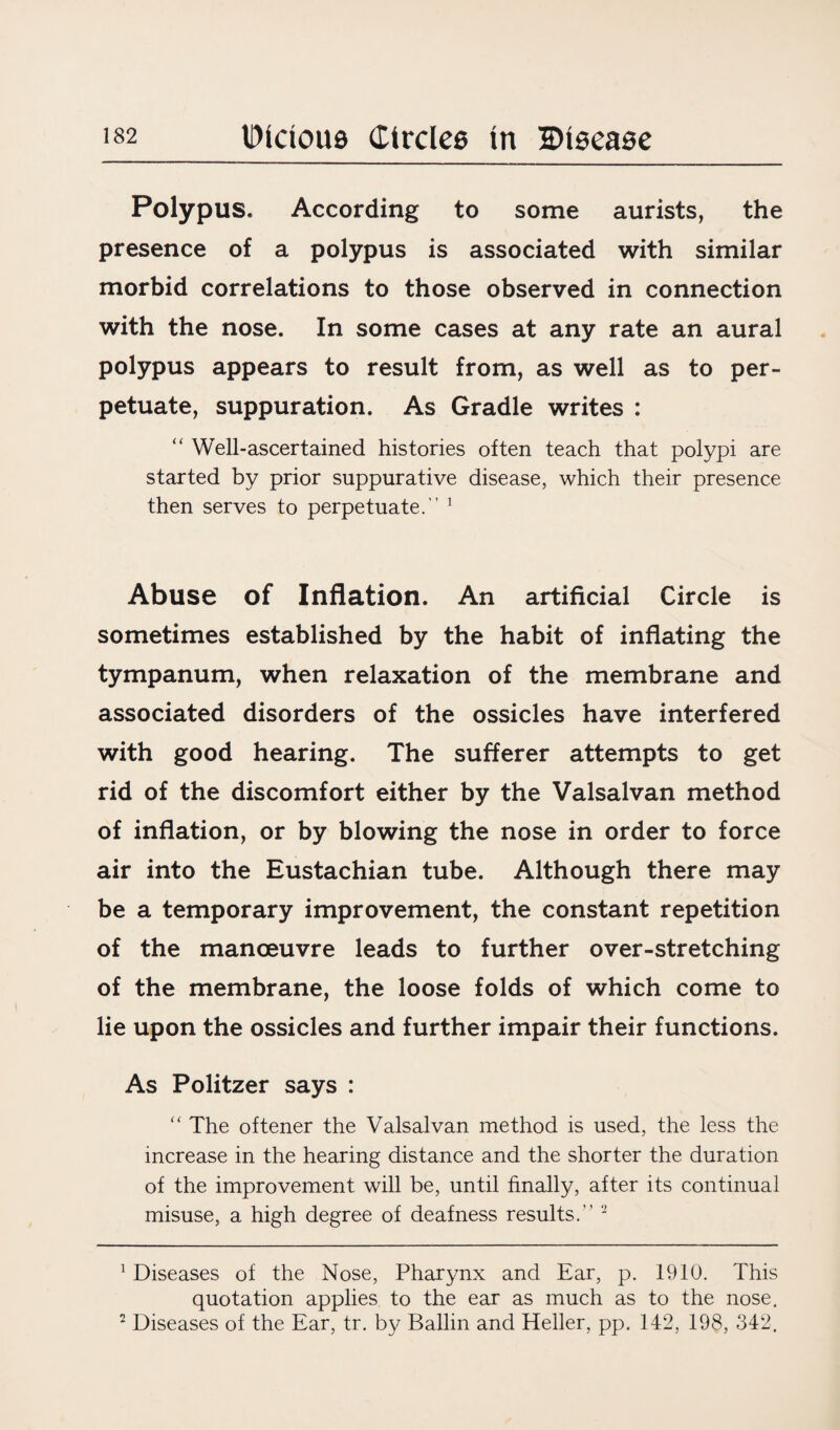 Polypus. According to some aurists, the presence of a polypus is associated with similar morbid correlations to those observed in connection with the nose. In some cases at any rate an aural polypus appears to result from, as well as to per¬ petuate, suppuration. As Gradle writes : “ Well-ascertained histories often teach that polypi are started by prior suppurative disease, which their presence then serves to perpetuate.’’ ] Abuse of Inflation. An artificial Circle is sometimes established by the habit of inflating the tympanum, when relaxation of the membrane and associated disorders of the ossicles have interfered with good hearing. The sufferer attempts to get rid of the discomfort either by the Valsalvan method of inflation, or by blowing the nose in order to force air into the Eustachian tube. Although there may be a temporary improvement, the constant repetition of the manoeuvre leads to further over-stretching of the membrane, the loose folds of which come to lie upon the ossicles and further impair their functions. As Politzer says : “ The oftener the Valsalvan method is used, the less the increase in the hearing distance and the shorter the duration of the improvement will be, until finally, after its continual misuse, a high degree of deafness results.” 1 2 1 Diseases of the Nose, Pharynx and Ear, p. 1910. This quotation applies to the ear as much as to the nose. 2 Diseases of the Ear, tr. by Ballin and Heller, pp. 142, 198, 342.