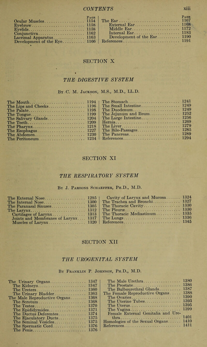Page Ocular Muscles. 1154 Eyebrow. 1158 Eyelids... 1158 Conjunctiva. 1162 Lacrimal Apparatus. 1163 Development of the Eye. 1166 Page The Ear. 1167 External Ear. 1168 Middle Ear.. . 1172 Internal Ear. 1183 Development of the Ear. 1190 References. 1191 SECTION X THE DIGESTIVE SYSTEM By C. M. Jackson, M.S., M.D., LL.D. 1241 1249 1249 1252 1256 1269 1279 1285 1289 1294 The Mouth. 1194 The Lips and Cheeks. 1196 The Palate. 1198 The Tongue. 1199 The Salivary Glands. 1204 The Teeth. 1209 The Pharynx. 1218 The Esophagus. 1227 The Abdomen. 1230 The Peritoneum. 1234 The Stomach. The Small Intestine. The Duodenum. The Jejunum and Ileum . The Large Intestine. Hernia. The Liver. The Bile-Passages. The Pancreas. References. SECTION XI THE RESPIRATORY SYSTEM By J. Parsons Schaeffer, Ph.D., M.D. The External Nose. 1295 The Internal Nose. 1300 The Paranasal Sinuses. 1305 The Larynx. 1312 Cartilages of Larynx. 1313 Joints and Membranes of Larynx. .. . 1317 Muscles of Larynx. 1320 Cavity of Larynx and Mucosa. 1324 The Trachea and Bronchi. 1327 The Thoracic Cavity. 1330 The Pleurae. 1330 The Thoracic Mediastinum. 1335 The Lungs. 1336 References. 1345 SECTION XII THE UROGENITAL SYSTEM By Franklin P. Johnson, Ph.D., M.D. The Urinary Organs. 1347 The Kidneys..... 1347 The Ureters. 1360 The Urinary Bladder. 1363 The Male Reproductive Organs. 1368 The Scrotum. 1368 The Testes. 1370 The Epididymides. 1371 The Ductus Deferentes. 1374 The Ejaculatory Ducts. 1375 The Seminal Vesicles. 1375 The Spermatic Cord. 1376 The Penis. 1376 The Male Urethra. 1380 The Prostate. 1386 The Bulbourethral Glands. 1387 The Female Reproductive Organs. 1388 The Ovaries. 1390 The Uterine Tubes. 1393 The Uterus. 1395 The Vagina. 1399 Female External Genitalia and Ure¬ thra. 1401 Homologies of the Sexual Organs. 1410 References. 1411