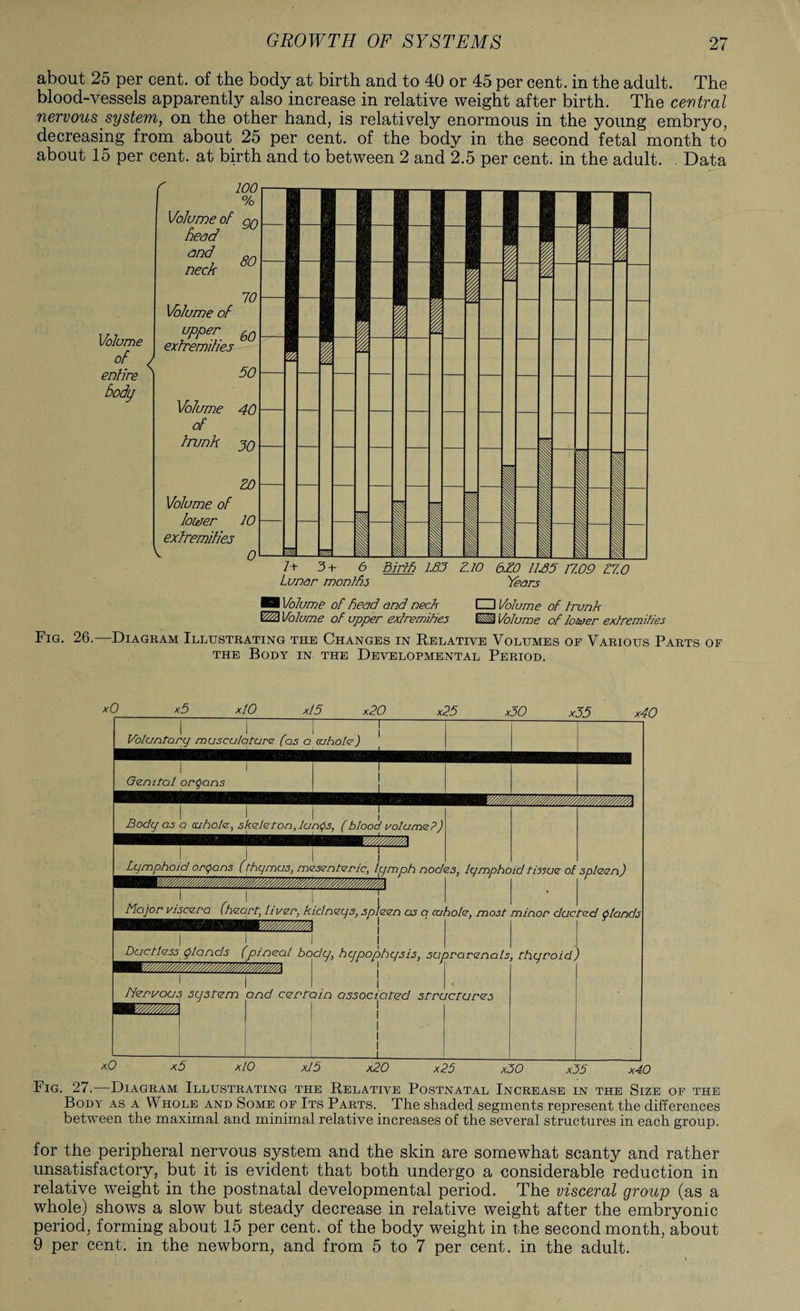 about 25 per cent, of the body at birth and to 40 or 45 per cent, in the adult. The blood-vessels apparently also increase in relative weight after birth. The cevtral nervous system, on the other hand, is relatively enormous in the young embryo, decreasing from about 25 per cent, of the body in the second fetal month to about 15 per cent, at birth and to between 2 and 2.5 per cent, in the adult. . Data Volume of J entire Body 100 % Volume of on feud ond neck 80 70 Volume of ypp% so extremities Volume 40 of trunk jo ZO Volume of lower 10 extremities V o Is 3 + 6 Birth 1.83 Z.IO 6.Z0 11.85 17.09 £7.0 Lunar months Years Bi Volume of head and neck □ Volume of trunk Volume of upper extremities BVolume of lower extremities Fig. 26.—Diagram Illustrating the Changes in Relative Volumes op Various Parts of the Body in the Developmental Period. xO x5 xlO x!5 x20 x25 x30 x35 x40 Voluntary musculature (as a cuhole) Genital organs Body as a cuhole, skeleton, lungs, (blood volume?) Lymphoid organs (thymus, mesenteric, lymph nodes, lymphoid tissue of spleen) Major viscera (heart, liver, kidneys, spleen as a cuhole, most minor ducted glands ^,QT,G^5. [ff.1.f.body, hypophysis, suprarenals, thyroid) Nervous system and certain associated structures xO x5 xlO xl5 x20 x25 x30 x35 x40 Fig. 27.—Diagram Illustrating the Relative Postnatal Increase in the Size of the Body as a Whole and Some of Its Parts. The shaded segments represent the differences between the maximal and minimal relative increases of the several structures in each group. for the peripheral nervous system and the skin are somewhat scanty and rather unsatisfactory, but it is evident that both undergo a considerable reduction in relative weight in the postnatal developmental period. The visceral group (as a whole) shows a slow but steady decrease in relative weight after the embryonic period, forming about 15 per cent, of the body weight in the second month, about 9 per cent, in the newborn, and from 5 to 7 per cent, in the adult.