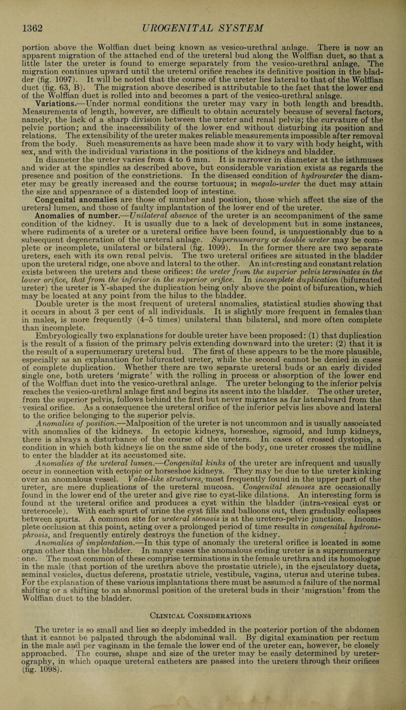 portion above the Wolffian duct being known as vesico-urethral anlage. There is now an apparent migration of the attached end of the ureteral bud along the Wolffian duct, so that a little later the ureter is found to emerge separately from the vesico-urethral anlage. 'The migration continues upward until the ureteral orifice reaches its definitive position in the blad¬ der (fig. 1097). It will be noted that the course of the ureter lies lateral to that of the Wolffian duct (fig. 63, B). The migration above described is attributable to the fact that the lower end of the Wolffian duct is rolled into and becomes a part of the vesico-urethral anlage. Variations.—Under normal conditions the ureter may vary in both length and breadth. Measurements of length, however, are difficult to obtain accurately because of several factors, namely, the lack of a sharp division between the ureter and renal pelvis; the curvature of the pelvic portion; and the inaccessibility of the lower end without disturbing its position and relations. The extensibility of the ureter makes reliable measurements impossible after removal from the body. Such measurements as have been made show it to vary with body height, with sex, and with the individual variations in the positions of the kidneys and bladder. In diameter the ureter varies from 4 to 6 mm. It is narrower in diameter at the isthmuses and wider at the spindles as described above, but considerable variation exists as regards the presence and position of the constrictions. In the diseased condition of hydroureter the diam¬ eter may be greatly increased and the course tortuous; in megalo-ureter the duct may attain the size and appearance of a distended loop of intestine. Congenital anomalies are those of number and position, those which affect the size of the ureteral lumen, and those of faulty implantation of the lower end of the ureter. Anomalies of number.—Unilateral absence of the ureter is an accompaniment of the same condition of the kidney. It is usually due to a lack of development but in some instances, where rudiments of a ureter or a ureteral orifice have been found, is unquestionably due to a subsequent degeneration of the ureteral anlage. Supernumerary or double ureter may be com¬ plete or incomplete, unilateral or bilateral (fig. 1099). In the former there are two separate ureters, each with its own renal pelvis. The two ureteral orifices are situated in the bladder upon the ureteral ridge, one above and lateral to the other. An interesting and constant relation exists between the ureters and these orifices: the ureter from the superior pelvis terminates in the lower orifice, that from the inferior in the superior orifice. In incomplete duplication (bifurcated ureter) the ureter is Y-shaped the duplication being only above the point of bifurcation, which may be located at any point from the hilus to the bladder. Double ureter is the most frequent of ureteral anomalies, statistical studies showing that it occurs in about 3 per cent of all individuals. It is slightly more frequent in females than in males, is more frequently (4-5 times) unilateral than bilateral, and more often complete than incomplete. Embryologically two explanations for double ureter have been proposed: (1) that duplication is the result of a fission of the primary pelvis extending downward into the ureter: (2) that it is the result of a supernumerary ureteral bud. The first of these appears to be the more plausible, especially as an explanation for bifurcated ureter, while the second cannot be denied in cases of complete duplication. Whether there are two separate ureteral buds or an early divided single one, both ureters ‘migrate ’ with the rolling in process or absorption of the lower end of the Wolffian duct into the vesico-urethral anlage. The ureter belonging to the inferior pelvis reaches the vesico-urethral anlage first and begins its ascent into the bladder. The other ureter, from the superior pelvis, follows behind the first but never migrates as far lateralward from the vesical orifice. As a consequence the ureteral orifice of the inferior pelvis lies above and lateral to the orifice belonging to the superior pelvis. Anomalies of position.—Malposition of the ureter is not uncommon and is usually associated with anomalies of the kidneys. In ectopic kidneys, horseshoe, sigmoid, and lump kidneys, there is always a disturbance of the course of the ureters. In cases of crossed dystopia, a condition in which both kidneys he on the same side of the body, one ureter crosses the midline to enter the bladder at its accustomed site. Anomalies of the ureteral lumen.-—Congenital kinks of the ureter are infrequent and usually occur in connection with ectopic or horseshoe kidneys. They may be due to the ureter kinking over an anomalous vessel. Valve-like structuresJ most frequently found in the upper part of the ureter, are mere duplications of the ureteral mucosa. Congenital stenoses are occasionally found in the lower end of the ureter and give rise to cyst-like dilations. An interesting form is found at the ureteral orifice and produces a cyst within the bladder (intra-vesical cyst or ureterocele). With each spurt of urine the cyst fills and balloons out, then gradually collapses between spurts. A common site for ureteral stenosis is at the uretero-pelvic junction. Incom¬ plete occlusion at this point, acting over a prolonged period of time results in congenital hydrone¬ phrosis, and frequently entirely destroys the function of the kidney. Anomalies of implantation.—In this type of anomaly the ureteral orifice is located in some organ other than the bladder. In many cases the anomalous ending ureter is a supernumerary one. The most common of these comprise terminations in the female urethra and its homologue in the male (that portion of the urethra above the prostatic utricle), in the ejaculatory ducts, seminal vesicles, ductus deferens, prostatic utricle, vestibule, vagina, uterus and uterine tubes. For the explanation of these various implantations there must be assumed a failure of the normal shifting or a shifting to an abnormal position of the ureteral buds in their ‘migration’ from the Wolffian duct to the bladder. Clinical Considerations The ureter is so small and lies so deeply imbedded in the posterior portion of the abdomen that it cannot be palpated through the abdominal wall. By digital examination per rectum in the male artd per vaginam in the female the lower end of the ureter can, however, be closely approached. The course, shape and size of the ureter may be easily determined by ureter¬ ography, in which opaque ureteral catheters are passed into the ureters through their orifices (fig. 1098).