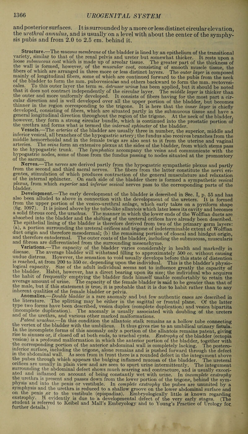 and posterior surfaces. It is surrounded by a more or less distinct circular elevation, the urethral annulus, and is usually on a level with about the center of the symphy¬ sis pubis and from 2.0 to 2.5 cm. behind it. Structure.—The mucous membrane of the bladder is lined by an epithelium of the transitional variety, similar to that of the renal pelvis and ureter but somewhat thicker. It rests upon a loose submucous coat which is made up of areolar tissue. The greater part of the thickness of the wall is formed, however, of the muscular coat, consisting of smooth muscle tissue, the fibers of which are arranged in three more or less distinct layers. The outer layer is composed mainly of longitudinal fibers, some of which are continued forward to the pubis from the neck of the bladder to form the mm. pubovesicalss and others backward to form the mm. rectovesi- cales. To this outer layer the term m. detrusor urinoe has been applied, but it should be noted that it does not contract independently of the circular layer. The middle layer is thicker than the outer and more uniformly developed. It consists of fibers having for the most part a cir¬ cular direction and is well developed over all the upper portion of the bladder, but becomes thinner in the region corresponding to the trigone. It is here that the inner layer is chiefly developed, consisting of fibers, which are situated partly in the submucous tissue and have a general longitudinal direction throughout the region of the trigone. At the neck of the bladder, however, they form a strong circular bundle, which is continued into the prostatic portion of the urethra and forms what is termed the internal sphincter of the bladder. . . Vessels. The arteries of the bladder are usually three in number, the superior, middle and inferior vesical, all branches of the hypogastric artery; the fundus also receives branches from the middle hemorrhoidal and in the female twigs are also sent to it from the uterine and vaginal arteries. The veins form an extensive plexus at the sides of the bladder, from which stems pass to the hypogastric trunk. The lymphatics accompany the veins and communicate with the hypogastric nodes, some of those from the fundus passing to nodes situated at the promontory of the sacrum. Nerves. The nerves are derived partly from the hypogastric sympathetic plexus and partly from the second and third sacral nerves. The fibers from the latter constitute the nervi eri- gentes, stimulation of which produces contraction of the general musculature and relaxation of the internal sphincter.. On each side of the bladder there is formed a sympathetic vesical plexus, from which superior and inferior vesical nerves pass to the corresponding parts of the bladder. Development.—The early development of the bladder is described in Sec. I, p. 55 and has also been alluded to above in connection with the development of the ureters. It is formed from the upper portion of the vesico-urethral anlage, which early takes on a pyriform shape 1097). It is joined above by the tube-like allantois which later loses its cavity and becomes a solid fibrous cord, the urachus. The manner in which the lower ends of the Wolffian ducts are absorbed into the bladder and the shifting of the ureteral orifices have already been described. The epithelial lining of the bladder is therefore derived from two of the primary germ layers: (a), a portion surrounding the ureteral orifices and trigone of indeterminable extent of Wolffian duct ?ng*n and therefore mesodermal; (b) the remaining portion of cloacal and hindgut origin, ancj ^lere^ore entodermal. The outer coats of the bladder, including the submucosa, muscularis and fibrosa are differentiated from the surrounding mesenchyme. Variations. The capacity of the bladder varies considerably in health and markedly in disease. The average bladder will withstand filling to approximately 500 cc. without causing undue distress. However, the sensation to void usually develops before this state of distention is reached, at from 200 to 350 cc. depending upon the individual. This is the bladder’s physio¬ logical capacity. Size of the adult individual seems not to influence greatly the capacity of the bladder. Habit, however, has a direct bearing upon its size; the individual who acquires the habit of frequently emptying the bladder finds himself unable comfortably to retain the average amount of urine. The capacity of the female bladder is said to be greater than that of the male, but if this statement is true, it is probable that it is due to habit rather than to any inherent qualities of the female bladder or pelvis. Anomalies.—Double bladder is a rare anomaly and but few authentic cases are described in the literature. The splitting may be either in the sagittal or frontal plane. Of the latter type two forms have been described, vesica duplex (complete duplication) and vesica bipartita (incomplete duplication). The anomaly is usually associated with doubling of the ureters and of the urethra, and various other marked malformations. Patent urachus.- In this condition the allantoic stalk remains as a hollow tube connecting the vertex of the bladder with the umbilicus. It thus gives rise to an umbilical urinary fistula. In the incomplete forms of this anomaly only a portion of the allantois remains patent, giving rise to sinuses or, if closed off at both ends, to urachal cysts. Exstrophy of the bladder (ectopia vesicte) is a profound malformation in which the anterior portion of the bladder, together with the corresponding portion of the anterior abdominal wall is completely lacking. The postero- mferior surface, including the trigone, alone remains and is pushed forward through the defect m the abdominal wall. As seen from in front there is a rounded defect in the integument above the pubes through which appears the bulging inflamed mucosa of the bladder. The ureteral orifices are usually in plain view and are seen to spurt urine intermittently. The integument surrounding the abdominal defect shows much scarring and contracture, and is usually excori¬ ated and inflamed on account of being constantly wet with urine. In incomplete exstrophy the urethra is present and passes down from the lower portion of the trigone, behind the sym¬ physis and into the penis or vestibule. In complete exstrophy the pubes are ununited by a symphysis and the urethra is reduced to a shallow groove on the lower abdominal surface and on the penis or to the vestibule (epispadias). Embryologically little is known regarding exstrophy. It evidently is due to a developmental defect of the very early stages. (The student is referred to Iveibel and Mall’s Embryology and to Young’s Practice of Urology for further details.)