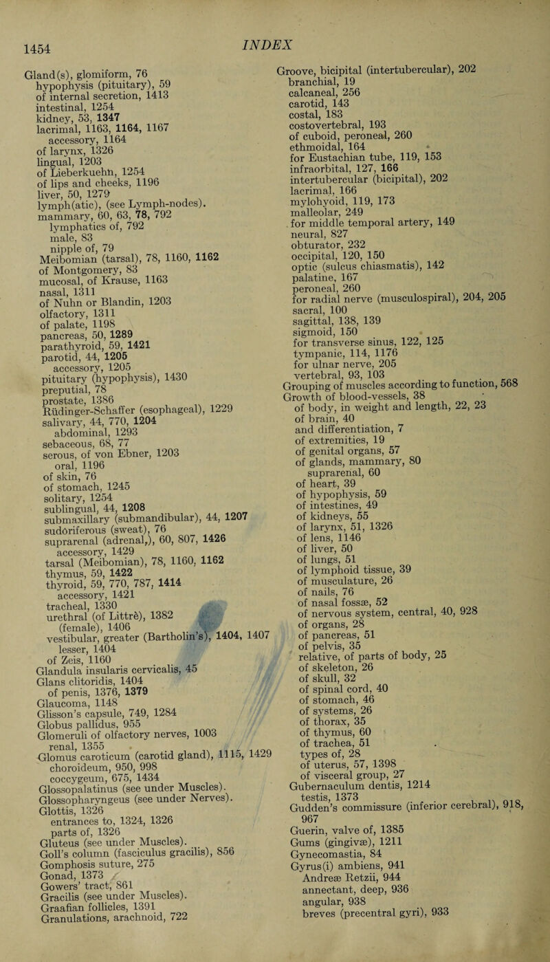 Gland (s), glomiform, 76 hypophysis (pituitary), 59 of internal secretion, 1413 intestinal, 1254 kidney, 53, 1347 lacrimal, 1163, 1164, 1167 accessory, 1164 of larynx, 1326 lingual, 1203 of Lieberkuehn, 1254 of lips and cheeks, 1196 liver, 50, 1279 lymph (atic), (see Lymph-nodes). mammary, 60, 63, 78, 792 lymphatics of, 792 male, 83 nipple of, 79 _ Meibomian (tarsal), 78, 1160, 1162 of Montgomery, 83 mucosal, of Krause, 1163 nasal, 1311 of Nuhn or Blandin, 1203 olfactory, 1311 of palate, 1198 pancreas, 50, 1289 parathyroid, 59, 1421 parotid, 44, 1205 accessory, 1205 pituitary (hypophysis), 1430 preputial, 78 prostate, 1386 Riidinger-Schaffer (esophageal), 1229 salivary, 44, 770, 1204 abdominal, 1293 sebaceous, 68, 77 serous, of von Ebner, 1203 oral, 1196 of skin, 76 of stomach, 1245 solitary, 1254 sublingual, 44, 1208 submaxillary (submandibular), 44, 1207 sudoriferous (sweat), 76 suprarenal (adrenal,), 60, 807, 1426 accessory, 1429 tarsal (Meibomian), 78, 1160, 1162 thymus, 59, 1422 thyroid, 59, 770, 787, 1414 accessory, 1421 tracheal, 1330 urethral (of Littre), 1382 (female), 1406 _ vestibular, greater (Bartholin’s), 1404, 1407 lesser, 1404 of Zeis, 1160 Glandula insularis cervicalis, 45 Gians clitoridis, 1404 of penis, 1376, 1379 Glaucoma, 1148 Glisson’s capsule, 749, 1284 Globus pallidus, 955 Glomeruli of olfactory nerves, 1003 Glomus caroticum (carotid gland), 1115, 1429 choroideum, 950, 998 coccygeum, 675, 1434 Glossopalatinus (see under Muscles). Glossopharyngeus (see under Nerves). Glottis, 1326 entrances to, 1324, 1326 parts of, 1326 Gluteus (see under Muscles). Goll’s column (fasciculus gracilis), 856 Gomphosis suture, 275 Gonad, 1373 / Gowers’ tract, 861 Gracilis (see under Muscles). Graafian follicles, 1391 Granulations, arachnoid, 722 Groove, bicipital (intertubercular), 202 branchial, 19 calcaneal, 256 carotid, 143 costal, 183 costovertebral, 193 of cuboid, peroneal, 260 ethmoidal, 164 for Eustachian tube, 119, 153 infraorbital, 127, 166 intertubercular (bicipital), 202 lacrimal, 166 mylohyoid, 119, 173 malleolar, 249 for middle temporal artery, 149 neural, 827 obturator, 232 occipital, 120, 150 optic (sulcus chiasmatis), 142 palatine, 167 peroneal, 260 for radial nerve (musculospiral), 204, 205 sacral, 100 sagittal, 138, 139 sigmoid, 150 for transverse sinus, 122, 125 tympanic, 114, 1176 for ulnar nerve, 205 vertebral, 93, 103 Grouping of muscles according to function, 568 Growth of blood-vessels, 38 ' of body, in weight and length, 22, 23 of brain, 40 and differentiation, 7 of extremities, 19 of genital organs, 57 of glands, mammary, 80 suprarenal, 60 of heart, 39 of hypophysis, 59 of intestines, 49 of kidneys, 55 of larynx, 51, 1326 of lens, 1146 of liver, 50 of lungs, 51 of lymphoid tissue, 39 of musculature, 26 of nails, 76 of nasal fossae, 52 of nervous system, central, 40, 928 of organs, 28 of pancreas, 51 of pelvis, 35 relative, of parts of body, 25 of skeleton, 26 of skull, 32 of spinal cord, 40 of stomach, 46 of systems, 26 of thorax, 35 of thymus, 60 of trachea, 51 types of, 28 of uterus, 57, 1398 of visceral group, 27 Gubernaculum dentis, 1214 testis, 1373 . . nio Gudden’s commissure (inferior cerebral), 918, 967 Guerin, valve of, 1385 Gums (gingivae), 1211 Gynecomastia, 84 Gyrus (i) ambiens, 941 Andreae Retzii, 944 annectant, deep, 936 angular, 938 breves (precentral gyri), 933