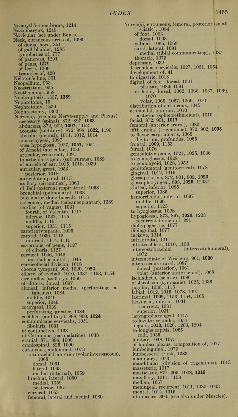 Nasmyth’s membrane, 1214 Nasopharynx, 1218 Navicular (see under Bones). Neck, cutaneous areas of, 1099 of dorsal horn, 851 of gall-bladder, 1285 lymphatics of, 777 of pancreas, 1291 of penis, 1379 of teeth, 1209 triangles of, 420 N61aton’s line, 351 Neopallium, 953 Neostriatum, 955 Neothalamus, 958 Nephroptosis, 1357, 1359 Nephrotome, 15 Nephrotomy, 1359 Nephrectomy, 1360 Nerve(s), (see also Nerve-supply and Plexus) accessory (spinal), 872, 897, 1033 abducens, 872, 902, 1007, 1152 acoustic (auditory), 872, 898, 1022, 1190 alveolar (dental), 1011, 1012, 1014 anococcygeal, 1097 ansa hypoglossi, 1027, 1051, 1054 of Arnold (auricular), 1030 articular, recurrent, 1091 to articularis genu (subcrureus), 1082 of auricle of ear, 1015, 1018, 1030 auricular, great, 1053 posterior, 1018 auriculotemporal, 1015 axillary (circumflex), 1060 of Bell (external respiratory), 1058 bronchial (pulmonary), 1033 buccinator (long buccal), 1013 calcaneal, medial (calcaneoplantar), 1089 cardiac (of vagus), 1031 fourth, of Valentin, 1117 inferior, 1032, 1115 middle, 1115 superior, 1031, 1115 caroticotympanic, 1025 carotid, i036, 1115 internal, 1114, 1115 cavernous, of penis, 1127 of clitoris, 1127 cervical, 1046, 1049 first (suboccipital), 1046 cervicofacial division, 1018 chorda tympani, 902, 1020, 1022 ciliary, of eyeball, 1010, 1037, 1153, 1154 circumflex (axillary), 1060 of clitoris, dorsal, 1097 cluneal, inferior medial (perforating cu¬ taneous), 1084 middle, 1049 superior, 1049 coccygeal, 1039 perforating, greater, 1084 cochlear (auditory), 898, 900, 1024 communicans cervicalis, 1051 fibularis, 1091 of conjunctiva, 1163 of Cotunnius (nasopalatine), 1038 cranial, 871, 894, 1000 craniospinal, 825, 1000 cutaneous, abdominal, 1073 antibrachial, anterior (volar interosseous), 1068 dorsal, 1061 lateral, 1063 medial (internal), 1059 brachial, lateral, 1060 medial, 1059 posterior, 1061 cervical, 1053 femoral, lateral and medial, 1080 Nerve (s), cutaneous, femoral, posterior (small sciatic), 1084 of foot, 1093 dorsal, 1093 palmar, 1065, 1069 sural, lateral, 1091 medial (tibial communicating), 1087 thoracic, 1073 depressor, 1032 descendens cervicalis, 1027, 1051, 1054 development of, 41 to digastric, 1018 digital, of foot, dorsal, 1091 plantar, 1089, 1091 of hand, dorsal, 1062, 1066, 1067, 1069, 1070 volar, 1066, 1067, 1069, 1070 distribution of cutaneous, 1045 ethmoidal, anterior, 1010 posterior (sphenoethmoidal), 1010 facial, 872, 901, 1017 femoral (anterior crural), 1080 fifth cranial (trigeminus), 872, 902, 1008 to flexor carpi ulnaris, 1065 digitorum, profundus, 1065 frontal, 1009, 1153 furcal, 1076 geniculotympanic, 1021, 1025, 1036 to genioglossus, 1028 to geniohyoid, 1028, 1052 genitofemoral (genitocrural), 1078 gingival, 1012, 1015 glossopalatine, 872, 901, 902, 1020 glossopharyngeal, 898, 1025, 1203 gluteal, inferior, 1085 superior, 1085 hemorrhoidal, inferior, 1097 middle, 1096 superior, 1125 to hyoglossus, 1028 hypoglossal, 873, 897, 1026, 1203 recurrent branch of, 991 iliohypogastric, 1077 ilioinguinal, 1077 incisive, 1014 infraorbital, 1011 infratrochlear, 1010, 1153 intercostobrachial (intercostohumeral), 1072 intermediate of Wrisberg, 901, 1020 interosseous crural, 1087 dorsal (posterior), 1061 volar (anterior antibrachial), 1068 ischiadicus, (sciatic), 1086 of Jacobson (tympanic), 1025, 1036 jugular, 1036, 1115 labial, 1012, 1015, 1078, 1097 lacrimal, 1009, 1153, 1164, 1165 laryngeal, inferior, 1031 recurrent, 1031 superior, 1031 laryngopharyngeal, 1115 to levator scapulae, 1054 lingual, 1013, 1026, 1203, 1204 to longus capitis, 1055 colli, 1055 lumbar, 1048, 1075 of lumbar plexus, composition of, 1077 lumboinguinal, 1079 lumbosacral trunk, 1083 mammary, 1073 mandibular (division of trigeminus), 1013 masseteric, 1017 masticator, 872, 905, 1008, 1015 maxillary, 1011, 1153 median, 1067 meningeal, recurrent, 1011, 1030, 1043 mental, 1014, 1015 of muscles, 390, (see also under Muscles).