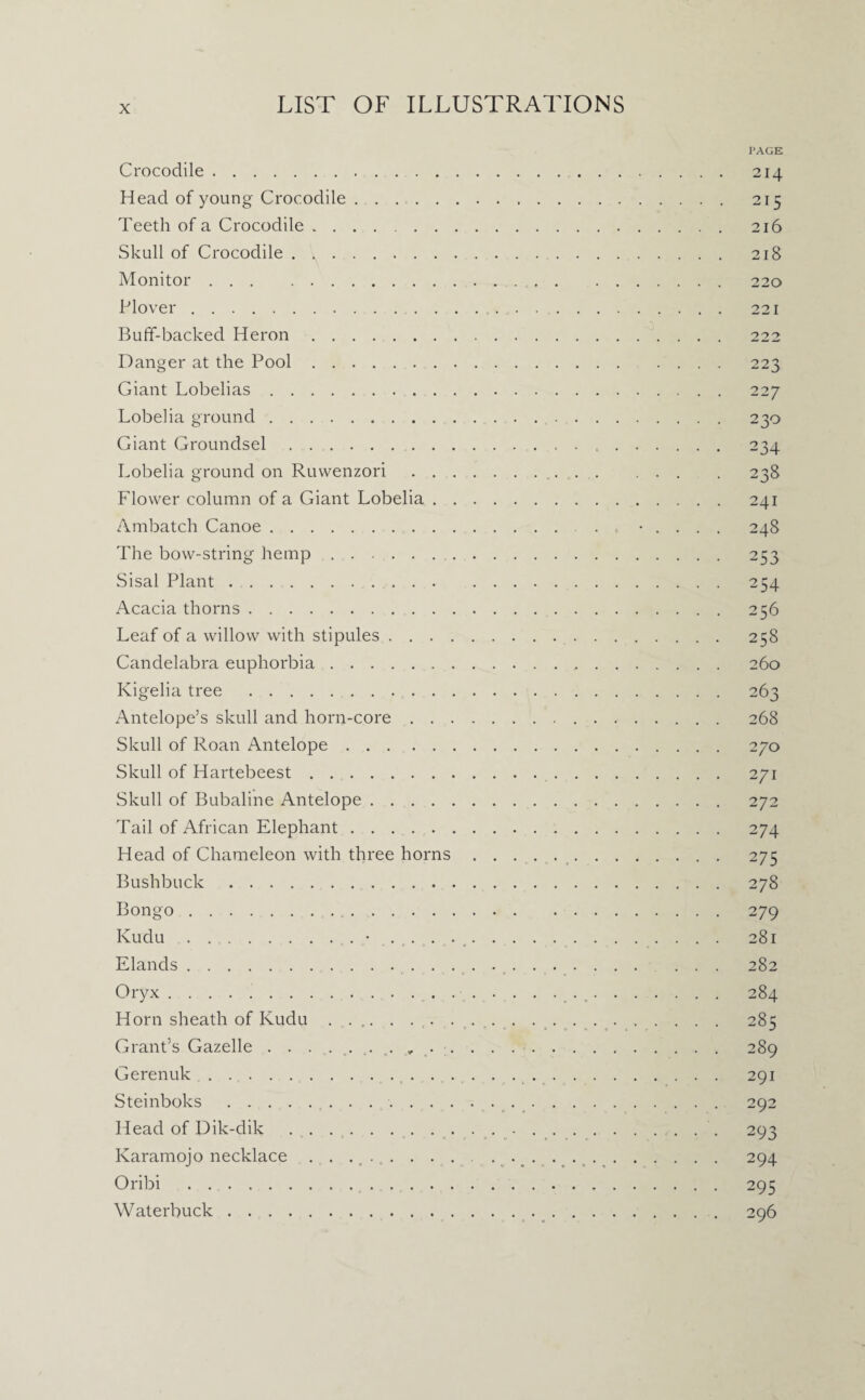 Crocodile. Head of young Crocodile. Teeth of a Crocodile. Skull of Crocodile. Monitor. Plover . Buff-backed Heron. Danger at the Pool. Giant Lobelias. Lobelia ground. Giant Groundsel. Lobelia ground on Ruwenzori . . Flower column of a Giant Lobelia . Ambatch Canoe. The bow-string hemp. Sisal Plant. Acacia thorns. Leaf of a willow with stipules . . . . Candelabra euphorbia. Kigelia tree . Antelope’s skull and horn-core . . . Skull of Roan Antelope. Skull of Hartebeest. Skull of Bubaline Antelope .... Tail of African Elephant. Head of Chameleon with three horns Bushbuck . Bongo... Kudu.. Elands. Oryx. Horn sheath of Kudu . . .. . . . . Grant’s Gazelle . . . ....... „ . . Gerenuk . ... Steinboks.. . . . Head of Dik-dik.. Karamojo necklace . . ..... . . . Oribi .. W aterbuck.. PAGE 214 215 2l6 218 220 22 I 222 223 227 230 234 238 241 248 253 254 256 258 260 263 268 270 271 272 274 275 278 279 281 282 284 285 289 291 292 293 294 295 296