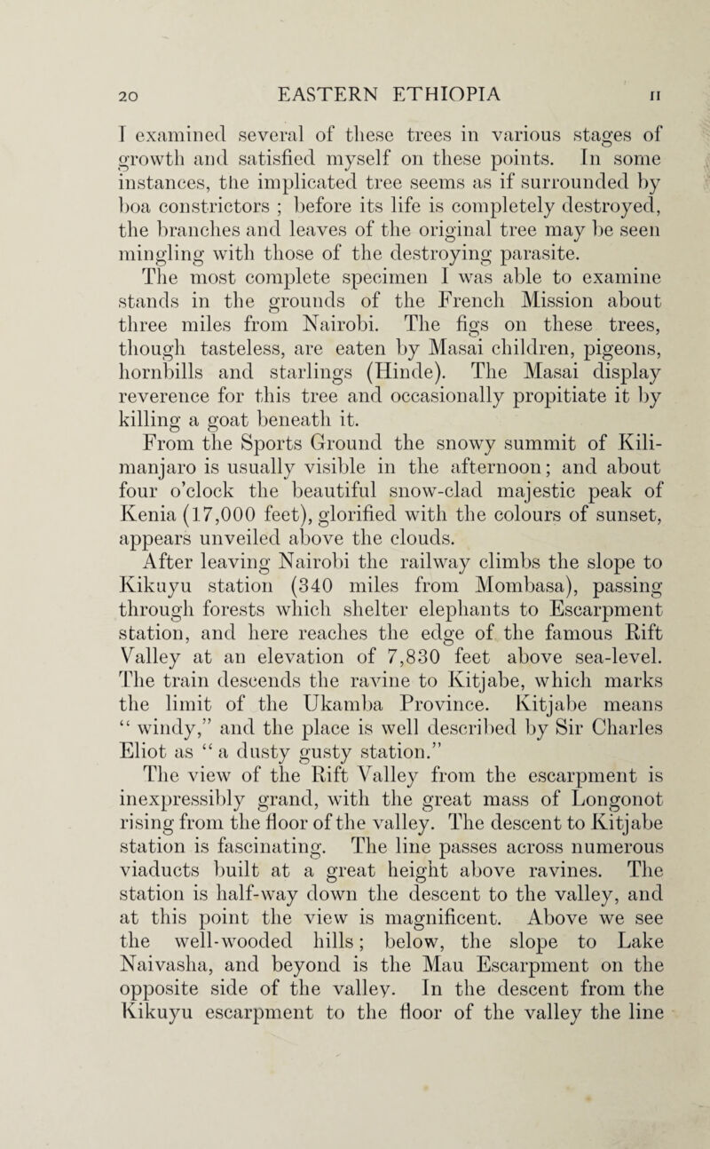 I examined several of these trees in various stages of growth and satisfied myself on these points. In some instances, the implicated tree seems as if surrounded by boa constrictors ; before its life is completely destroyed, the branches and leaves of the original tree may be seen mingling with those of the destroying parasite. The most complete specimen I was able to examine stands in the grounds of the French Mission about three miles from Nairobi. The fig's on these trees, though tasteless, are eaten by Masai children, pigeons, hornbills and starlings (Hinde). The Masai display reverence for this tree and occasionally propitiate it by killing a goat beneath it. From the Sports Ground the snowy summit of Kili¬ manjaro is usually visible in the afternoon; and about four o’clock the beautiful snow-clad majestic peak of Kenia (17,000 feet), glorified with the colours of sunset, appears unveiled above the clouds. After leaving Nairobi the railway climbs the slope to Kikuyu station (340 miles from Mombasa), passing through forests which shelter elephants to Escarpment station, and here reaches the edge of the famous Rift Valley at an elevation of 7,830 feet above sea-level. The train descends the ravine to Kitjabe, which marks the limit of the Ukamba Province. Kitjabe means “ windy,” and the place is well described by Sir Charles Eliot as “ a dusty gusty station.” The view of the Rift Valley from the escarpment is inexpressibly grand, with the great mass of Longonot rising from the floor of the valley. The descent to Kitjabe station is fascinating. The line passes across numerous viaducts built at a great height above ravines. The station is half-way down the descent to the valley, and at this point the view is magnificent. Above we see the well-wooded hills; below, the slope to Lake Naivasha, and beyond is the Mau Escarpment on the opposite side of the valley. In the descent from the Kikuyu escarpment to the floor of the valley the line