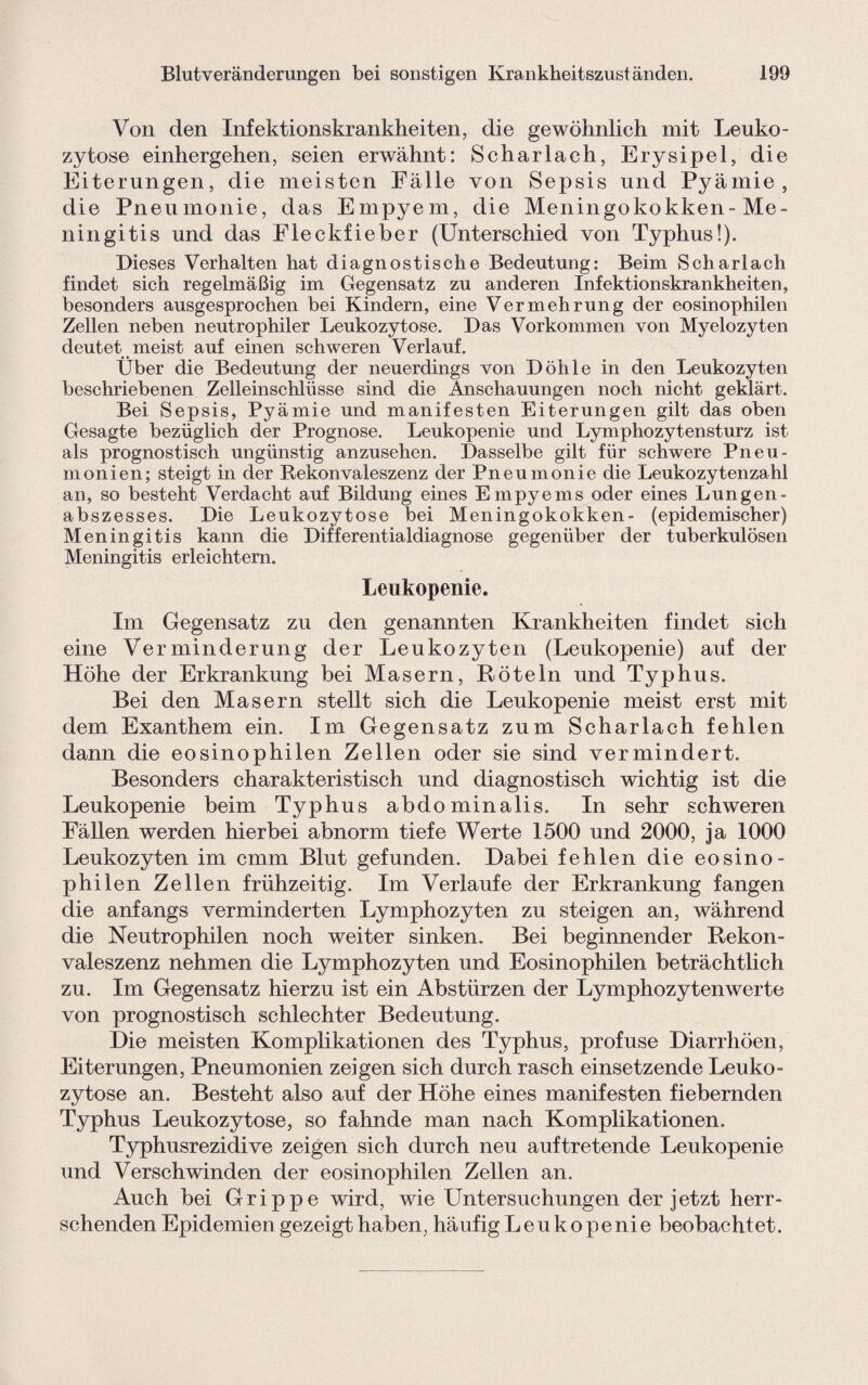 Von den Infektionskrankheiten, die gewöhnlich mit Leuko¬ zytose einhergehen, seien erwähnt: Scharlach, Erysipel, die Eiterungen, die meisten Fälle von Sepsis und Pyämie, die Pneumonie, das Empyem, die Meningokokken-Me¬ ningitis und das Fleckfieber (Unterschied von Typhus!). Dieses Verhalten hat diagnostische Bedeutung: Beim Scharlach findet sich regelmäßig im Gegensatz zu anderen Infektionskrankheiten, besonders ausgesprochen bei Kindern, eine Vermehrung der eosinophilen Zellen neben neutrophiler Leukozytose. Das Vorkommen von Myelozyten deutet meist auf einen schweren Verlauf. Über die Bedeutung der neuerdings von Döhle in den Leukozyten beschriebenen Zelleinschlüsse sind die Anschauungen noch nicht geklärt. Bei Sepsis, Pyämie und manifesten Eiterungen gilt das oben Gesagte bezüglich der Prognose. Leukopenie und Lymphozytensturz ist als prognostisch ungünstig anzusehen. Dasselbe gilt für schwere Pneu¬ monien; steigt in der Rekonvaleszenz der Pneumonie die Leukozytenzahl an, so besteht Verdacht auf Bildung eines Empyems oder eines Lungen- abszesses. Die Leukozytose bei Meningokokken- (epidemischer) Meningitis kann die Differentialdiagnose gegenüber der tuberkulösen Meningitis erleichtern. Leukopenie. Im Gegensatz zu den genannten Krankheiten findet sich eine Verminderung der Leukozyten (Leukopenie) auf der Höhe der Erkrankung bei Masern, Röteln und Typhus. Bei den Masern stellt sich die Leukopenie meist erst mit dem Exanthem ein. Im Gegensatz zum Scharlach fehlen dann die eosinophilen Zellen oder sie sind vermindert. Besonders charakteristisch und diagnostisch wichtig ist die Leukopenie beim Typhus abdominalis. In sehr schweren Fällen werden hierbei abnorm tiefe Werte 1500 und 2000, ja 1000 Leukozyten im emm Blut gefunden. Habei fehlen die eosino¬ philen Zellen frühzeitig. Im Verlaufe der Erkrankung fangen die anfangs verminderten Lymphozyten zu steigen an, während die Neutrophilen noch weiter sinken. Bei beginnender Rekon¬ valeszenz nehmen die Lymphozyten und Eosinophilen beträchtlich zu. Im Gegensatz hierzu ist ein Abstürzen der Lymphozytenwerte von prognostisch schlechter Bedeutung. Hie meisten Komplikationen des Typhus, profuse Hiarrhöen, Eiterungen, Pneumonien zeigen sich durch rasch einsetzende Leuko¬ zytose an. Besteht also auf der Höhe eines manifesten fiebernden Typhus Leukozytose, so fahnde man nach Komplikationen. Typhusrezidive zeigen sich durch neu auftretende Leukopenie und Verschwinden der eosinophilen Zellen an. Auch bei Grippe wird, wie Untersuchungen der jetzt herr¬ schenden Epidemien gezeigt haben, häufig Leukopenie beobachtet.