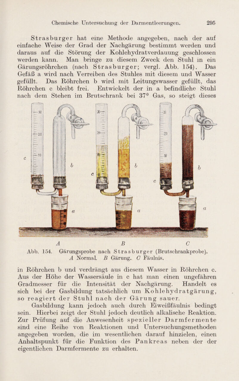 Strasburger hat eine Methode angegeben, nach der auf einfache Weise der Grad der Nachgärung bestimmt werden und daraus auf die Störung der Kohlehydratverdauung geschlossen werden kann. Man bringe zu diesem Zweck den Stuhl in ein Gärungsröhrchen (nach Strasburger; vergk Abb. 154). Das Gefäß a wird nach Verreiben des Stuhles mit diesem und Wasser gefüllt. Das Röhrchen b wird mit Leitungswasser gefüllt, das Röhrchen c bleibt frei. Entwickelt der in a befindliche Stuhl nach dem Stehen im Brutschrank bei 37° Gas, so steigt dieses ABC Abb. 154. Gärungsprobe nach Strasburger (Brutschrankprobe). A Normal. B Gärung. C Fäulnis. in Röhrchen b und verdrängt aus diesem Wasser in Röhrchen c. Aus der Höhe der Wassersäule in c hat man einen ungefähren Gradmesser für die Intensität der Nachgärung. Handelt es sich bei der Gasbüdung tatsächlich um Kohlehydratgärung, so reagiert der Stuhl nach der Gärung sauer. Gasbildung kann jedoch auch durch Eiweißfäulnis bedingt sein. Hierbei zeigt der Stuhl jedoch deutlich alkalische Reaktion. Zur Prüfung auf die Anwesenheit spezieller Darmfermente sind eine Reihe von Reaktionen und Untersuchungsmethoden angegeben worden, die im wesentlichen darauf hinzielen, einen Amhaltspunkt für die Funktion des Pankreas neben der der eigentlichen Darmfermente zu erhalten.