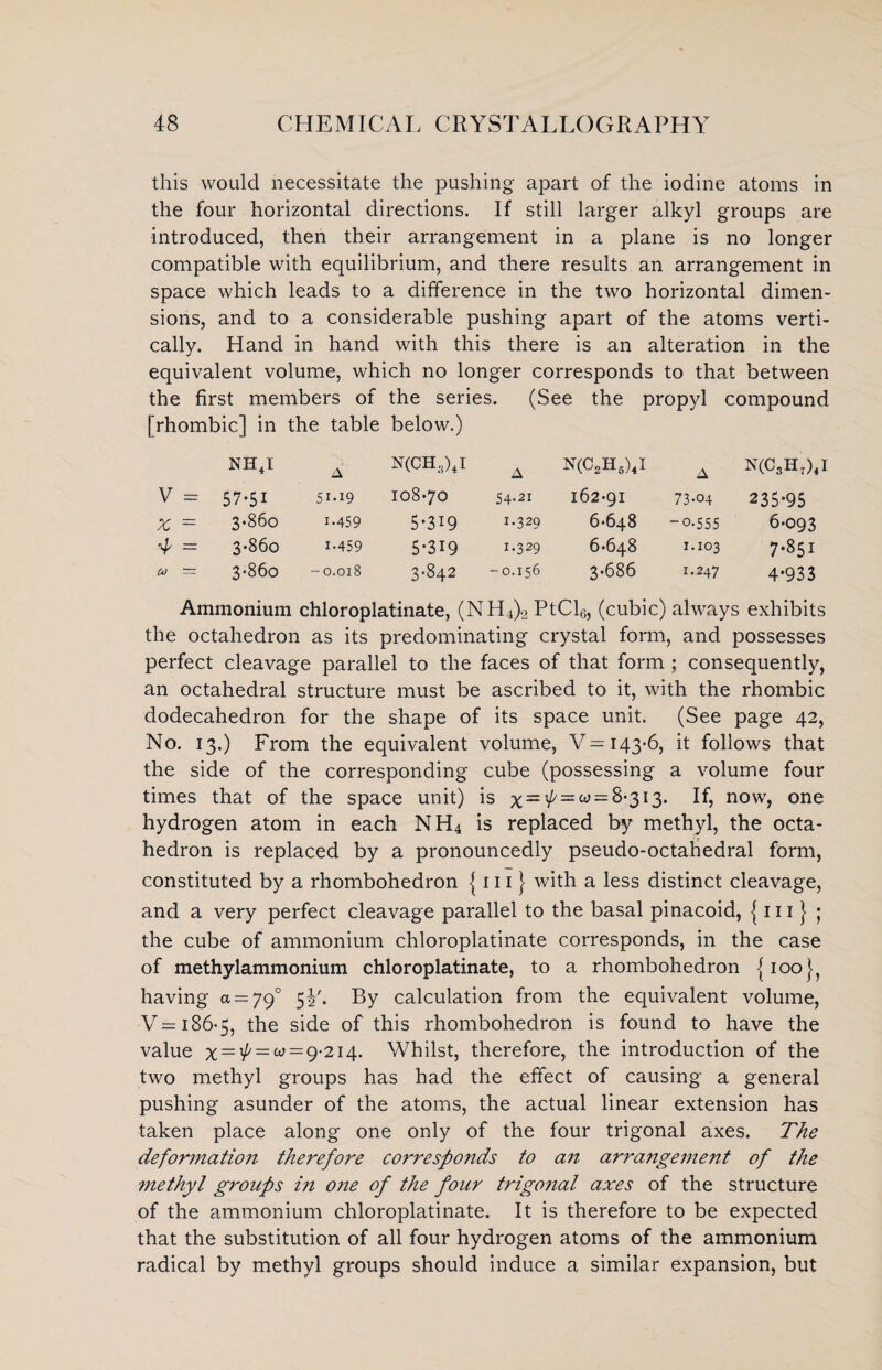 this would necessitate the pushing apart of the iodine atoms in the four horizontal directions. If still larger alkyl groups are introduced, then their arrangement in a plane is no longer compatible with equilibrium, and there results an arrangement in space which leads to a difference in the two horizontal dimen¬ sions, and to a considerable pushing apart of the atoms verti¬ cally. Hand in hand with this there is an alteration in the equivalent volume, which no longer corresponds to that between the first members of the series. (See the propyl compound [rhombic] in the table below.) NH4I A N(CH,)4I A N(C2H6)4I A N(C3H7)4I V = 57-51 51-19 108-70 54.21 162-91 73-04 235-95 X = 3-86o 1.459 5-3I9 1.329 6-648 -0.555 6-093 ■4 = 3-860 1-459 5-319 I.329 6-648 1-103 7-851 CO ~ 3-86o - 0.018 3-842 -0.156 3-686 1.247 4-933 Ammonium chloroplatinate, (NH4)2 PtCl6, (cubic) always exhibits the octahedron as its predominating crystal form, and possesses perfect cleavage parallel to the faces of that form ; consequently, an octahedral structure must be ascribed to it, with the rhombic dodecahedron for the shape of its space unit. (See page 42, No. 13.) From the equivalent volume, ¥=143-6, it follows that the side of the corresponding cube (possessing a volume four times that of the space unit) is x — 4/==OJ = ^'3l3' now, one hydrogen atom in each NH4 is replaced by methyl, the octa¬ hedron is replaced by a pronouncedly pseudo-octahedral form, constituted by a rhombohedron {111} with a less distinct cleavage, and a very perfect cleavage parallel to the basal pinacoid, {111J- ; the cube of ammonium chloroplatinate corresponds, in the case of methylammonium chloroplatinate, to a rhombohedron {100^ having a —790 51'. By calculation from the equivalent volume, V= 186-5, the side °f this rhombohedron is found to have the value x = ^ = w = 9-2i4. Whilst, therefore, the introduction of the two methyl groups has had the effect of causing a general pushing asunder of the atoms, the actual linear extension has taken place along one only of the four trigonal axes. The deformation therefore corresponds to an arrangement of the methyl groups in one of the four trigo?ial axes of the structure of the ammonium chloroplatinate. It is therefore to be expected that the substitution of all four hydrogen atoms of the ammonium radical by methyl groups should induce a similar expansion, but