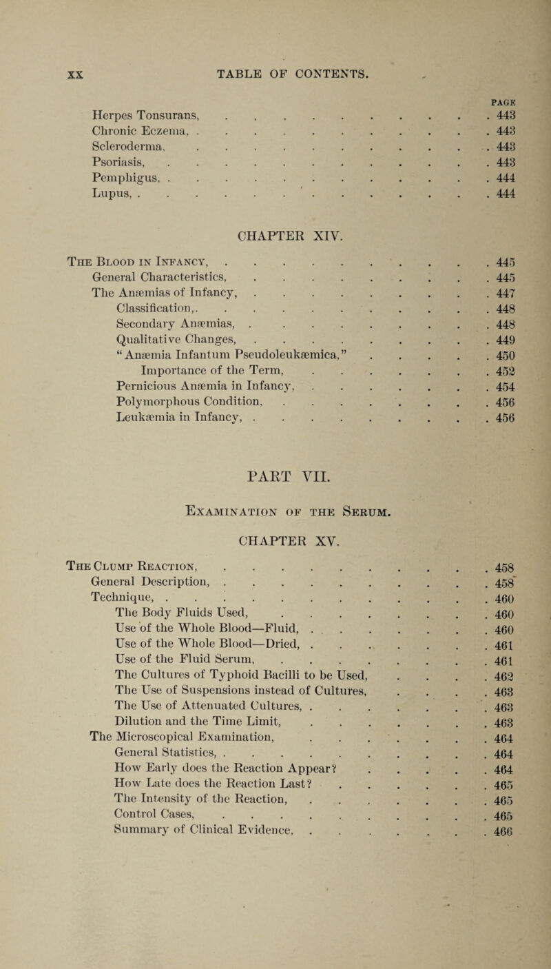 PAGE Herpes Tonsurans, . .443 Chronic Eczema, ..443 Scleroderma..443 Psoriasis,.443 Pemphigus.444 Lupus,. 444 CHAPTER XIV. The Blood in Infancy,.445 General Characteristics,.445 The Anaemias of Infancy,.447 Classification,.448 Secondary Anaemias, ..448 Qualitative Changes,.449 “Anaemia Infantum Pseudoleuksemica,”.450 Importance of the Term,.452 Pernicious Anaemia in Infancy,.454 Polymorphous Condition,.456 Leukaemia in Infancy,.456 PART VII. Examination of the Serum. CHAPTER XV. The Clump Reaction,.458 General Description,.458 Technique,.460 The Body Fluids Used,.460 Use of the Whole Blood—Fluid, ..460 Use of the Whole Blood—Dried,.461 Use of the Fluid Serum,.461 The Cultures of Typhoid Bacilli to be Used, .... 462 The Use of Suspensions instead of Cultures, .... 463 The Use of Attenuated Cultures,.463 Dilution and the Time Limit,.463 The Microscopical Examination, ....... 464 General Statistics,.464 How Early does the Reaction AppearV.464 How Late does the Reaction Last?.465 The Intensity of the Reaction,.465 Control Cases,.465 Summary of Clinical Evidence.466