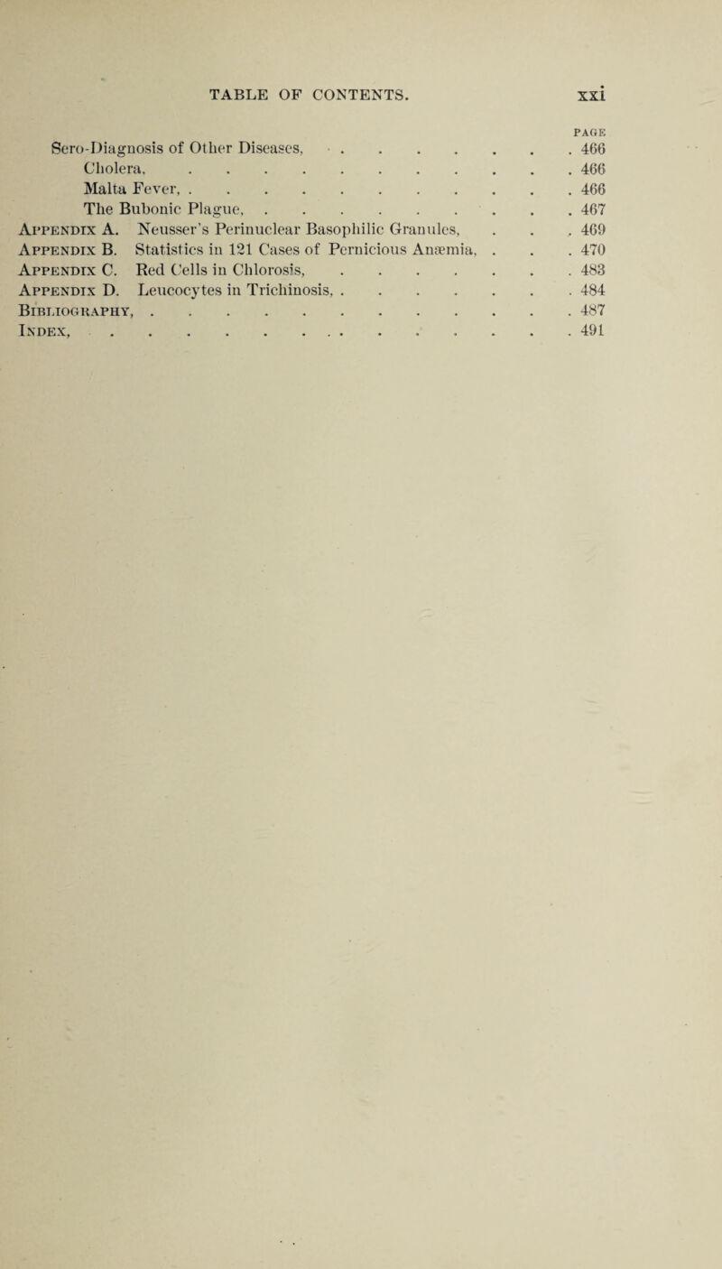 PAGE Sero-Diagnosis of Other Diseases,.466 Cholera,.466 Malta Fever,.466 The Bubonic Plague.467 Appendix A. Neusser’s Perinuclear Basophilic Granules, . . . 469 Appendix B. Statistics in 121 Cases of Pernicious Anaemia, . . . 470 Appendix C. Red Cells in Chlorosis,.483 Appendix D. Leucocytes in Trichinosis,.484 Bibliography.487 Index,. 491