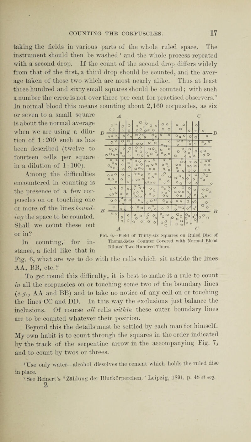B - taking the fields in various parts of the whole ruled, space. The instrument should then be washed 1 and the whole process repeated with a second drop. If the count of the second drop differs widely from that of the first, a third drop should be counted, and the aver¬ age taken of those two which are most nearly alike. Thus at least three hundred and sixty small squares should be counted; with such a number the error is not over three per cent for practised observers.2 In normal blood this means counting about 2,160 corpuscles, as six or seven to a small square ^ c is about the normal average when we are using a dilu- u ' U' A J 7 ?0 „ j“p| “ j? tion of 1: 200 such as has been described (twelve to fourteen cells per square in a dilution of 1:100). y Among the difficulties encountered in counting is the presence of a few cor¬ puscles on or touching one or more of the lines bound¬ ing the space to be counted. Shall we count these out or in? In counting, for in¬ stance, a held like that in Fig. 6, what are we to do with the cells which sit astride the lines AA, BB, etc.? o ° O 0 o O (2 0 o o o o o 0 o 0 c V o o° o o o o o o o O O ° o °n o O o Q . °0 o o o 0 o o o o ou o — o >£ o o o o o n Q U (5 o o o o o o o 0-0 0 o o o oo o o o ° o rv O O c o O o 0 O 0 0 o o o o O o o ° O o o O O o o o 0 O O 3 O ° o ° o o o o o 00 o u °° c o o o O 0 o o o o °° o o °°o ° o o O o o o oo o o o O o o o o o o o o o o 0 o o o ° o o 0 o °o o o o 5 OO o o ° o O O o o °o o o D°0 O o ° °o o 0 o O O o O < a ^ o ° c °o Oo° o o o o O O 0 0 0 o o *0° Q°r, 3 ° o o o o O O O O o o o o o o o ® o° O o ) ‘ < o o o o°° ° ° ( > o o 0 oQ o 0 0 1 0 o o °. O o ° ;°° o° o o ° o ° 0 0 o ° o o ° o o O °0° O o° °° o° 0 o° O ° 1 o o o O 0 o o o o o O B C Fig. 6.—Field of Thirty-six Squares on Ruled Disc of Thoma-Zeiss Counter Covered with Normal Blood Diluted Two Hundred Times. To get round this difficulty, it is best to make it a rule to count in all the corpuscles on or touching some two of the boundary lines (c.y., AA and BB) and to take no notice of any cell on or touching the lines CC and DD. In this way the exclusions just balance the inclusions. Of course all cells within these outer boundary lines are to be counted whatever their position. Beyond this the details must be settled by each man for himself. My own habit is to count through the squares in the order indicated by the track of the serpentine arrow in the accompanying Fig. 7, and to count by twos or threes. 1 Use only water—alcohol dissolves the cement which holds the ruled disc in place. 2 See Reinert’s “Zalilung der Blutkorperchen, ” Leipzig, 1891, p. 48 et seq. 2