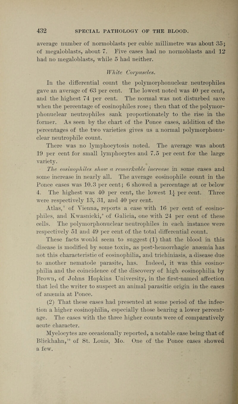 average number of normoblasts per cubic millimetre was about 35; of megaloblasts, about 7. Five cases had no normoblasts and 12 had no megaloblasts, while 5 had neither. White Corpuscles. In the differential count the polymorphonuclear neutrophiles gave an average of 63 per cent. The lowest noted was 40 per cent, and the highest 74 per cent. The normal was not disturbed save when the percentage of eosinophiles rose ; then that of the polymor¬ phonuclear neutrophiles sank proportionately to the rise in the former. As seen by the chart of the Ponce cases, addition of the percentages of the two varieties gives us a normal polymorphonu¬ clear neutrophile count. There was no lymphocytosis noted. The average was about 19 per cent for small lymphocytes and 7.5 per cent for the large variety. The eosinophiles show a remarkable increase in some cases and some increase in nearly all. The average eosinopliile count in the Ponce cases was 10.3 per cent; 6 showed a percentage at or below 4. The highest was 40 per cent, the lowest 1^ per cent. Three were respectively 13, 31, and 40 per cent. Atlas,7 of Vienna, reports a case with 16 per cent of eosino¬ philes, and Ivwasnicki,8 of Galicia, one with 24 per cent of these cells. The polymorphonuclear neutrophiles in each instance were respectively 51 and 49 per cent of the total differential count. These facts would seem to suggest (1) that the blood in this disease is modified by some toxin, as post-hemorrliagic anaemia has not this characteristic of eosinophilia, and trichiniasis, a disease due to another nematode parasite, has. Indeed, it was this eosino¬ philia and the coincidence of the discovery of high eosinophilia by Brown, of Johns Hopkins University, in the first-named affection that led the writer to suspect an animal parasitic origin in the cases of anaemia at Ponce. (2) That these cases had presented at some period of the infec¬ tion a higher eosinophilia, especially those bearing a lower percent¬ age. The cases with the three higher counts were of comparatively acute character. Myelocytes are occasionally reported, a notable case being that of Blickhahn,10 of St. Louis, Mo. One of the Ponce cases showed a few.