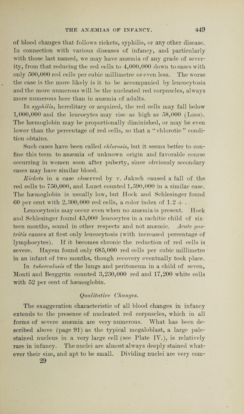 of blood changes that follows rickets, syphilis, or any other disease. In connection with various diseases of infancy, and particularly with those last named, we may have anaemia of any grade of sever¬ ity, from that reducing the red cells to 4,000,000 down to cases with only 500,000 red cells per cubic millimetre or even less. The worse the case is the more likely is it to be accompanied by leucocytosis and the more numerous will be the nucleated red corpuscles, always more numerous here than in anaemia of adults. In syphilis, hereditary or acquired, the red cells may fall below 1,000,000 and the leucocytes may rise as high as 58,000 (Loos). The haemoglobin may be proportionally diminished, or may be even lower than the percentage of red cells, so that a “ chlorotic ” condi¬ tion obtains. Such cases have been called chlorosis, but it seems better to con¬ fine this term to anaemia of unknown origin and favorable course occurring in women soon after puberty, since obviously secondary cases may have similar blood. Rickets in a case observed by v. Jaksch caused a fall of the red cells to 750,000, and Luzet counted 1,590,000 in a similar case. The haemoglobin is usually low, but Hock and Schlesinger found 60 per cent with 2,300,000 red cells, a color index of 1.2 —|— . Leucocytosis may occur even when no anaemia is present. Hock and Schlesinger found 45,000 leucocytes in a rachitic child of six¬ teen months, sound in other respects and not anaemic. Acute gas¬ tritis causes at first only leucocytosis (with increased percentage of lymphocytes). If it becomes chronic the reduction of red cells is severe. Hayem found only 685,000 red cells per cubic millimetre in an infant of two months, though recovery eventually took place. In tuberculosis of the lungs and peritoneum in a child of seven, Monti and Berggrtin counted 3,230,000 red and 17,200 white cells with 52 per cent of haemoglobin. Qualitative Changes. The exaggeration characteristic of all blood changes in infancy extends to the presence of nucleated red corpuscles, which in all forms of severe anaemia are very numerous. What has been de¬ scribed above (page 91) as the typical megaloblast, a large pale- stained nucleus in a very large cell (see Plate IV.), is relatively rare in infancy. The nuclei are almost always deeply stained what¬ ever their size, and apt to be small. Dividing nuclei are very com- 29