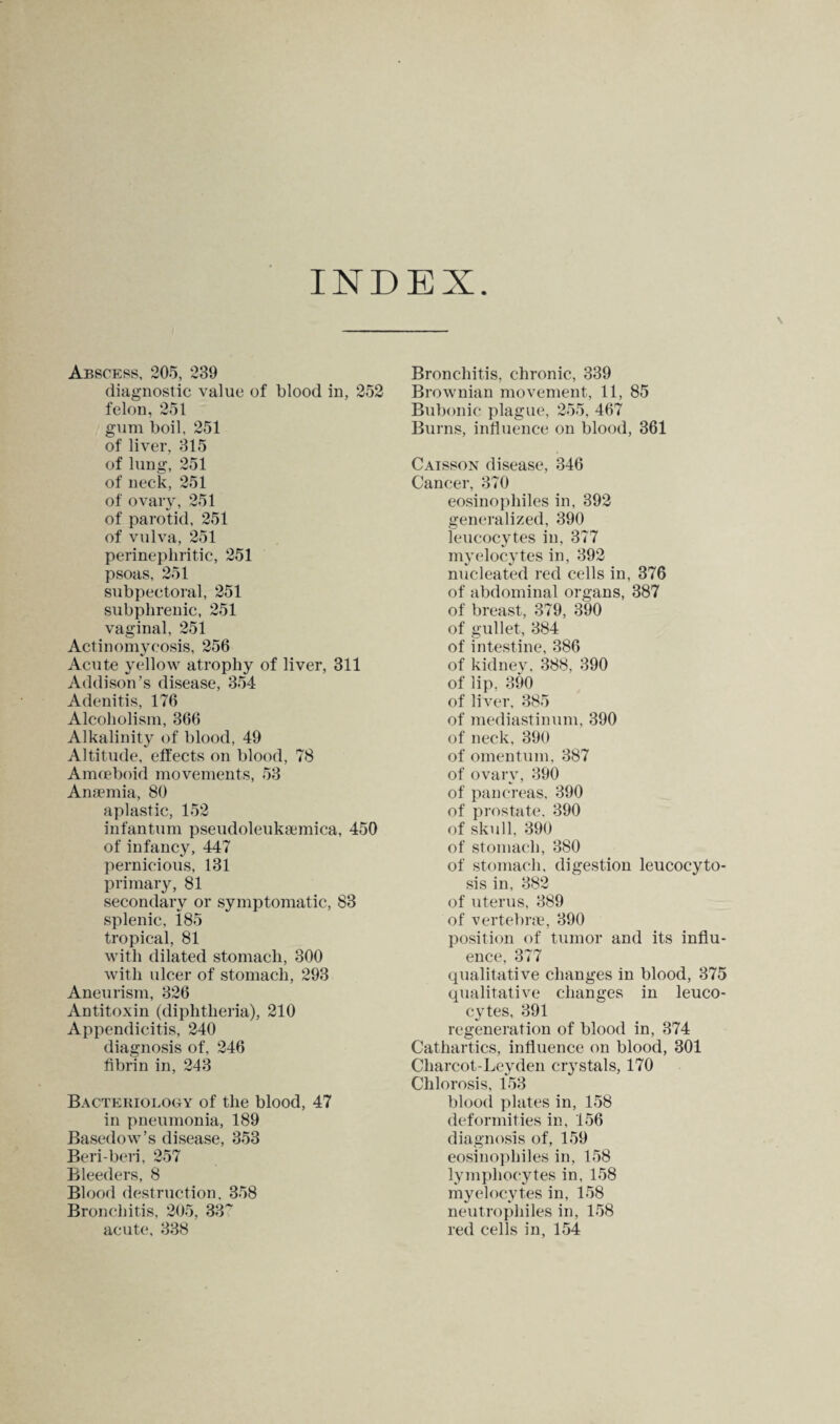 INDEX Abscess, 205, 239 diagnostic value of blood in, 252 felon, 251 gum boil, 251 of liver, 315 of lung, 251 of neck, 251 of ovary, 251 of parotid, 251 of vulva, 251 perinephritic, 251 psoas, 251 subpectoral, 251 subphrenic, 251 vaginal, 251 Actinomycosis, 256 Acute yellow atrophy of liver, 311 Addison’s disease, 354 Adenitis, 176 Alcoholism, 366 Alkalinity of blood, 49 Altitude, effects on blood, 78 Amceboid movements, 53 Anaemia, 80 aplastic, 152 infantum pseudoleukaemica, 450 of infancy, 447 pernicious, 131 primary, 81 secondary or symptomatic, 83 splenic, 185 tropical, 81 with dilated stomach, 300 with ulcer of stomach, 293 Aneurism, 326 Antitoxin (diphtheria), 210 Appendicitis, 240 diagnosis of, 246 fibrin in, 243 Bacteriology of the blood, 47 in pneumonia, 189 Basedow’s disease, 353 Beri beri, 257 Bleeders, 8 Blood destruction, 358 Bronchitis, 205, 33~ acute, 338 Bronchitis, chronic, 339 Brownian movement, 11, 85 Bubonic plague, 255, 467 Burns, influence on blood, 361 Caisson disease, 346 Cancer, 370 eosinophiles in, 392 generalized, 390 leucocytes in, 377 myelocytes in, 392 nucleated red cells in, 376 of abdominal organs, 387 of breast, 379, 390 of gullet, 384 of intestine, 386 of kidney, 388, 390 of lip, 390 of liver, 385 of mediastinum, 390 of neck, 390 of omentum, 387 of ovary, 390 of pancreas, 390 of prostate, 390 of skull, 390 of stomach, 380 of stomach, digestion leucocyto- sis in, 382 of uterus, 389 of vertebrae, 390 position of tumor and its influ¬ ence, 377 qualitative changes in blood, 375 qualitative changes in leuco¬ cytes, 391 regeneration of blood in, 374 Cathartics, influence on blood, 301 Charcot-Leyden crystals, 170 Chlorosis, 153 blood plates in, 158 deformities in, 156 diagnosis of, 159 eosinophiles in, 158 lymphocytes in, 158 myelocytes in, 158 neutrophiles in, 158 red cells in, 154