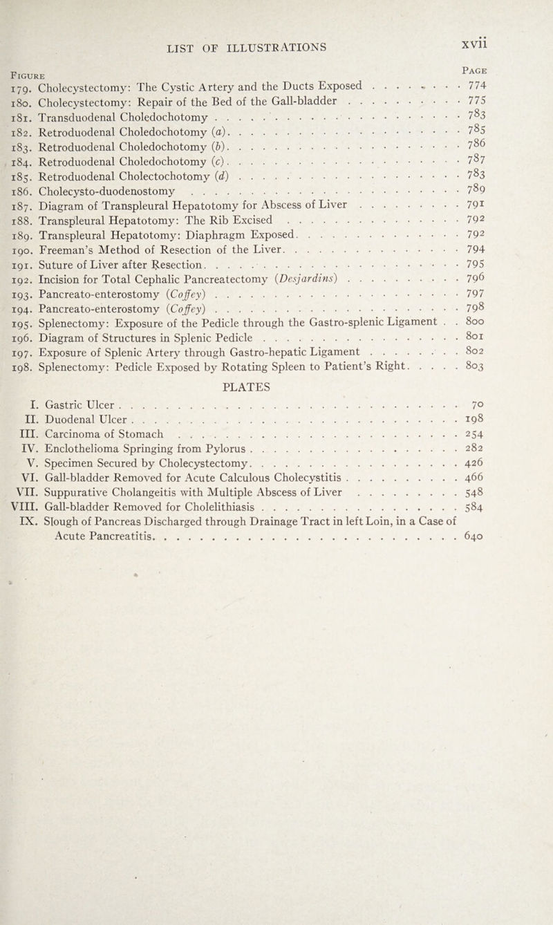 Figure Page 179. Cholecystectomy: The Cystic Artery and the Ducts Exposed ........ 774 180. Cholecystectomy: Repair of the Bed of the Gall-bladder ..775 181. Transduodenal Choledochotomy. 7^3 182. Retroduodenal Choledochotomy (a).7^5 183. Retroduodenal Choledochotomy (b). 786 184. Retroduodenal Choledochotomy (c). 7^7 185. Retroduodenal Cholectochotomy (d). 7^3 186. Cholecysto-duodenostomy .7§9 187. Diagram of Transpleural Hepatotomy for Abscess of Liver.791 188. Transpleural Hepatotomy: The Rib Excised.79 2 189. Transpleural Hepatotomy: Diaphragm Exposed.792 190. Freeman’s Method of Resection of the Liver.794 191. Suture of Liver after Resection. 795 192. Incision for Total Cephalic Pancreatectomy (Desjardins).79^ 193. Pancreato-enterostomy (Coffey).797 194. Pancreato-enterostomy (Cofey).79$ 195. Splenectomy: Exposure of the Pedicle through the Gastro-splenic Ligament . . 800 196. Diagram of Structures in Splenic Pedicle.801 197. Exposure of Splenic Artery through Gastro-hepatic Ligament.802 198. Splenectomy: Pedicle Exposed by Rotating Spleen to Patient’s Right.803 PLATES I. Gastric Ulcer.7° II. Duodenal Ulcer.198 III. Carcinoma of Stomach.254 IV. Endothelioma Springing from Pylorus.282 V. Specimen Secured by Cholecystectomy.426 VI. Gall-bladder Removed for Acute Calculous Cholecystitis.466 VII. Suppurative Cholangeitis with Multiple Abscess of Liver.548 VIII. Gall-bladder Removed for Cholelithiasis.584 IX. Slough of Pancreas Discharged through Drainage Tract in left Loin, in a Case of Acute Pancreatitis.640
