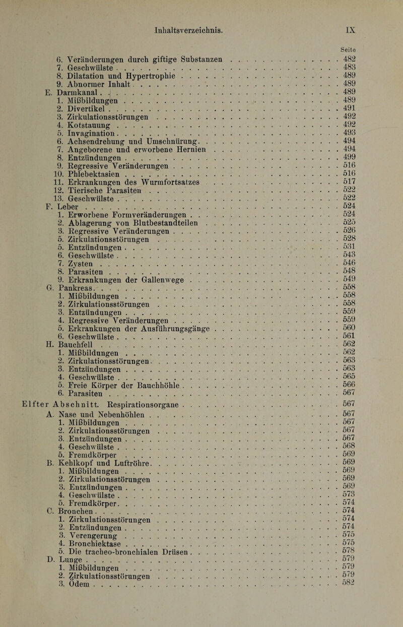 6. Veränderungen durch giftige Substanzen 7. Geschwülste. 8. Dilatation und Hypertrophie. 9. Abnormer Inhalt. E. Darmkanal. 1. Mißbildungen. 2. Divertikel. 3. Zirkulationsstörungen.. 4. Kotstauung. ö. Invagination.. 6. Achsendrehung und Umschnürung. . . 7. Angeborene und erworbene Hernien . , 8. Entzündungen. 9. Regressive Veränderungen. 10. Phlebektasien. 11. Erkrankungen des Wurmfortsatzes . . 12. Tierische Parasiten.. 13. Geschwülste. F. Leber. 1. Erworbene Formveränderungen .... 2. Ablagerung von Blutbestandteilen . . 3. Regressive Veränderungen. 5. Zirkulationsstörungen. . 5. Entzündungen. 6. Geschwülste. 7. Zysten. 8. Parasiten. 9. Erkrankungen der Gallenwege .... G. Pankreas. 1. Mißbildungen. 2. Zirkulationsstörungen. 3. Entzündungen. 4. Regressive Veränderungen. 5. Erkrankungen der Ausführungsgänge . 6. Geschwülste. H. Bauchfell. 1. Mißbildungen. 2. Zirkulationsstörungen. 3. Entzündungen. 4. Geschwülste. 5. Freie Körper der Bauchhöhle. 6. Parasiten. Elfter Abschnitt. Respirationsorgane. A. Nase und Nebenhöhlen . . .. 1. Mißbildungen. 2. Zirkulationsstörungen. 3. Entzündungen. 4. Geschwülste. 5. Fremdkörper. B. Kehlkopf und Luftröhre. 1. Mißbildungen. 2. Zirkulationsstörungen. 3. Entzündungen. 4. Geschwülste. 5. Fremdkörper.. C. Bronchen . 1. Zirkulationsstörungen. 2. Entzündungen. 3. Verengerung. 4. Bronchiektase. 5. Die tracheo-bronchialen Drüsen .... D. Lunge . 1. Mißbildungen. 2. Zirkulationsstörungen. 3. Ödem. Seite . 482 . 483 . 489 . 489 . 489 . 489 . 491 . 492 . 492 . 493 . 494 . 494 . 499 . 516 . 516 . 517 . 522 . 522 . 524 . 524 . 525 . 526 . 528 . 531 . 543 . 546 . 548 . 549 . 558 . 558 . 558 . 559 . 559 . 560 . 561 . 562 . 562 . 563 . 563 . 565 . 566 . 567 . 567 . 567 . 567 . 567 . 567 . 568 . 569 . 569 . 569 . 569 . 569 . 573 . 574 . 574 . 574 . 574 . 575 . 575 . 578 . 579 . 579 . 579 . 582