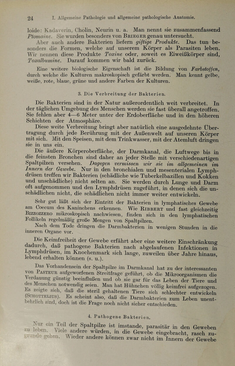 loide: Kadaverin, Cholin, Neurin u. a. Man nennt sie zusammenfassend Ptomaine. Sie wurden besonders von Brieger genau untersucht. Aber auch andere Bakterien liefern giftige Produkte. Das tun be¬ sonders die Formen, welche auf unserem Körper als Parasiten leben. Wir nennen diese Produkte Toxine oder, soweit es Eiweißkörper sind, Toxalbumine. Darauf kommen wir bald zurück. Eine weitere biologische Eigenschaft ist die Bildung von Farbstoffen, durch welche die Kulturen makroskopisch gefärbt werden. Man kennt gelbe, weiße, rote, blaue, grüne und andere Farben der Kulturen. 3. Die Verbreitung der Bakterien. Die Bakterien sind in der Natur außerordentlich weit verbreitet. In der täglichen Umgebung des Menschen werden sie fast überall angetroffen. Sie fehlen aber 4—6 Meter unter der Erdoberfläche und in den höheren Schichten der Atmosphäre. Diese weite Verbreitung bringt aber natürlich eine ausgedehnte Über¬ tragung durch jede Berührung mit der Außenwelt auf unseren Körper mit sich. Mit den Speisen, mit dem Trinkwasser, mit der Atemluft dringen sie in uns ein. Die äußere Körperoberfläche, der Darmkanal, die Luftwege bis in die feinsten Bronchen sind daher an jeder Stelle mit verschiedenartigen Spaltpilzen versehen. Dagegen vermissen wir sie im allgemeinen im Innern der Gewebe. Nur in den bronchialen und mesenterialen Lymph- drüsen treffen wir Bakterien (schädliche wie Tuberkelbazillen und Kokken und unschädliche) nicht selten an. Sie werden durch Lunge und Darm oft aufgenommen und den Lymphdrüsen zugeführt, in denen sich die un¬ schädlichen nicht, die schädlichen nicht immer weiter entwickeln. Sehr gut läßt sich der Eintritt der Bakterien in lymphatisches Gewebe am Coecum des Kaninchens erkennen. Wie Bibbert und fast gleichzeitig Lizzozzero mikroskopisch nach wiesen, finden sich in den lvmphatischen Follikeln regelmäßig große Mengen von Spaltpilzen. Nach dem Tode dringen die Darmbakterien in wenigen Stunden in die imieren Organe vor. ^eiinfreiheit der Gewebe erfährt aber eine weitere Einschränkung dadurch, daß pathogene Bakterien nach abgelaufenen Infektionen in Lymphdrusen, im Knochenmark sich lange, zuweilen über Jahre hinaus, lebend erhalten können (s. u.). bas Vorhandensein der Spaltpilze im Darmkanal hat zu der interessanten von Basteur aufgeworfenen Streitfrage geführt, ob die Mikroorganismen die ' o auung günstig beeinflußen und ob sie gar für das Leben der Tiere und -nf® enf° e.n notwendig seien. Man hat Hühnchen völlig keimfrei aufgezogen. * ^ 6 Slc ’ Bl'ei>d gehaltenen Tiere sich schlechter entwickeln (Schottelius). Es scheint also, daß die Darmbakterien zum Leben unent- behrlich sind, doch ist die Frage noch nicht sicher entschieden. 4. Pathogene Bakterien. .... Vbkem-sr11 der, Spaltpilze ist imstande, parasitär in den Geweben -StA“?® wurden, in die Gewebe eingebracht, rasch zu-  ^ ö'' ‘ Wieder andere können zwar nicht im Innern der Gewebe