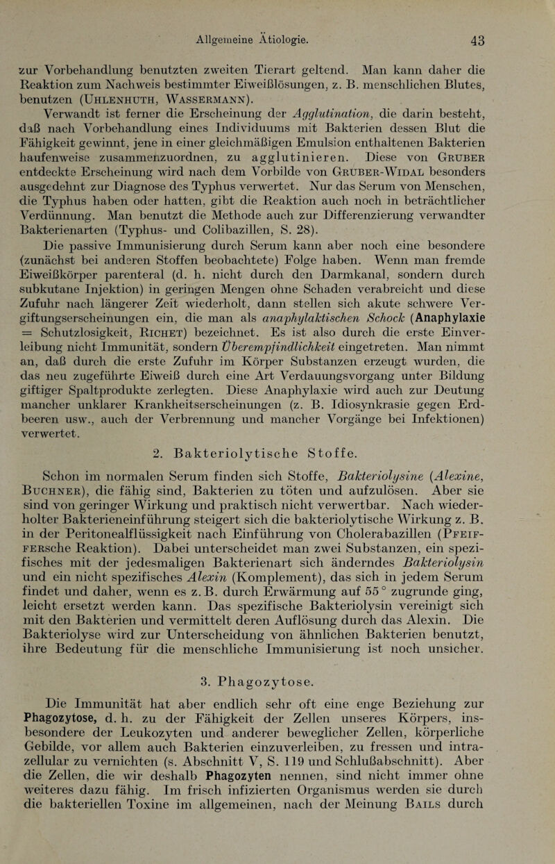 zur Vorbehandlung benutzten zweiten Tierart geltend. Man kann daher die Reaktion zum Nachweis bestimmter Eiweißlösungen, z. B. menschlichen Blutes, benutzen (Uhlenhuth, Wassermann). Verwandt ist ferner die Erscheinung der Agglutination, die darin besteht, daß nach Vorbehandlung eines Individuums mit Bakterien dessen Blut die Fähigkeit gewinnt, jene in einer gleichmäßigen Emulsion enthaltenen Bakterien haufenweise zusammenzuordnen, zu agglutinieren. Diese von Gruber entdeckte Erscheinung wird nach dem Vorbilde von Gruber-Widal besonders ausgedehnt zur Diagnose des Typhus verwertet. Nur das Serum von Menschen, die Typhus haben oder hatten, gibt die Reaktion auch noch in beträchtlicher Verdünnung. Man benutzt die Methode auch zur Differenzierung verwandter Bakterienarten (Typhus- und Colibazillen, S. 28). Die passive Immunisierung durch Serum kann aber noch eine besondere (zunächst bei anderen Stoffen beobachtete) Folge haben. Wenn man fremde Eiweißkörper parenteral (d. h. nicht durch den Darmkanal, sondern durch subkutane Injektion) in geringen Mengen ohne Schaden verabreicht und diese Zufuhr nach längerer Zeit wiederholt, dann stellen sich akute schwere Ver¬ giftungserscheinungen ein, die man als anaphylaktischen Schock (Anaphylaxie = Schutzlosigkeit, Richet) bezeichnet. Es ist also durch die erste Einver¬ leibung nicht Immunität, sondern Überempjindlichkeit eingetreten. Man nimmt an, daß durch die erste Zufuhr im Körper Substanzen erzeugt wurden, die das neu zugeführte Eiweiß durch eine Art VerdauungsVorgang unter Bildung giftiger Spaltprodukte zerlegten. Diese Anaphylaxie wird auch zur Deutung mancher unklarer Krankheitserscheinungen (z. B. Idiosynkrasie gegen Erd¬ beeren usw., auch der Verbrennung und mancher Vorgänge bei Infektionen) verwertet. 2. Bakteriolytische Stoffe. Schon im normalen Serum finden sich Stoffe, Bakterioly sine (Alexine, Büchner), die fähig sind, Bakterien zu töten und aufzulösen. Aber sie sind von geringer Wirkung und praktisch nicht verwertbar. Nach wieder¬ holter Bakterieneinführung steigert sich die bakteriolytische Wirkung z. B. in der Peritonealflüssigkeit nach Einführung von Cholerabazillen (Pfeif- FERsche Reaktion). Dabei unterscheidet man zwei Substanzen, ein spezi¬ fisches mit der jedesmaligen Bakterienart sich änderndes Bakteriolysin und ein nicht spezifisches Alexin (Komplement), das sich in jedem Serum findet und daher, wenn es z.B. durch Erwärmung auf 55° zugrunde ging, leicht ersetzt werden kann. Das spezifische Bakteriolysin vereinigt sich mit den Bakterien und vermittelt deren Auflösung durch das Alexin. Die Bakteriolyse wird zur Unterscheidung von ähnlichen Bakterien benutzt, ihre Bedeutung für die menschliche Immunisierung ist noch unsicher. 3. Phagoz Die Immunität hat aber endlich sehr oft eine enge Beziehung zur Phagozytose, d. h. zu der Fähigkeit der Zellen unseres Körpers, ins¬ besondere der Leukozyten und anderer beweglicher Zellen, körperliche Gebilde, vor allem auch Bakterien einzuverleiben, zu fressen und intra¬ zellular zu vernichten (s. Abschnitt V, S. 119 und Schlußabschnitt). Aber die Zellen, die wir deshalb Phagozyten nennen, sind nicht immer ohne weiteres dazu fähig. Im frisch infizierten Organismus werden sie durch die bakteriellen Toxine im allgemeinen, nach der Meinung Bails durch