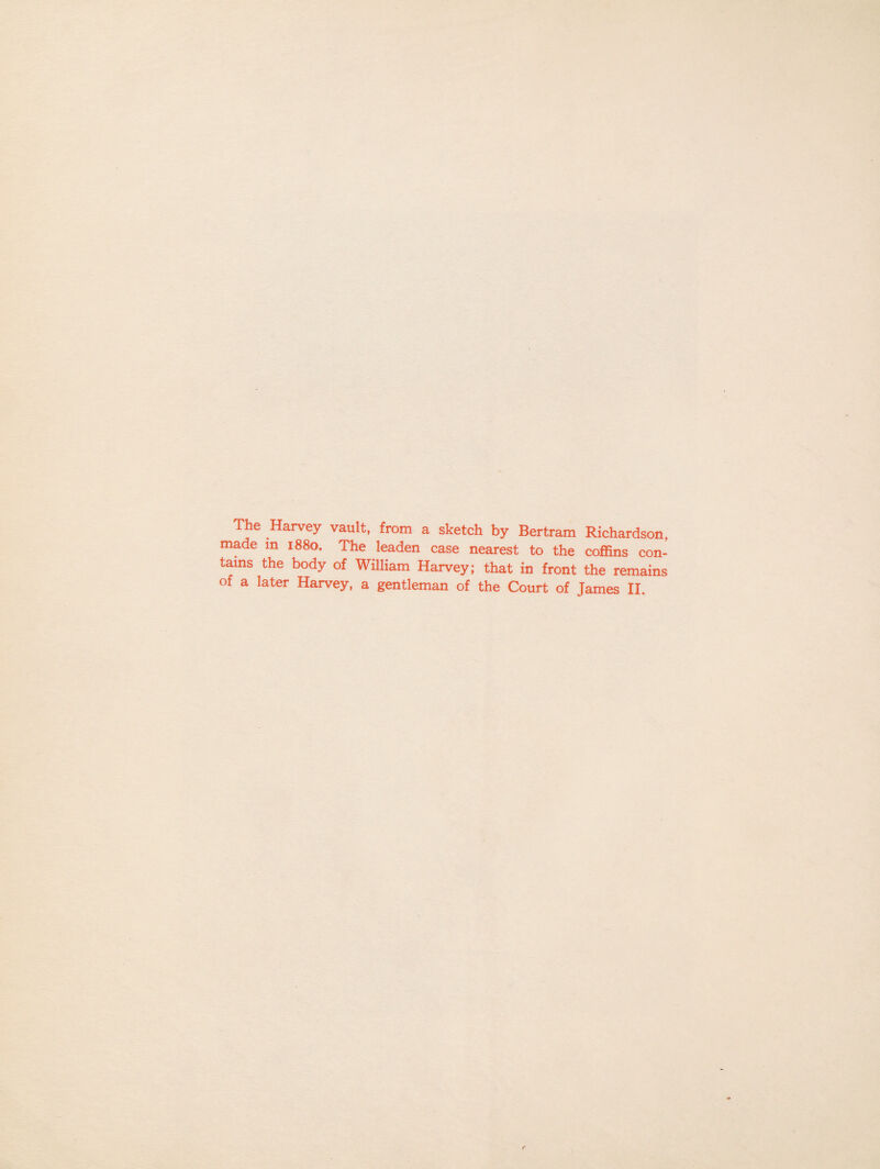 The Harvey vault, from a sketch by Bertram Richardson, made in 1880. The leaden case nearest to the coffins con¬ tains the body of William Harvey; that in front the remains