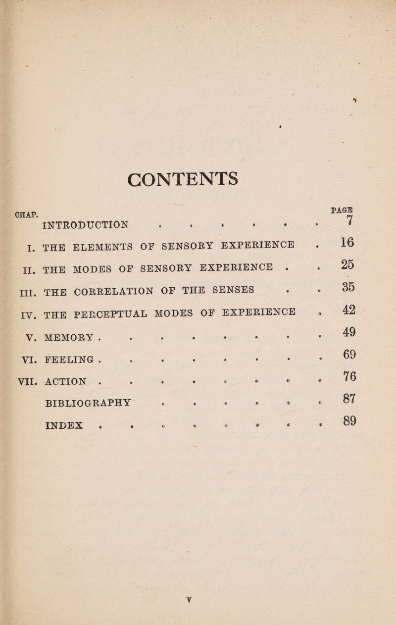 CONTENTS CHAP. INTRODUCTION. I. THE ELEMENTS OF SENSORY EXPERIENCE II. THE MODES OF SENSORY EXPERIENCE . III. THE CORRELATION OF THE SENSES IY. THE PERCEPTUAL MODES OF EXPERIENCE V. MEMORY.. VI. FEELING VII. ACTION ....»»«■ BIBLIOGRAPHY . . • • * INDEX c » ° « « » < PAGE 7 16 25 35 42 49 69 76 87 89