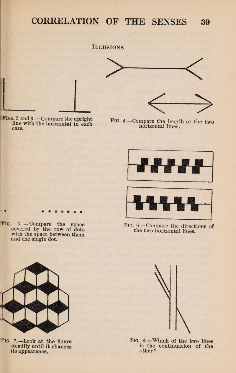Illusions : Figs. 2 and 3.—Compare the upright line with the horizontal in each case. ® • Fig. 5. —Compare the space covered by the row of dots with the space between them and the single dot. Fig. 7.—Look at the figure steadily until it changes its appearance. >-< Fig. 4.—Compare the length of the two horizontal lines. Fig. 6.—Compare the directions of the two horizontal lines. Fig. 8.—Which of the two lines is the continuation of the other ?